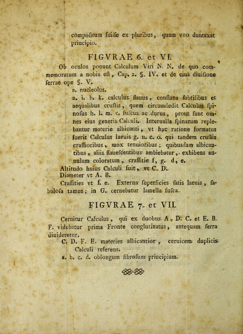 1 \ % compofituin fuilfe ex pluribus j quam vno duntaxat principio. FIGVRAE 6. et VL Ob oculos ponunt Calculum Viri N; N. de quo com- memoratum a nobis eft ^ Cap^ 2. IV. et de eius diuifione ferrae ope §. V. a. nucleolus. a. i. b, k. calculus jflauus, conflans fubtilibus et aequalibus crudis, quem circumdedit Calculus fpi* nofus h. 1. ra. c. fufcus ac durus, prout fuut om« nes eius generis Calculi. Iiiterualla fpinarum reple- bantur materie albicanti ^ vt hpc ratione formatus fuerit Cafculus laeuis. g. n. c.. o. qui tandem crufiis craflioribus mox tenuioribus ;; quibusdam albican- tibus , aliia fiauefcentibus- ambiebatur exhibens an- nulum coloratum 5, craflitie f, g. d, e. Altitudo huius Calculi fuitvt C. D.. Diameter vt A. B«. Craffities vt f. e. Externa fuperficies fatis laeuis , fa- bulofa tamen i in cernebatur lamella< fufea. FIGVRAE 7. et VII. Cernitur Calculus, qui ex duobus. A,, D‘; C. et E. B.. F. videbatur prima Fronte conglutinatus, antequam, ferra diuideretur. C. D. F. E. materies albicantior ^ ceruicem. duplicis; Calculi referens. a. b. c. d. oblongum fibrofum; principium.