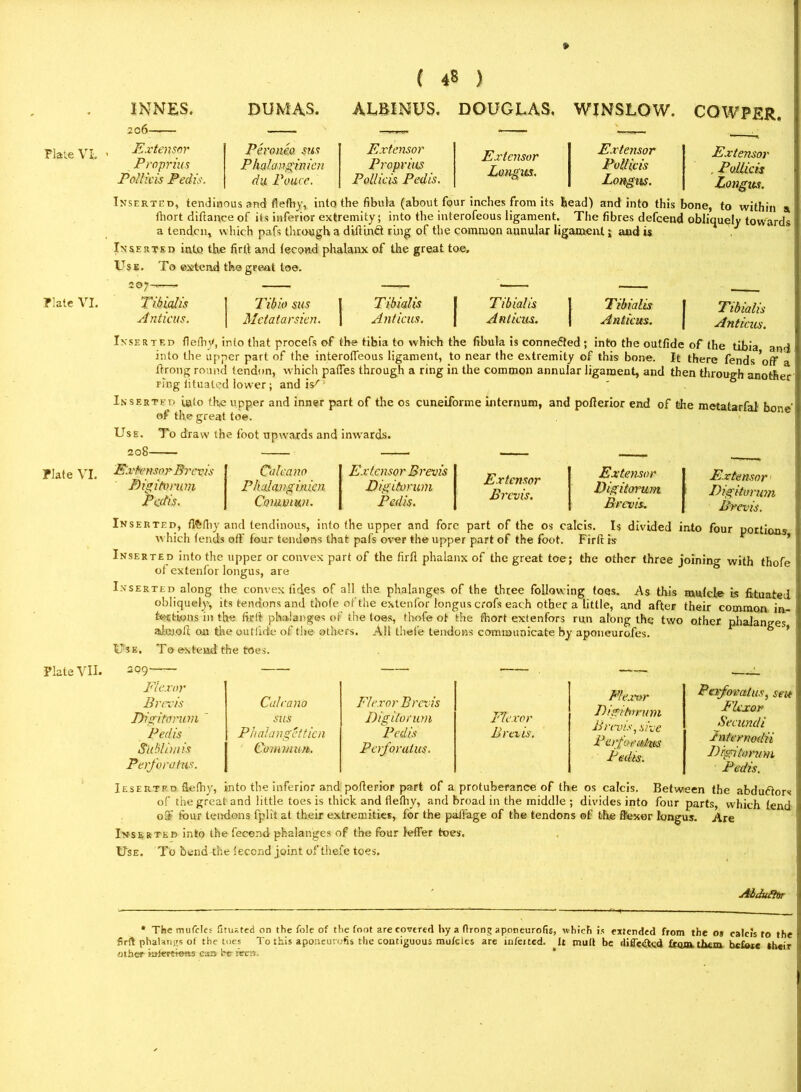* Plate V*. Plate VI. INNES. 206—— Extensor Proprim Pollicis Pedis. DUMAS. ( 48 ) ALBINUS. DOUGLAS. WINSLOW. CQWPER. Peroneo. sus Phalangmicn du Pouce. Extensor Proprius Pollicis Pedis. Extensor Longus. Extensor Pollicis Longus. Extensor . Pollicis Longus. Inserted, tendinous and flefhy, into the fibula (about four inches from its bead) and into this bone, to within a fhort diftance of its inferior extremity; into the interofeous ligament. The fibres defcend obliquely towards a tendcn, which pafs through a dilKndt ring of the common aunular ligament ; and is Inserted into the firfi and lecond phalanx of the great toe. Use. To extend the great toe. Tibialis Anticns. Inserted fiefhy, into that procefs of the tibia to which the fibula is connected ; into the outfide of the tibia and into the upper part of the interofieous ligament, to near the extremity of this bone. It there fends 'off a firong round tendon, which paffes through a ring in the common annular ligament, and then through another ring iituated lower; andis'1 In serted uido the upper and inner part of the os cuneiforme internum, and pofterior end of the metatarfal bone' of the great toe. Use. To draw the foot upwards and inwards. Plate VI. Tibialis Tibio su s T ibialis Tibialis Tibialis J Anticns. Metatarsien. | Anticns. Anticns. An tic us. j Extensor Brevis Digitorum Pedis. Calcano Phalanginien Cjommm. Extensor Brevis Digitorum Pedis. Extensor Brevis. Extensor Digitorum Brevis. Extensor Digitorum Brevis. Inserted, f&fiiy and tendinous, into the upper and fore part of the os calcis. Is divided into four portions which lends off four tendons that pals over the upper part of the foot. Firft is Inserted into the upper or convex part of the firfl phalanx of the great toe; the other three joining with thofe of extenfor longus, are Inserted along the convex tides of all the phalanges of the three following toes. As this mirlcle is Iituated obliquely, its tendons and thole of the extenfordongus crofs each other a little, and after their common in- tettions in the firfi phalanges of the loes, thofe ot the fhort extenfors run along the two other phalanges aJmoll on the ou tilde of the others. All thel’e tendons communicate by aponeurofes. ° * Use. To extend the toes. Plate VII. Pa for at us, seu Plexor Secundi Internodii Digitorum Pedis. Ieserted flelhy, into the inferior and pofierior part of a protuberance of the os calcis. Between the abdudtors of the great and little toes is thick and flelhy, and broad in the middle ; divides into four parts, which lend off four tendons fplit at their extremities, for the paffage of the tendons of the flexor longus. Are Inserted into the fecend phalanges of the four leffer toes. Use. To bend-the leccnd joint of thefe toes. T.T7 , flexor Brevis Calcano Flexor Brevis Plexor Digitorum Brevis, sive Digitorum ' sus Digitorum Flexor Pedis Phalangetticn Pedis Brevis. Sail iniis Perforates. Commun. Pcrforatus. 1 erfomtm Pedis. Abduflw * The mufeies fituated on the foie of the foot are covered by a ftrong aponeurolis, which is extended from the o» calcis to the firft phalangs of the toes To this aponeurofis the contiguous mulcles are infeited. It mult be difle&cd from, them befwe their other mfereiwts can be retn. *