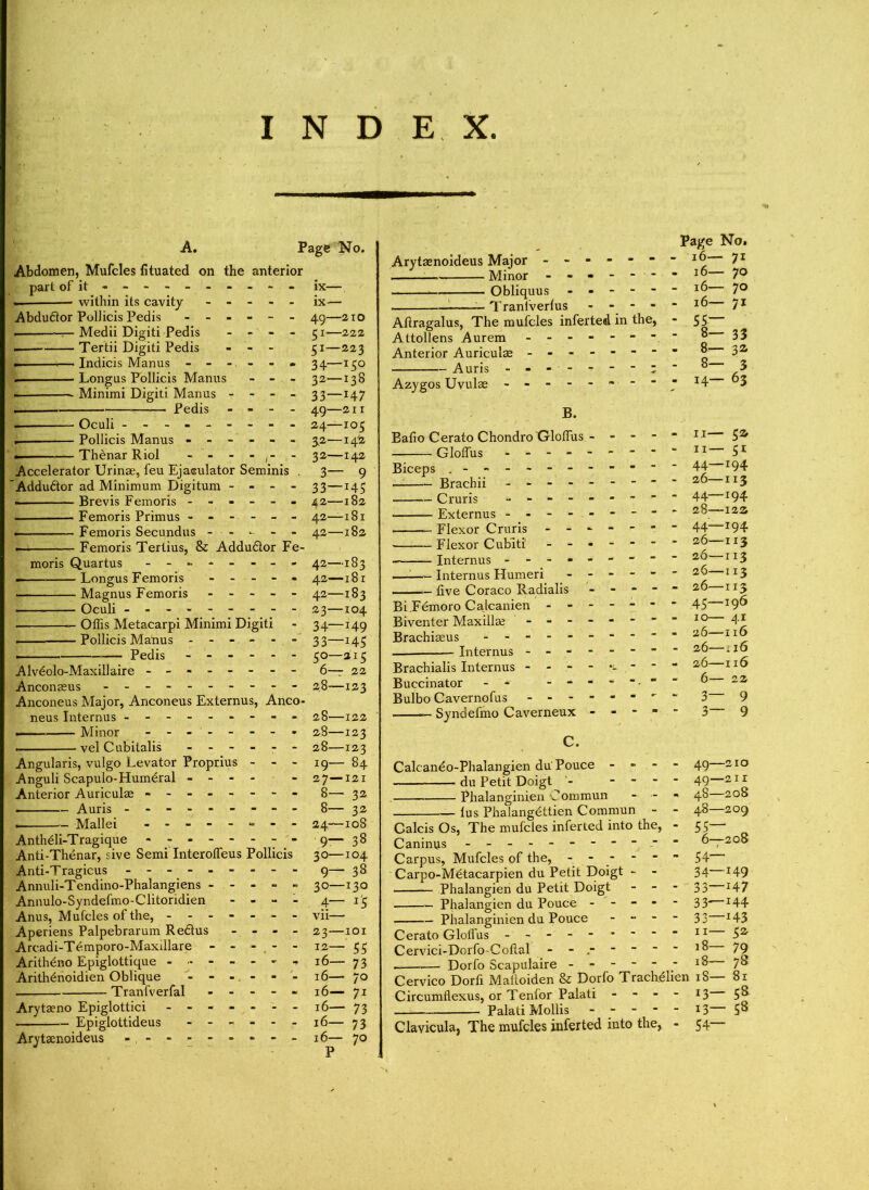 A. Page No. Abdomen, Mufcles fituated on the anterior part of it - -- -- -- -- - ix— — within its cavity ----- ix— Abdudtor PolJicis Pedis ------ 49—210 Medii Digiti Pedis - - - - 51—222 . Tertii Digiti Pedis - - - 51—223 — Indicis Manus ------ 34—130 . Longus Follicis Manus - - - 32—138 . Minimi Digiti Manus - - - - 33—147 Pedis - - - - 49—211 Oculi - -- -- -- -- 24—105 Pollicis Manus ------ 32—142 Thenar Riol 32—142 Accelerator Urinae, feu Ejasulator Seminis . 3— 9 Addudtor ad Minimum Digitum - - - - 33—145 - — Brevis Femoris ------ 42—182 Femoris Primus ------ 42—181 Femoris Secundus ------ 42—182 Femoris Tertius, & Addudlor Fe- moris Quartus ------ 42—183 . Longus Femoris - - - - 42—181 Magnus Femoris ----- 42—183 Oculi - -- -- -- -- 23—104 ■ Offis Metacarpi Minimi Digiti - 34—149 Pollicis Manus ------ 33—143 Pedis ------ 30—213 Alvdolo-Maxillaire - -- -- -- - 6— 22 Anconaeus - -- -- -- -- - 28-—123 Anconeus Major, Anconeus Externus, Anco- neus Internus - -- -- -- -- 28—122 —— Minor - -- -- -- - 28—123 ■ ■ - vel Cubitalis ------ 28—123 Angularis, vulgo Levator Proprius - - - 19— 84 Anguli Scapulo-Humeral - - - - - 27—121 Anterior Auriculae - -- -- -- - 8— 32 Auris - -- -- -- -- 8— 32 . Mallei - -- -- -- - 24—108 Anthdli-T ragique - -- -- -- - 9— 38 Anti-Thenar, sive Semi Interolfeus Pollicis 30—104 Anti-Tragicus - -- -- -- -- 9— 38 Annuli-Tendino-Phalangiens ----- 30—130 Annulo-Syndefmo-Clitoridien - - - - 4— ifj Anus, Mufcles of the, ------- vii—■ Aperiens Palpebrarum Redtus - - - - 23—101 Arcadi-Temporo-Maxdlare - - - - - 12— 33 Aritheno Epiglottique - ... - - - - 16— 73 Arithdnoidien Oblique ------ 16— 70 . Tranfverfal ----- 16— 71 Arytaeno Epiglottici ------- 16— 73 Epiglottideus ------ 16— 73 Arytsenoideus - -- -- -- -- 16— 70 Page No. Arytsenoideus Major ------- 16 71 Minor - - 16—70 Obliquus ------ 16 70 Tranlverfus ----- 16 71 Aftragalus, The mufcles inferted in the, - 55 Attollens Aurem - -- -- -- - & 33 Anterior Auriculae “ 3a Auris - -------- - ° 3 Azygos Uvulae ” ' * *4 3 B. Bafio Cerato Chondro Gloffus Gloffus - Biceps ,------ • Brachii - Cruris - - - - Externus - - - - Flexor Cruris - - Flexor Cubiti' - - Internus - - - - —i Internus Humeri five Coraco Radialis Bi Fdmoro Calcanien - - Biventer Maxillae - - - Brachiaeus - - - - - — Internus - - - Brachialis Internus - - - Buccinator - - - Bulbo Cavernofus - - - Syndefmo Caverneux 1,1— 5 z 11— 31 44—194 26—113 44—194 28—12a 44—194 26—113 26—113 26—113 26—115 43—196 10— 41 26—116 26—.16 26—116 6— 22 3— 9 3— 9 C. Calcando-Phalangien du Pouce - 49 210 du Petit Doigt - - - - - 49 211 Phalanginien Commun - - - —20^ fus Phalangdttien Commun - - 4^ 209 Calcis Os, The mufcles inferred into the, - 55— Caninus - - 6—208 Carpus, Mufcles of the, ------ 54 Carpo-Mdtacarpien du Petit Doigt - - 34 149 Phalangien du Petit Doigt - - - 33 147 Phalangien du Pouce ----- 33—144 Phalanginien du Pouce - - - - 33 143 Cerato Gloffus - -- -- -- -- 11 52 Cervici-Dorfo-Coflal 18 79 . — Dorfo Scapulaire ------ 18 78 Cervico Dorfi Mailoiden & Dorfo Trachdlien iS— 8r Circumflexus, or Tenfor Palati - - - - 13 58 Palati Mollis ----- 13 5S Clavicula, The mufcles inferted into the, - 54