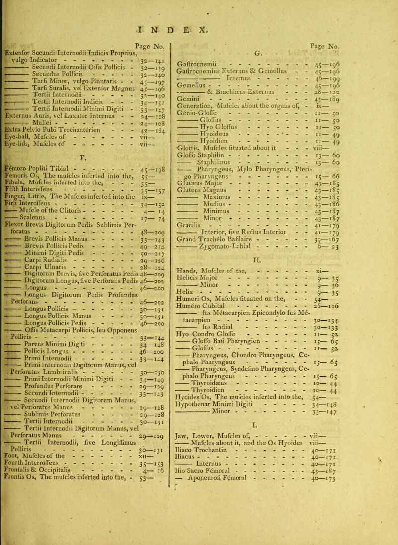 Page No. Extenfor Secundi Internodii Indicis Proprius, vulgo Indicator -------- 32—141 • Secundi Internodii Offis Pollicis - 32—139 • Secundus Pollicis ----- 32—140 — Tarti Minor, vulgo Plantaris - - 45—197 ———— Tarti Suralis, vel Extentor Magnus 45—196 — ■- Tertii Internodii ----- 32—140 ■—; Tertii Internodii Indicis - - - 34—151 ■ Tertii Internodii Minimi Digiti - 33—147 Externus Auris, vel Laxator Interims - - 24—108 — Mallei - -- -- 24—108 Extra Pelvio Pubi Trochantdrien - - - 42—184 Eye-ball, Mufeles of vii— Eye-lids, Mufeles of ------- vii— F. Femoro Popliti Tibial - - - - - - 43—xg8 Femoris Os, The mufeles inferted into the, 55— Fibula, Mufeles inferted into the, - - - 55— Fifth Interolfeus -------- 35—157 Finger, Little, The Mufeles inferted into the ix— Firlt Interolfeus - - - - 34—152 —— Mufcle of the Clitoris - ----- 4— 14 Scalenus - -- -- -- -- 17— 74 Flexor Brevis Digitorum Pedis Sublimis Per- foratus 48—209 Brevis Pollicis Manus ----- 33—143 Brevis Pollicis Pedis ----- 49—214 ■ Minimi Digiti Pedis ----- 50—217 Carpi Radialis ------- 29—126 Carpi Ulnaris 28—124 Digitorum Longus, live Perforans Pedis 46—202 • Longus - -- -- -- -- 46—200 • Longus Digitorum Pedis Profundus Perforans ---- - 46—202 Longus Pollicis ------- 30—131 — Longus Pollicis Manus - - - - 30—131 Longus Pollicis Pedis ----- 46—200 — Offis Metacarpi Pollicis, feu Opponens Pollicis - -- -- -- -- -- 33-—144 Parvus Minimi Digiti ----- 34—148 — Pollicis Longus ------- 46—200 Primi Internodii ------ 33—144 • Primi Internodii Digitorum Manus, vel . Perforatus Lumbricalis ------ 30—130 Primi Internodii Minimi Digiti - - 34—r49 Profundus Perforans ----- 29—129 Secundi Internodii ------ 33—143 Secundi Internodii Digitorum Manus, vel Perforatus Manus ------ 29—128 Sublimis Perforatus ------ 29—128 Tertii Internodii ------ 30—131 Tertii Internodii Digitorum Manus, vel Perforatus Manus ------- 29—129 • Tertii Internodii, five Longiffimus Pollicis - -- -- -- -- - 30—131 Foot, Mufeles of the ------- xii— Fourth Interroffeus - -- -- -- - 35—1^3 Frontalis & Occipitalis ------ 4— 16 Frontis Os, The mulcles infbrted into the, - 53— Gaftrocnemii - 45—196 Gafirocnemius Externus & Gemellus - - 45—196 . Interims ------ 46—199 Gemellus 45—196 & Brachiaeus Externus ... 28—122 Gemini - -- -- -- -- -- 43—189 Generation, Mufeles about the organs of, - ix— Gdnio-Gloffe - -- -- -- -- n— 50 Gloffus --------- n— 50 Hyo Gloifus - -- -- -- i j— 30 LIyoideus - - - . - - - 11— 49 • Hyoidien -------- 11— 49 Glottis, Mufeles fituated about it - - - viii— Gloilo Staphilin - -- -- -- -- 13— 60 Staphilinus - -- -- -- - 13— 60 Pharyngeus, Mylo Pharyngeus,'Pteri- go Pharyngeus - -- -- -- -15 — 66 Glutseus Major - 43—185 Gluteus Magnus - 43—185 • Maximus 43—185 Medius - -- -- -- -- 43 —186 Minimus - -- -- -- - 43—187 ■ Minor - - - -- -- -- 43—187 Gracilis ----------- 41—179 — Interior, five Rectus Interior - - 41 —179 Grand Trach6Io Bafilaire ------ 39—167 Zygomato-Labial ------ 6— 23 H. Hands, Mufeles of the, - - - - - ' - xi— Helicis Major - -- -- -- -- 9— 33 • Minor - -- -- -- -- 9— 36 Helix - -- -- -- -- -- - 9— 35 Humeri Os, Mufeles fituated on the, - - 54— Hunforo Cubital - -- -- -- - 26—116 fus Metacarpien Epieondylo fus M6- tacarpien - -- -- -- -- - 30—134 — fus Radial ------- 30—133 Hyo Condro Gloffe ------- n— 32 Glotfo Bafi Pharyngien 15— 65 —— Gloffus 11— 52 Pharyngeus, Chondro Pharyngeus, Ce- phalo Pharyngeus ------- 13— 65 Pharyngeus, Syndefmo Pharyngeus, Ce- phalo Pharyngeus - * ----- 15— 65 Thyroidaeus - -- -- -- - 10— 44 Thyroidien - -- -- -- - xo— 44 Hyoides Os, The mufeles inferted into the, 54— Elypothenar Minimi Digiti ----- 34—148 — Minor - -- -- -- - 33—147 I. Mufeles about it, and the Os Hyoides viii— Iliaco Trochantin - -- -- -- - 40—171 Iliacus ----------- - 40—171 Interims - -- -- -- -- 40—171 Ilio Sacro Femoral - - - - - - - - 43—187 — Aponeurofi Femoral - - - - - - 40—173