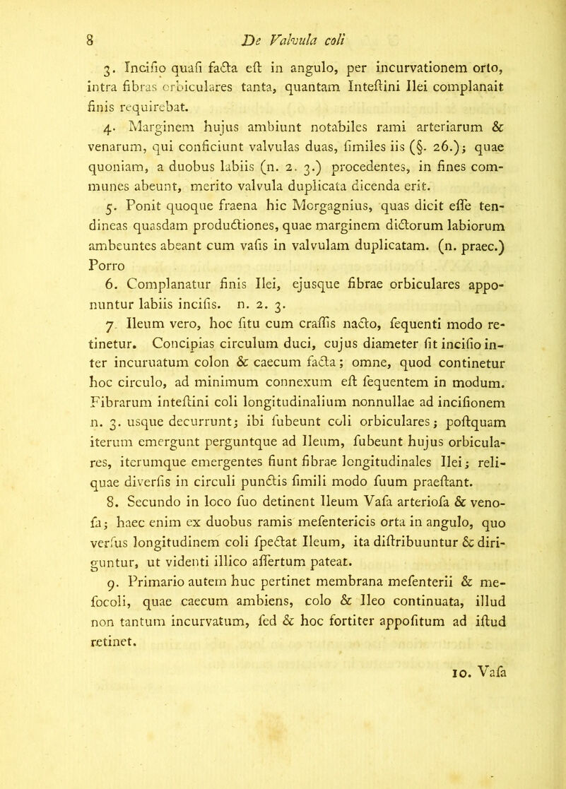 3. Indfio quafi fa61:a efl in angulo, per incurvationem orto, intra fibras orbiculares tanta, quantam Inteftini Ilei complanait finis requirebat. 4. Marginem hujus ambiunt notabiles rami arteriarum & venarum, qui conficiunt valvulas duas, fimiles iis (§. 26.) j quae quoniam, a duobus labiis (n. 2.3.) procedentes, in fines com- munes abeunt, merito valvula duplicata dicenda erit. 5. Ponit quoque fraena hic Mcrgagnius, quas dicit efiTe ten- dineas quasdam produdtiones, quae marginem didlorum labiorum ambeuntes abeant cum vafis in valvulam duplicatam, (n. praec.) Porro 6. Complanatur finis Ilei, ejusque fibrae orbiculares appo- nuntur labiis incifis. n. 2. 3. 7 Ileum vero, hoc fitu cum craffis nadlo, fequenti modo re- tinetur. Concipias circulum duci, cujus diameter fit incifio in- ter incuruatum colon & caecum fadla; omne, quod continetur hoc circulo, ad minimum connexum efi: fequentem in modum. Fibrarum inteftini coli longitudinalium nonnullae ad incifionem n. 3. usque decurrunt; ibi fubeunt coli orbiculares; poftquam iterum emergunt perguntque ad Ileum, fubeunt hujus orbicula- res, iterumque emergentes fiunt fibrae longitudinales Hei; reli- quae diverfis in circuli pundlis fimili modo fuum praeftant. 8. Secundo in loco fuo detinent Ileum Vafa arteriofa & veno- fii; haec enim ex duobus ramis mefentericis orta in angulo, quo verfus longitudinem coli fpedlat Ileum, ita diftribuuntur & diri- guntur, ut videnti illico afiertum pateat. 9. Primario autem huc pertinet membrana mefenterii & me- focoli, quae caecum ambiens, colo & Ileo continuata, illud non tantum incurvatum, fed & hoc fortiter appofitum ad iftud retinet. IO. Vafa