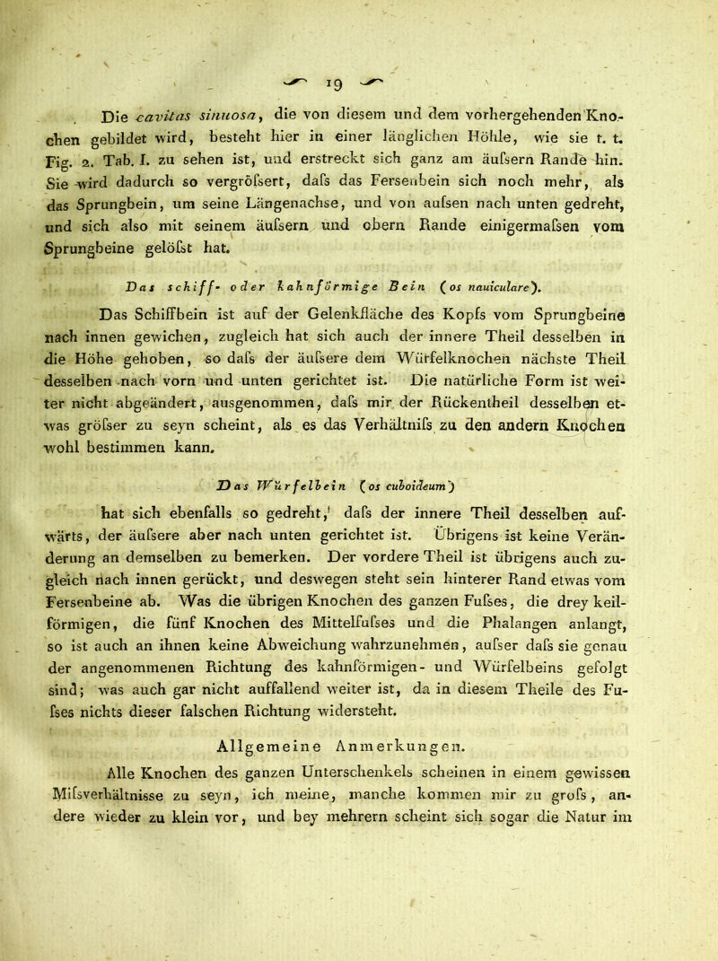 *9 Die cavitas sinuosa, die von diesem und dem vorhergehenden Kno- chen gebildet wird, besteht hier in einer länglichen Höhle, wie sie t. t. Fig. 2» Tab. I. zu sehen ist, und erstreckt sich ganz am äufsern Rande hin. Sie -wird dadurch so vergröfsert, dafs das Fersenbein sich noch mehr, als das Sprungbein, um seine Längenachse, und von aufsen nach unten gedreht, und sich also mit seinem äufsern und cbern Rande einigermafsen vom Sprungbeine gelöfst hat. Das schiff- oder hah nf 8 rmi ge Bein ( os nauiculare). Das SchifFbein ist auf der Gelenkfläche des Kopfs vom Sprungbeine nach innen gewichen, zugleich hat sich auch der innere Theil desselben in die Höhe gehoben, so dafs der äufsere dem Würfelknochen nächste Theil desselben nach vorn und unten gerichtet ist. Die natürliche Form ist wei- ter nicht abgeändert, ausgenommen, dafs mir der Rückentheil desselben et- was gröfser zu seyn scheint, als es das Verhältnifs zu den andern Knochen wohl bestimmen kann. Das W ur f eil ei n fos cuhoideum') hat sich ebenfalls so gedreht,* dafs der innere Theil desselben auf- wärts, der äufsere aber nach unten gerichtet ist. Übrigens ist keine Verän- derung an demselben zu bemerken. Der vordere Theil ist übrigens auch zu- gleich nach innen gerückt, und deswegen steht sein hinterer Rand etwas vom Fersenbeine ab. Was die übrigen Knochen des ganzen Fufses, die drey keil- förmigen, die fünf Knochen des Mittelfufses und die Phalangen anlangt, so ist auch an ihnen keine Abweichung wahrzunehmen, aufser dafs sie genau der angenommenen Richtung des kahnförmigen- und Würfelbeins gefolgt sind; was auch gar nicht auffallend weiter ist, da in diesem Theile des Fu- fses nichts dieser falschen Richtung widersteht. Allgemeine Anmerkungen. Alle Knochen des ganzen Unterschenkels scheinen in einem gewissen Mifsverhältnisse zu seyn, ich meine, manche kommen mir zu grofs, an- dere wieder zu klein vor, und bey mehrern scheint sich sogar die Natur im