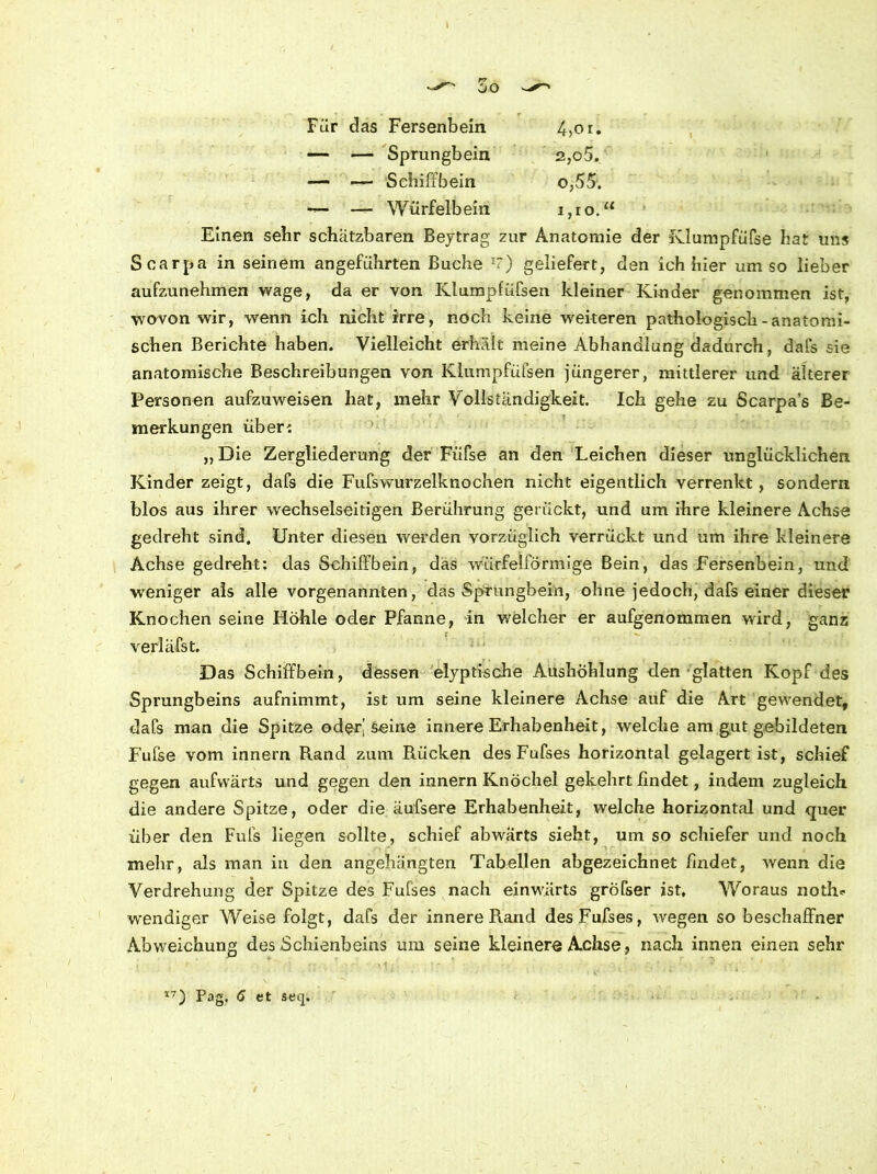 das Fersenbein 4)0 r. — Sprungbein 2,05. — Schiff bein o,55. — Würfelbein 1,10. Einen sehr schätzbaren Beytrag zur Anatomie der Klumpfüfse hat uns Scarpa in seinem angeführten Buche 1~) geliefert, den ich hier umso lieber aufzunehmen wage, da er von Klumpfüfsen kleiner Kinder genommen ist, wovon wir, wenn ich nicht irre, noch keine weiteren pathologisch-anatomi- schen Berichte haben. Vielleicht erhält meine Abhandlung dadurch, dafs sie anatomische Beschreibungen von Klumpfüfsen jüngerer, mittlerer und älterer Personen aufzuweisen hat, mehr Vollständigkeit. Ich gehe zu Scarpa’s Be- merkungen übern „Die Zergliederung der Füfse an den Leichen dieser unglücklichen Kinder zeigt, dafs die Fufswurzelknochen nicht eigentlich verrenkt, sondern blos aus ihrer wechselseitigen Berührung gerückt, und um ihre kleinere Achse gedreht sind. Unter diesen werden vorzüglich verrückt und um ihre kleinere Achse gedreht: das Sehiffbein, das würfelförmige Bein, das Fersenbein, und weniger als alle vorgenannten, das Sprungbein, ohne jedoch, dafs einer dieser Knochen seine Höhle oder Pfanne, in welcher er aufgenommen wird, ganz verläfst. Das Schiffbein, dessen eiyptische Aushöhlung den glatten Kopf des Sprungbeins aufnimmt, ist um seine kleinere Achse auf die Art gewendet, dafs man die Spitze oder! seine innere Erhabenheit, welche am gut gebildeten Fufse vom innern Rand zum Rücken desFufses horizontal gelagert ist, schief gegen aufwärts und gegen den innern Knöchel gekehrt findet, indem zugleich die andere Spitze, oder die äufsere Erhabenheit, welche horizontal und quer über den Fuls liegen sollte, schief abwürts sieht, um so schiefer und noch mehr, als man in den angehängten Tabellen abgezeichnet findet, wenn die Verdrehung der Spitze des Fufses nach einwärts gröTser ist. Woraus noth* wendiger Weise folgt, dafs der innere Rand desFufses, wegen so beschaffner Abweichung des Schienbeins um seine kleiner« Achse, nach innen einen sehr I7) Pag. 6 et seq.