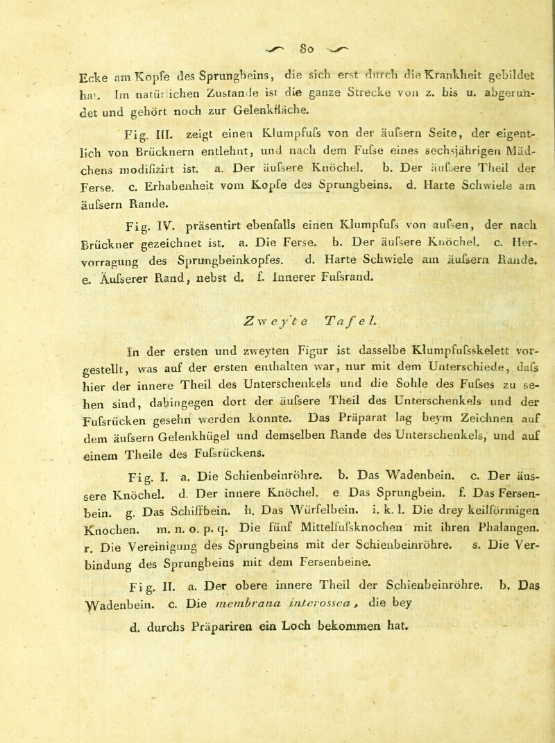 Ecke am Kopfe des Sprungbeins, die sich erst durch die Krankheit gebildet ha'. Tin natürlichen Zustande ist die ganze Strecke von z. bis u. abgerun- det und gehört noch zur Gelenkfkiche. Fig. III. zeigt einen Klumpfufs von der äufsern Seite, der eigent- lich von Brücknern entlehnt, und nach dem Fufse eines sechsjährigen Mäd- chens modifizirt ist. a. Der äufsere Knöchel. b. Der äufsere Tlieil der Ferse, c. Erhabenheit vom Kopfe des Sprungbeins, d. Harte Schwiele ain äufsern Rande. Fig. IV. präsentirt ebenfalls einen Klumpfufs von aufsen, der nach Brückner gezeichnet ist. a. Die Ferse, b. Der äufsere Knöchel, c. Her- vorragung des Sprungbeinkopfes. d. Harte Schwiele am iiufsern Rande, e. Äufserer Rand, nebst d. f. Innerer Fufsrand. » Zw eyte T a f e L In der ersten und zweyten Figur ist dasselbe Klumpfufsskelett vor- gestellt, was auf der ersten enthalten war, nur mit dem Unterschiede, dafs hier der innere Theil des Unterschenkels und die Sohle des Fufses zu se- hen sind, dahingegen dort der äufsere Theil des Unterschenkels und der Fufsrücken gesehn werden konnte. Das Präparat lag beym Zeichnen auf dem äufsern Gelenkhügel und demselben Rande des Unterschenkels, und auf einem Theile des Fufsrückens. Fig. I. a. Die Schienbeinröhre, b. Das Wadenbein, c. Der äus- sere Knöchel, d. Der innere Knöchel, e Das Sprungbein, f. Das Fersen- bein. g. Das Schiffbein. h. Das Würfelbein. i. k. 1. Die drey keilförmigen Knochen. m. n. o. p. q. Die fünf Mittelfufsknochen mit ihren Phalangen, r. Die Vereinigung des Sprungbeins mit der Schienbeinröhre. s. Die Ver- bindung des Sprungbeins mit dein Fersenbeine. Fig. IT. a. Der obere innere Theil der Sclnenbeinröhre. b, Das Wadenbein, c. Die membrana interossea, die bey d. durchs Präpariren ein Loch bekommen hat.