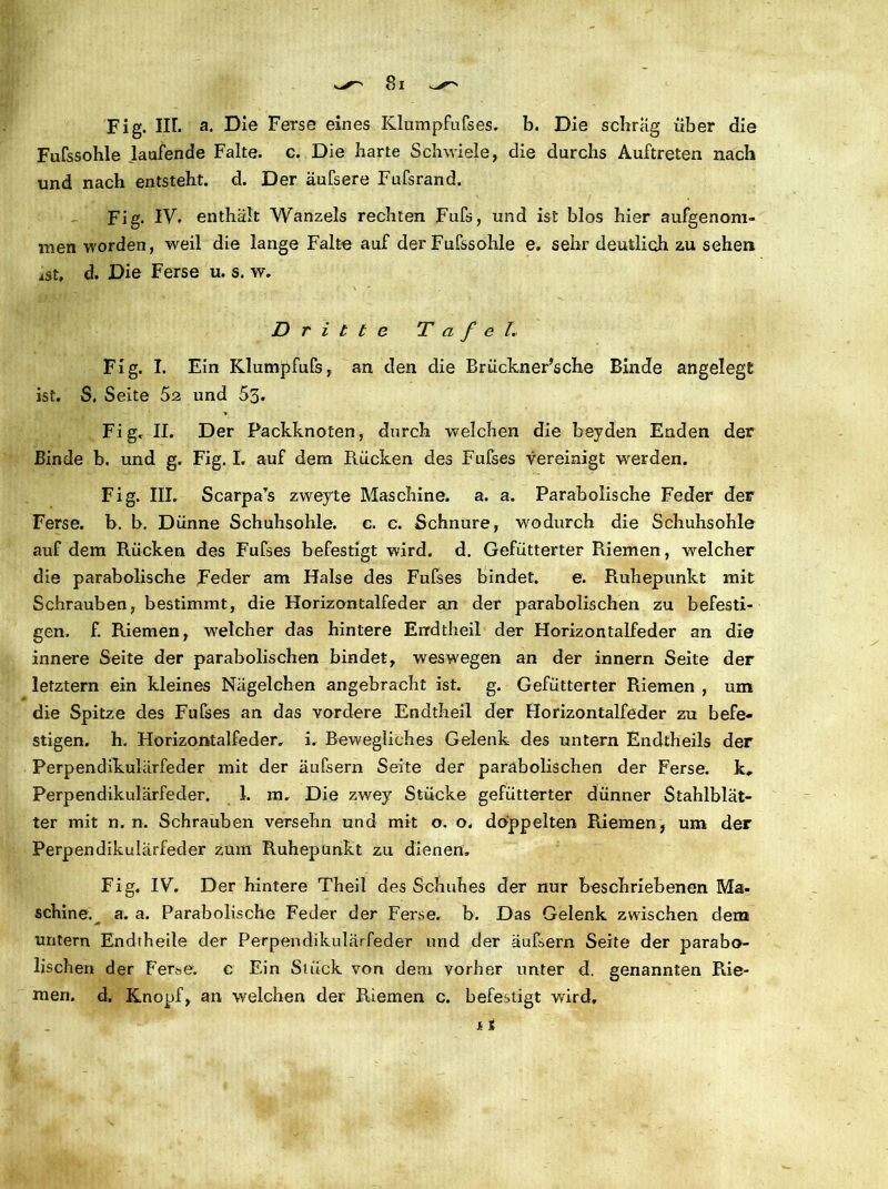 Fig. IIL a. Die Ferse eines Klumpfufses. b. Die schräg über die Fufssohle laufende Falte, c. Die harte Schwiele, die durchs Auftreten nach und nach entsteht, d. Der äufsere Fufsrand. Fig. IV. enthält Wanzeis rechten Fufs, und ist blos hier aufgenom- men worden, weil die lange Falte auf der Fufssohle e. sehr deutlich zu sehen ist, d. Die Ferse u. s. w. Dritte Tafel. Fig. I. Ein Klumpfufs, an den die Brückner’sche Binde angelegt ist. S, Seite 5z und 53. Fig. II. Der Packknoten, durch welchen die beyden Enden der Binde b. und g. Fig. I, auf dem Rücken des Fufses vereinigt wurden. Fig. III. Scarpars zweyte Maschine, a. a. Parabolische Feder der Ferse, b. b. Dünne Schuhsohle, c. c. Schnüre, wodurch die Schuhsohle auf dem Rücken des Fufses befestigt wird. d. Gefütterter Riemen, welcher die parabolische Feder am Halse des Fufses bindet. e. Ruhepunkt mit Schrauben, bestimmt, die Horizontalfeder an der parabolischen zu befesti- gen. f. Riemen, welcher das hintere Errdtheil der Horizontalfeder an die innere Seite der parabolischen bindet, weswegen an der innern Seite der letztem ein kleines Nägelchen angebracht ist. g. Gefütterter Riemen , um die Spitze des Fufses an das vordere Endtheil der Horizontalfeder zu befe- stigen. h. Horizontalfeder, i, Bewegliches Gelenk des untern Endtheils der Perpendikulärfeder mit der äufsern Seite der parabolischen der Ferse, k, Perpendikulärfeder. 1. m. Die zwey Stücke gefütterter dünner Stahlblät- ter mit n. n. Schrauben versehn und mit o. o, doppelten Riemen, um der Perpendikulärfeder zum Ruhepunkt zu dienen» Fig. IV. Der hintere Theil des Schuhes der nur beschriebenen Ma- schine.^ a. a. Parabolische Feder der Ferse, b. Das Gelenk zwischen dem untern Endrheile der Perpendikulärfeder und der äufsern Seite der parabo- lischen der Ferse, c Ein Stück von dem vorher unter d. genannten Rie- men. d. Knopf, an welchen der Riemen c. befestigt wird.