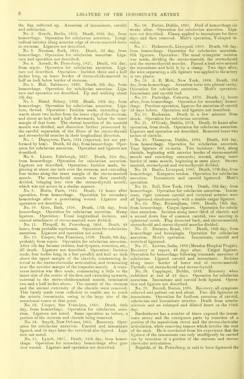 the flap reflected up. Aneurism of innominate, carotid and subclavian. No. 2. Graefe, Berlin, 1822. Death, 68th day, from hemorrhage. Operation for subclavian aneurism. Longi- tudinal incision along anterior edge of sterno-mastoid down to sternum. Ligature not described. No. 3. Norman, Bath, 1824. Death, 3d day, from hemorrhage. Operation for subclavian aneurism. Liga- ture and operation not described. No. 4. Arendt, St. Petersburg, 1827. Death, 8th day, from sepsis. Operation for subclavian aneurism. Liga- ture not described. Operation : Incision three and a half inches long, on inner border of sterno-cleido-mastoid to half an inch below border of sternum. No. 5. Hall, Baltimore, 1830. Death, 6th day, from hemorrhage. Operation for subclavian aneurism. Liga- ture and operation not described. Up and walking about 5th day. No. 6. Bland, Sidney, 1832. Death, 18th day, from hemorrhage. Operation for subclavian aneurism. Liga- ture, thread. Operation : Incision made, extending up- wards about two inches from the inner edge of the sternum, and about an inch and a half downwards, below the inner margin of that bone. The sternal insertion of the mastoid muscle was divided, and dissection further prosecuted by the careful separation of the fibres of the sterno-thyroid and sterno-hyoid muscles in their longitudinal direction. No. 7. Dupuytren, Paris, 1834 (reported, but not per- formed by him). Death, 3d day, from hemorrhage. Oper- ation for subclavian aneurism. Operation and ligature not described. No. 8. Lizars, Edinburgh, 1837. Death, 21st day, from hemorrhage. Operation for subclavian aneurism. Ligature not described. Operation: Incision made, be ginning at about one inch over the sternum, and extending four inches along the inner margin of the sterno-mastoid muscle. The sternohyoid muscle was then carefully divided, bringing into view the sterno-thyroid muscle, which was cut across in a similar manner. No. 9. Hutin, Paris, 1842. Death, 12 hours after operation, from hemorrhage. Operation for secondary hemorrhage after a penetrating wound. Ligature and operation not described. No. 10. Gore, Bath, 1856. Death, 17th day, from hemorrhage. Operation for subclavian aneurism. Hemp ligature. Operation: Usual longitudinal incision, and sternal attachment of sterno-mastoid were divided. No. 11. Pirogoff, St. Petersburg, 1856. Death, 48 hours, from probable septicemia. Operation for subclavian aneurism. Ligature and operation not noted. No. 12. Cooper, San Francisco, 1859. Death, 9th day, probably from sepsis. Operation for subclavian aneurism. After 5th day became restless, had dyspnea, retention, etc., till death. Ligature not described. Operation: Incision made, four inches long, in a line parallel, and half an inch above the upper margin of the clavicle, commencing in- ternal to the sterno-clavicular articulation, and terminating near the anterior margin of the trapezius muscle. A trans- verse incision was then made, commencing a little to the inner side of the centre of the first, and extending upwards, external to the sterno-cleido-mastoid muscle, terminated two and a half inches above. The summit of the sternum and the sternal extremity of the clavicle were removed. This barely made room sufficient to enable one to reach the arteria innominata, owing to the large size of the aneurismal tumor at that point. No. 13. Cooper, San Francisco, 1860. Death, 34th day, from hemorrhage. Operation for subclavian aneu- rism. Ligature not noted. Same operation as before, a portion of the sternum and clavicle being removed. No. 14. Smyth, New Orleans, 1864. Recovery. Oper- ation for subclavian aneurism. Carotid and innominate ligated, and 54 days later the vertebral also ligated. Liga- ture not noted. No. 15. Lynch, 1867. Death, 12tli day, from hemor- rhage. Operation for secondary hemorrhage after gun- shot wound. Ligature and operation not described. No. 16. Porter, Dublin, 1867. Died of hemorrhage six weeks after. Operation for subclavian aneurism. Liga- ture not described. Clamp applied to innominate for three days and then removed. Mott’s operation, V-shaped in- cision. No. 17. Bickersteth, Liverpool, 1868. Death, 9th day, from hemorrhage. Operation for subclavian aneurism. Silk ligature. Operation: The usual triangular incision was made, dividing the sterno-mastoid, the sterno-hyoid and the sterno-thyroid muscles. Passed a lead wire around the innominate and held it by a clamp. Two days after, the wire separating, a silk ligature was applied to the artery in two places. No. 18. A. B. Mott, New York, 1868. Death, 23d day, from hemorrhage. Aneurism burst into pleural cavity. Operation for subclavian aneurism. Mott’s operation. Innominate and carotid tied. No. 19. Partridge, Calcutta, 1870. Death, 1| hours after, from hemorrhage. Operation for secondary hemor- rhage. Previous operation, ligature for aneurism of carotid 13 days before. Operation and ligature not described. No. 20. Buchanan. Death in a few minutes from shock. Operation for subclavian aneurism. No. 21. O’Grady, Dublin, 1873. Death, 20 hours after operation, from shock. Operation for subclavian aneurism. Ligature and operation not described. Removed inner two inches of clavicle. No. 22. Thompson, Dublin, 1882. Death, 42d day, from hemorrhage. Operation for subclavian aneurism. Tape ligature of ox-aorta. Two incisions: first, along clavicle, beginning with anterior border of sterno-mastoid muscle and extending outwards; second, along inner border of same muscle, beginning at same place. Sterno- mastoid, sterno-hyoid and sterno-thyroid divided. No. 23. Banks, Liverpool, 1883. Death, 37th day, from hemorrhage. Kangaroo tendon. Operation for subclavian aneurism. Innominate and carotid ligatured. Mott’s operation. No. 24. Bull, New York, 1884. Death, 33d day, from hemorrhage. Operation for subclavian aneurism. Innom- inate, right common carotid and vertebral arteries were all ligatured simultaneously with a double catgut ligature. No. 25. May, Birmingham, 1886. Death, 19th day, from hemorrhage. Catgut ligature. Operation for subcla- vian aneurism. Incision along inner third of clavicle and a second down line of common carotid, two meeting in episternal notch. Flap dissected back, and sterno-mastoid, sterno-hyoid and sterno thyroid muscles divided. No. 26. Durante, Rome, 1887. Death, 16th day, from hemorrhage and hemiplegia. Operation for subclavian aneurism. Mott’s operation. Innominate, carotid and vertebral ligatured. No. 27. Lewtas, India, 1889 (Mendon Hospital Peujab). Recovery at report, 43 days after. Catgut ligature. Operation for hemorrhage following traumatic aneurism of subclavian. Ligated carotid and innominate. Incision along inner border of lower end of sterno-mastoid. Partially cut sterno-hyoid and sterno-thyroid. No. 28. Coppinger, Dublin, 1893. Recovery when exhibited at end of 42 days. Operation for subclavian aneurism. Innominate and carotid both ligated. Opera- tion and ligature not described. No. 29. Burrell, Boston, 1895. Recovery, all symptoms relieved and patient out and about. Two silk ligatures on innominate. Operation for fusiform aneurism of carotid, subclavian and innominate arteries. Death from arterio- sclerosis and an enlarged and dilated heart on the 104th day. Bardenheuer has a number of times exposed the innom- inate artery and the contiguous parts by resection of a portion of the manubrium sterni and the sterno-clavicular articulation, while removing tumors which involve the root of the neck. He is convinced from his experience that the ligature of the innominate can only intelligently be carried out by resection of a portion of the sternum and sterno- clavicular articulation. Bujalski, of St- Petersburg, is said to have ligatured the