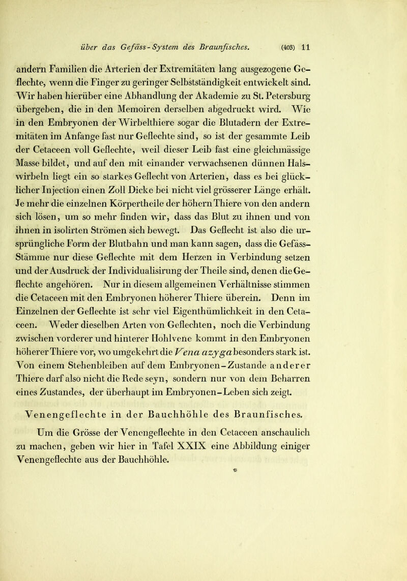 andern Familien die Arterien der Extremitäten lang ausgezogene Ge- flechte, wenn die Finger zu geringer Selbstständigkeit entwickelt sind. Wir haben hierüber eine Abhandlung der Akademie zu St. Petersburg übergeben, die in den Memoiren derselben abgedruckt wird. Wie in den Embryonen der Wirbelthiere sogar die Blutadern der Extre- mitäten im iVnfange fast nur Geflechte sind, so ist der gesammte Leib der Cetaceen voll Geflechte, weil dieser Leib fast eine gleichmässige Masse bildet, und auf den mit einander verwachsenen dünnen Hals- wirbeln liegt ein so starkes Geflecht von Arterien, dass es bei glück- licher Injection einen Zoll Dicke bei nicht viel grösserer Länge erhält. Je mehr die einzelnen Körpertheile der hohem Thiere von den andern sich losen, um so mehr finden wir, dass das Blut zu ihnen und von ihnen in isolirten Strömen sich bewegt. Das Geflecht ist also die ur- sprüngliche Form der Blutbahn und man kann sagen, dass die Gefäss- Stämme nur diese Geflechte mit dem Herzen in Verbindung setzen und der Ausdruck der Individualisirung der Theile sind, denen die Ge- flechte angehören. Nur in diesem allgemeinen Verhältnisse stimmen die Cetaceen mit den Embryonen höherer Thiere überein. Denn im Einzelnen der Geflechte ist sehr viel Eigentümlichkeit in den Ceta- ceen. Weder dieselben Arten von Geflechten, noch die Verbindung zwischen vorderer und hinterer Hohlvene kommt in den Embryonen höherer Thiere vor, wo umgekehrt die T^ena azyget besonders stark ist. Von einem Stehenbleiben auf dem Embryonen-Zustande anderer Thiere darf also nicht die Piede seyn, sondern nur von dem Beharren eines Zustandes, der überhaupt im Embryonen-Leben sich zeigt. Venengeflechte in der Bauchhöhle des Braunfisches. Um die Grösse der Venengeflechte in den Cetaceen anschaulich zu machen, geben wir hier in Tafel XXIX eine Abbildung einiger Venengeflechte aus der Bauchhöhle.