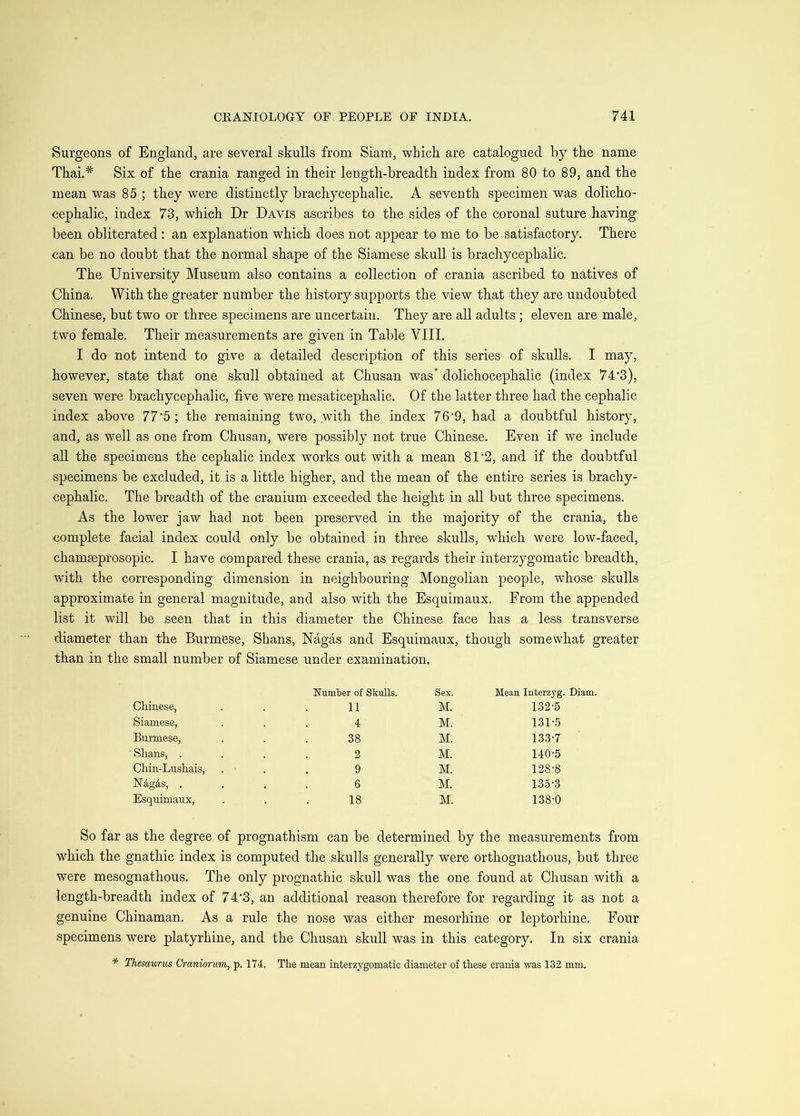 Surgeons of England, are several skulls from Siam, which are catalogued by the name Thai.* Six of the crania ranged in their length-breadth index from 80 to 89, and the mean was 85 ; they were distinctly brachycephalic. A seventh specimen was dolicho- cephalic, index 73, which Dr Davis ascribes to the sides of the coronal suture having been obliterated: an explanation which does not appear to me to be satisfactory. There can be no doubt that the normal shape of the Siamese skull is brachycephalic. The University Museum also contains a collection of crania ascribed to natives of China. With the greater number the history supports the view that they are undoubted Chinese, but two or three specimens are uncertain. They are all adults ; eleven are male, two female. Their measurements are given in Table VIII. I do not intend to give a detailed description of this series of skulls. I may, however, state that one skull obtained at Chusan was’ dolichocephalic (index 74‘3), seven were brachycephalic, five were mesaticephalic. Of the latter three had the cephalic index above 77’5 ; the remaining two, with the index 76’9, had a doubtful history, and, as well as one from Chusan, were possibly not true Chinese. Even if we include all the specimens the cephalic index works out with a mean 81‘2, and if the doubtful specimens be excluded, it is a little higher, and the mean of the entire series is brachy- cephalic. The breadth of the cranium exceeded the height in all but three specimens. As the lower jaw had not been preserved in the majority of the crania, the complete facial index could only be obtained in three skulls, which were low-faced, chamseprosopic. I have compared these crania, as regards their interzygomatic breadth, with the corresponding dimension in neighbouring Mongolian people, whose skulls approximate in general magnitude, and also with the Esquimaux. From the appended list it will be seen that in this diameter the Chinese face has a less transverse diameter than the Burmese, Shans, Nagas and Esquimaux, though somewhat greater than in the small number of Siamese under examination. Number of Skulls. Sex. Mean Interzyg. Diam. Chinese, 11 M. 132-5 Siamese, 4 M. 131-5 Burmese, 38 M. 133-7 Shans, . 2 M. 140-5 Chin-Lushais, . - 9 M. 128-8 Ndgds, . 6 M. 135-3 Esquimaux, 18 M. 138-0 So far as the degree of prognathism can be determined by the measurements from which the gnathic index is computed the skulls generally were orthognathous, but three were mesognathous. The only prognathic skull was the one found at Chusan with a length-breadth index of 74‘3, an additional reason therefore for regarding it as not a genuine Chinaman. As a rule the nose was either mesorhine or leptorhine. Four specimens were platyrhine, and the Chusan skull was in this category. In six crania * Thesaurus Craniorum, p. 174. The mean interzygomatic diameter of these crania was 132 mm.