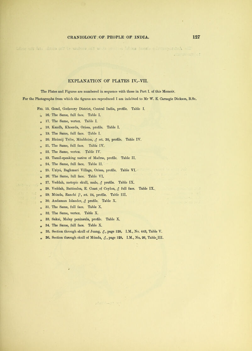 EXPLANATION OF PLATES IV.-VII. The Plates and Figures are numbered in sequence with those in Part I. of this Memoir. For the Photographs from which the figures are reproduced I am indebted to Mr W. E. Carnegie Dickson, B.Sc, Fig. 15. Gond, Godavery District, Central India, profile. Table I. „ 16. The Same, full face. Table I. „ 17. The Same, vertex. Table I. „ 18. Kandh, Khoorda, Orissa, profile. Table I. „ 19. The Same, full face. Table I. „ 20. Bhiimij Tribe, Manbhiim, set. 30, profile. Table IV. „ 21. The Same, full face. Table IV. „ 22. The Same, vertex. Table IV. „ 23. Tamil-speaking native of Madras, profile. Table II. „ 24, The Same, full face. Table II. „ 25. Uriya, Baghmari Village, Orissa, profile. Table VI.-' „ 26. The Same, full face. Table VI. „ 27. Veddah, metopic skull, male, ^ profile. Table IX. „ 28. Veddah, Batticaloa, E. Coast,of Ceylon, ^ full face. Table IX. „ 29. Miinda, Eanchi P, set. 24, profile. Table III. „ 30. Andaman Islander, ^ profile. Table X. „ 31. The Same, full face. Table X. „ 32. The Same, vertex. Table X. „ 33. Sakai, Malay peninsula, profile. Table X. „ 34. The Same, full face. Table X. „ 35. Section through skull of Juang, page 128. I.M., No. 443, Table V.