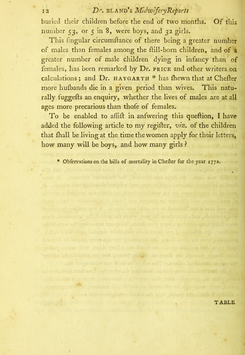 buried their children before the end of two months. Of this number 53, or 5 in 8, were boys, and 32 girls. This fingular circumftance of there being a greater number of males than females among the ftill-born children, and of a greater number of male children dying in infancy than of females, has been remarked by Dr. price and other writers on calculations ; and Dr. haygarth * has fhewn that at Chefter more hufbands die in a given period than wives. This natu- rally fuggefts an enquiry, whether the lives of males are at all ages more precarious than thofe of females. To be enabled to affift in anfwering this queftion, I have added the following article to my regifter, viz. of the children that fhall be living at the time the women apply for their letters, how many will be boys, and how many girls ? * Qbfervations on the bills of mortality in Chefter for the year 177a.