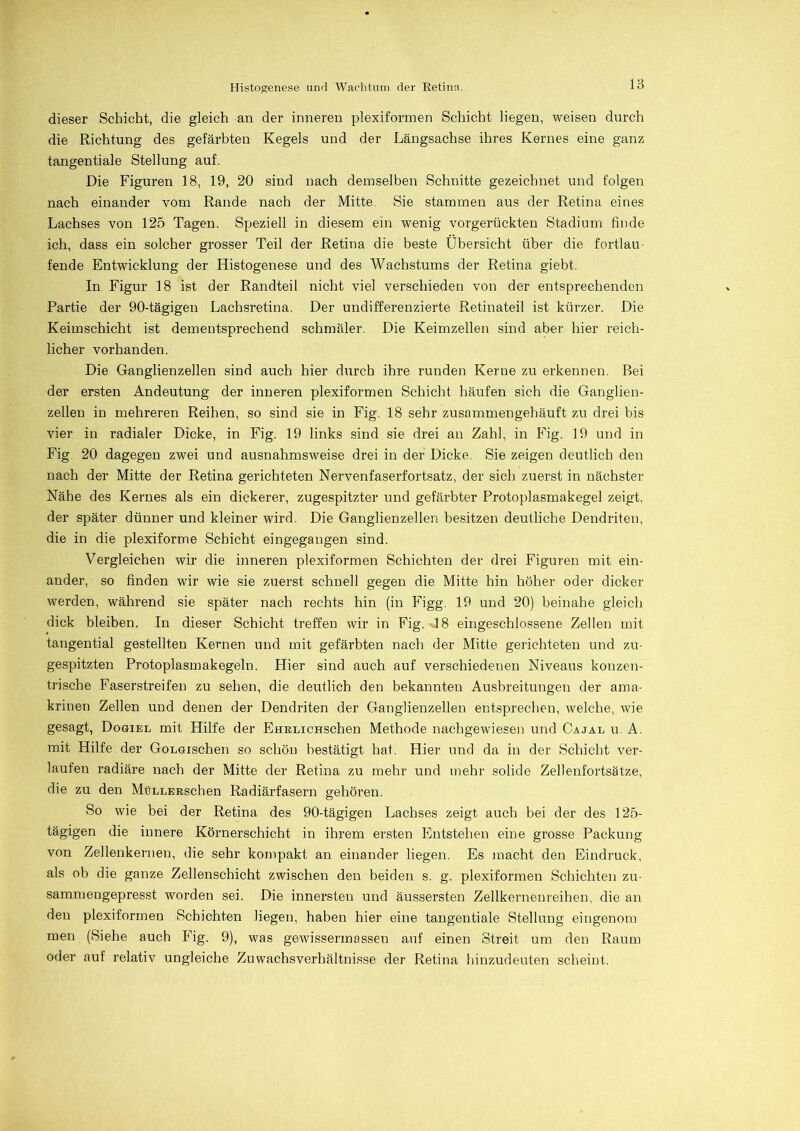 dieser Schicht, die gleich an der inneren plexiformen Schicht liegen, weisen durch die Richtung des gefärbten Kegels und der Längsachse ihres Kernes eine ganz tangentiale Stellung auf. Die Figuren 18, 19, 20 sind nach demselben Schnitte gezeichnet und folgen nach einander vom Rande nach der Mitte. Sie stammen aus der Retina eines Lachses von 125 Tagen. Speziell in diesem ein wenig vorgerückten Stadium finde ich, dass ein solcher grosser Teil der Retina die beste Übersicht über die fortlau- fende Entwicklung der Histogenese und des Wachstums der Retina giebt. In Figur 18 ist der Randteil nicht viel verschieden von der entsprechenden Partie der 90-tägigen Lachsretina. Der undifferenzierte Retinateil ist kürzer. Die Keimschicht ist dementsprechend schmäler. Die Keimzellen sind aber hier reich- licher vorhanden. Die Ganglienzellen sind auch hier durch ihre runden Kerue zu erkennen. Bei der ersten Andeutung der inneren plexiformen Schicht häufen sich die Ganglien- zellen in mehreren Reihen, so sind sie in Fig. 18 sehr zusammengehäuft zu drei bis vier in radialer Dicke, in Fig. 19 links sind sie drei an Zahl, in Fig. 19 und in Fig 20 dagegen zwei und ausnahmsweise drei in der Dicke. Sie zeigen deutlich den nach der Mitte der Retina gerichteten Nervenfaserfortsatz, der sich zuerst in nächster Nähe des Kernes als ein dickerer, zugespitzter und gefärbter Protoplasmakegel zeigt, der später dünner und kleiner wird. Die Ganglienzellen besitzen deutliche Dendriten, die in die plexiforme Schicht eingegangen sind. Vergleichen wir die inneren plexiformen Schichten der drei Figuren mit ein- ander, so finden wir wie sie zuerst schnell gegen die Mitte hin höher oder dicker werden, während sie später nach rechts hin (in Figg. 19 und 20) beinahe gleich dick bleiben. In dieser Schicht treffen wir in Fig. 48 eingeschlossene Zellen mit tangential gestellten Kernen und mit gefärbten nach der Mitte gerichteten und zu- gespitzten Protoplasmakegeln. Hier sind auch auf verschiedenen Niveaus konzen- trische Faserstreifen zu sehen, die deutlich den bekannten Ausbreitungen der ama- krinen Zellen und denen der Dendriten der Ganglienzellen entsprechen, welche, wie gesagt, Dogiel mit Hilfe der EuRLicHSchen Methode nachgewiesen und Cajal u. A. mit Hilfe der GoLGischen so schön bestätigt hat. Hier und da in der Schicht ver- laufen radiäre nach der Mitte der Retina zu mehr und mehr solide Zellenfortsätze, die zu den Müller,sehen Radiärfasern gehören. So wie bei der Retina des 90-tägigen Lachses zeigt auch bei der des 125- tägigen die innere Körnerschicht in ihrem ersten Entstehen eine grosse Packung von Zellenkernen, die sehr kompakt an einander liegen. Es macht den Eindruck, als ob die ganze Zellenschicht zwischen den beiden s. g. plexiformen Schichten zu- sammeugepresst worden sei. Die innersten und äussersten Zellkernenreihen, die an den plexiformen Schichten liegen, haben hier eine tangentiale Stellung eingenom men (Siehe auch Fig. 9), was gewissermassen auf einen Streit um den Raum oder auf relativ ungleiche Zuwachsverhältnisse der Retina hinzudeuten scheint.