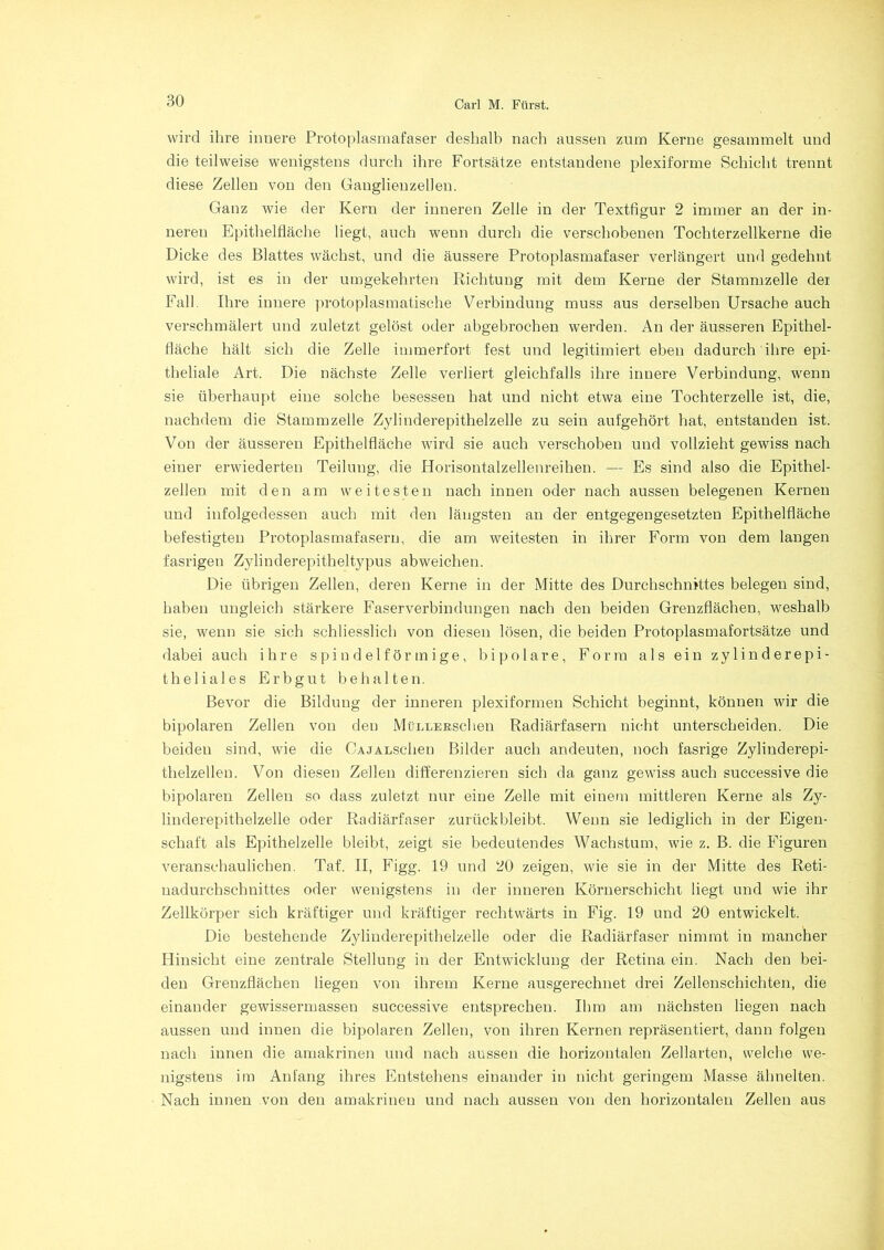 wird ihre innere Protoplasmafaser deshalb nach aussen zum Kerne gesammelt und die teilweise wenigstens durch ihre Fortsätze entstandene plexiforme Schicht trennt diese Zellen von den Ganglienzellen. Ganz wie der Kern der inneren Zelle in der Textfigur 2 immer an der in- neren Epithelfläche liegt, auch wenn durch die verschobenen Tochterzellkerne die Dicke des Blattes wächst, und die äussere Protoplasmafaser verlängert und gedehnt wird, ist es in der umgekehrten Richtung mit dem Kerne der Stammzelle der Fall Ihre innere protoplasmatische Verbindung muss aus derselben Ursache auch verschmälert und zuletzt gelöst oder abgebrochen werden. An der äusseren Epithel- fläche hält sich die Zelle immerfort fest und legitimiert eben dadurch ihre epi- theliale Art. Die nächste Zelle verliert gleichfalls ihre innere Verbindung, wenn sie überhaupt eine solche besessen hat und nicht etwa eine Tochterzelle ist, die, nachdem die Stamm zelle Zylinderepithelzelle zu sein aufgehört hat, entstanden ist. Von der äusseren Epithelfläche wird sie auch verschoben und vollzieht gewiss nach einer erwiederten Teilung, die Horisontalzellenreihen. — Es sind also die Epithel- zellen mit den am weitesten nach innen oder nach aussen belegenen Kernen und infolgedessen auch mit den längsten an der entgegengesetzten Epithelfläche befestigten Protoplasmafasern, die am weitesten in ihrer Form von dem langen fasrigen Zylinderepitheltypus abweichen. Die übrigen Zellen, deren Kerne in der Mitte des Durchschnittes belegen sind, haben ungleich stärkere Faserverbindungen nach den beiden Grenzflächen, weshalb sie, wenn sie sich schliesslich von diesen lösen, die beiden Protoplasmafortsätze und dabei auch ihre spindelförmige, bipolare, Form als ein zylinderepi- theliales Erbgut behalten. Bevor die Bildung der inneren plexiformen Schicht beginnt, können wir die bipolaren Zellen von den MüLLEßschen Radiärfasern nicht unterscheiden. Die beiden sind, wie die OAjALSchen Bilder auch andeuten, noch fasrige Zylinderepi- thelzellen. Von diesen Zellen differenzieren sich da ganz gewiss auch successive die bipolaren Zellen so dass zuletzt nur eine Zelle mit einem mittleren Kerne als Zy- linderepithelzelle oder Radiärfaser zurückbleibt. Wenn sie lediglich in der Eigen- schaft als Epithelzelle bleibt, zeigt sie bedeutendes Wachstum, wie z. B. die Figuren veranschaulichen. Tal II, Figg. 19 und 20 zeigen, wie sie in der Mitte des Reti- nadurchschnittes oder wenigstens in der inneren Körnerschicht liegt und wie ihr Zellkörper sich kräftiger und kräftiger rechtwärts in Fig. 19 und 20 entwickelt. Die bestehende Zylinderepithelzelle oder die Radiärfaser nimmt iu mancher Hinsicht eine zentrale Stellung in der Entwicklung der Retina ein. Nach den bei- den Grenzflächen liegen von ihrem Kerne ausgerechnet drei Zellenschichten, die einander gewissermasseu successive entsprechen. Ihm am nächsten liegen nach aussen und innen die bipolaren Zellen, von ihren Kernen repräsentiert, dann folgen nach innen die amakrinen und nach aussen die horizontalen Zellarten, welche we- nigstens im Anfang ihres Entstehens einander in nicht geringem Masse ähnelten. Nach innen von den amakrinen und nach aussen von den horizontalen Zellen aus