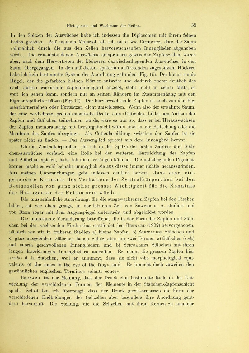 In den Spitzen der Auswüchse habe ich indessen die Diplosomen mit ihrem feinen Faden gesehen. Auf meinem Material sah ich nicht wie Chiewitz, dass der Saum »allmählich durch die aus den Zellen hervorwachsenden Innenglieder abgehoben wird». Die erstentstandenen Auswüchse entsprachen gewiss den Zapfenzellen, waren aber, nach dem Hervortreten der kleineren dazwischenliegenden Auswüchse, in den Saum übergegangen. In den auf diesem späterhin auftretenden zugespitzten Höckern habe ich kein bestimmtes System der Anordnung gefunden (Fig. 15). Der kleine runde Hügel, der die gefärbten kleinen Körner aufweist und dadurch zuerst deutlich das nach aussen wachsende Zapfeninnenglied anzeigt, steht nicht in seiner Mitte, so weit ich sehen kann, sondern nur an seinen Rändern im Zusammenhang mit den Pigmentepithelfortsätzen (Fig. 17). Der hervorwachsende Zapfen ist auch von den Pig- mentkörnerreihen oder Fortsätzen dicht umschlossen. Wenn also der erwähnte Saum, der eine verdichtete, protoplasmatische Decke, eine »Cuticula», bildet, am Aufbau der Zapfen und Stäbchen teilnehmen würde, wäre es nur so, dass er bei Herauswachsen der Zapfen membranartig mit hervorgebracht würde und in die Bedeckung oder die Membran des Zapfes überginge, Als Cuticularbildung zwischen den Zapfen ist sie später nicht zu finden. — Das Aussenglied sprosst aus dem Innenglied hervor. Ob die Zentralkörperchen, die ich in der Spitze der ersten Zapfen- und Stäb- chen-auswüchse vorfand, eine Rolle bei der weiteren Entwicklung der Zapfen und Stäbchen spielen, habe ich nicht verfolgen können. Die naheliegenden Pigment- körner macht es wohl beinahe unmöglich sie aus diesen immer richtig herauszufinden. Aus meinen Untersuchungen geht indessen deutlich hervor, dass eine ein- gehendere Kenntnis des Verhaltens der Zentralkörperchen bei den Retinazellen von ganz sicher grosser Wichtigkeit für die Kenntnis der Histogenese der Retina sein würde. Die musterähnliche Anordnung, die die ausgewachsenen Zapfen bei den Fischen bilden, ist, wie oben gesagt, in der letzteren Zeit von Shaper u. A. studiert und von Beer sogar mit dem Augenspiegel untersucht und abgebildet worden. Die interessante Veränderung betreffend, die in der Form der Zapfen und Stäb- chen bei der wachsenden Fischretina stattfiudet, hat Bernard (1902) hervorgehoben, nämlich wie wir in früheren Stadien a) kleine Zapfen, b) Schwalbes Stäbchen und c) ganz ausgebildete Stäbchen haben, zuletzt aber nur zwei Formen a) Stäbchen (rods) mit enorm geschwollenen Innengliedern und b) Schwalbes Stäbchen mit ihren langen faserförmigen Innengliedern antreffen. Er nennt die grossen Zapfen hier »rods» d. h. Stäbchen, weil er annimmt, dass sie nicht »the morphological equi- valents of the cones in the eye of the frog» sind. Er braucht doch zuweilen den gewöhnlichen englischen Terminus »giants cones». Bernard ist der Meinung, dass der Druck eine bestimmte Rolle in der Ent- wicklung der verschiedenen Formen der Elemente in der Stäbchen-Zapfenschicht spielt. Selbst hin ich überzeugt, dass der Druck gewissermassen die Form der verschiedenen Endbildungen der Sehzellen aber besonders ihre Anordnung gera- dezu hervorruft. Die Stellung, die die Sehzellen mit ihren Kernen zu einander