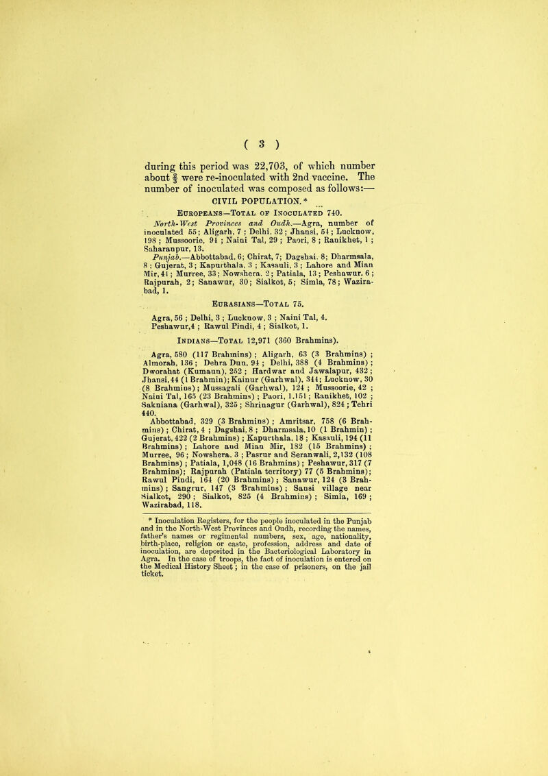 during this period was 22,703, of which number about § were re-inoculated with 2nd vaccine. The number of inoculated was composed as follows:— CIVIL POPULATION. * Europeans—Total op Inoculated 740. North-West Provinces and Oudh.—Agra, number of inoculated 55; Aligarh. 7 ; Delhi. 32; Jhansi, 54; Lucknow, 198 ; Mussoorie, 94 ; Naini Tal, 29 ; Paori, 8 ; Ranikhet, 1 ; Saharanpur, 13. Punjab.—Abbottabad. 6; Chirat, 7; Dagshai. 8; Dharmsala, 8 : Gujerat, 3; Kapurthala. 3 ; Kasauli, 3 ; Lahore and Miau Mir, 41; Murree, 33; Nowshera. 2; Patiala, 13; Peshawur. 6 ; Rajpurah, 2; Sauawur, 30; Sialkot, 5; Simla, 78; Wazira- bad, 1. Eurasians—Total 75. Agra, 56 ; Delhi, 3 ; Lucknow, 3 ; Naini Tal, 4. Peshawur,4 ; Rawul Pindi, 4 ; Sialkot, 1. Indians—Total 12,971 (360 Brahmins). Agra, 580 (117 Brahmins) ; Aligarh, 63 (3 Brahmins) ; Almorah, 136; Dehra Dun. 94 ; Delhi, 388 (4 Brahmins); Dworahat (Kumauu), 252 ; Hardwar and Jawalapur, 432 ; Jhansi, 44 (1 Brahmin); Kainur (Garhwal), 344; Lucknow, 30 (8 Brahmins); Mussagali (Garhwal), 124; Mussoorie, 42 ; Naini Tal, 165 (23 Brahmins) ; Paori, 1.151; Ranikhet, 102 ; Sakniana (Garhwal), 325 ; Shrinagur (Garhwal), 824 ; Tehri 440. Abbottabad, 329 (3 Brahmins) ; Amritsar, 758 (6 Brah- mins) ; Chirat, 4 ; Dagshai, 8 ; Dharmsala, 10 (1 Brahmin) ; Gujerat, 422 (2 Brahmins) ; Kapurthala, 18 ; Kasauli, 194 (11 Brahmins) ; Lahore and Mian Mir, 182 (15 Brahmins) ; Murree, 96 ; Nowshera. 3 ; Pasrur and Seranwali, 2,132 (108 Brahmins) ; Patiala, 1,048 (16 Brahmins); Peshawur, 317 (7 Brahmins); Rajpurah (Patiala territory) 77 (5 Brahmins); Rawul Pindi, 164 (20 Brahmins); Sanawur, 124 (3 Brah- mins) ; Sangrur, 147 (3 Brahmins) ; Sansi village near Sialkot, 290; Sialkot, 825 (4 Brahmins) ; Simla, 169 ; Wazirabad, 118. * Inoculation Registers, for the people inoculated in the Punjab and in the North-West Provinces and Oudh, recording the names, father’s names or regimental numbers, sex, age, nationality, birth-place, religion or caste, profession, address and date of inoculation, are deposited in the Bacteriological Laboratory in Agra. In the case of troops, the fact of inoculation is entered on the Medical History Sheet; in the case of prisoners, on the jail ticket.