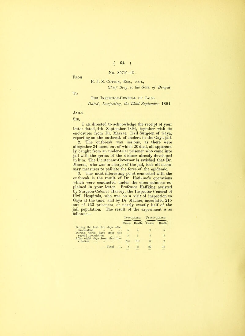 From To ( 64 ) No. 857 P—D H. J. S. Cotton, Esq., c.s.i., Chief Secy, to the Govt, of Bengal, The Inspector-General of Jails. Dated, Darjeeling, the 22nd September 1894. Jails. Sir, I am directed to acknowledge the receipt of your letter dated, 4th September 1894, together with its enclosures from Dr. Macrae, Civil Surgeon of Gaya, reporting on the outbreak of cholera in the Gaya jail. 2. The outbreak was serious, as there were altogether 34 cases, out of which 20 died, all apparent- ly caught from an under-trial prisoner who came into jail with the germs of the disease already developed in him. The Lieutenant-Governor is satisfied that Dr. Macrae, who was in charge of the jail, took all neces- sary measures to palliate the force of the epidemic. 3. The most interesting point connected with the outbreak is the result of Dr. Hafikine’s operations which were conducted under the circumstances ex- plained in your letter. Professor Haffkine, assisted by Surgeon-Colonel Harvey, the Iuspector-Ceneral of Civil Hospitals, who was on a visit of inspection to Gaya at the time, and by Dr. Macrae, inoculated 215 out of 433 prisoners, or nearly exactly half of the jail population. The result of the experiment is as follows:— Inoculated. Uninoculated. During the first five days inoculation after Cases. 5 Death. 4 Cases. 7 Death. 5 During three days after second inoculation the 3 1 5 3 After eight days from first culation ino- Nil Nil 8 2 Total 8 5 20 10