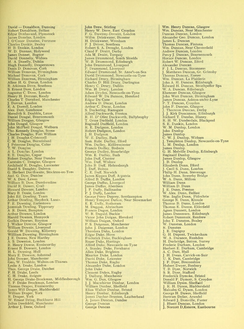 David — Donaldson, Dunning Robert Donaldson, Belfast Edgar Donbavand, Plymstock James Donelan, London J. O’Conor Donelan, Portrane Charles Donkin, Bexley H B. Donkin, London W. D. Donnan, Holy wood James Donnet, Bognor David Donnelly, Widnes M. A. Donelly, Dublin Hugh Donnelly, Draperstown Denis D. Donovan, Cork William Donovan, Birmingham Michael Donovan, Cork William Donovan, Birmingham Alban H. G. Doran, London R. Atkinson Dove, Southsea S. Ernest Dore, London Augustus C. Dove, London Henry H. Dorrnan, Keady Charles T. Dornford, Manchester J. Dorran, London E. A. Dorrell, London Alex. Dott, Gatehouse Meredith S. Doubble, Luton Daniel Dougal, Bournemouth William Dougan, Glasgow John Dougal, Glasgow John McPheil Dougal, Welburn Tho. Kennedy Douglas, Scone Charles Douglas, Fort William J H. Douglas Colmonell C. M. Douglas, Burntisland J. Primrose Douglas, Colne T. W. Dougias A L. Douglas, London E. E. Douglas, Cupar Robert Douglas, Near Dundee Carstairs C. Douglas, Glasgow Archibald R. Douglas, Lancaster David S. Doughty, Dalston G. Herbert Dorthwaite, Stockton-on-Tees And. G. Dow, Dundee W. A. Dow, Lewes William B. Dow, Dumfermline David R. Dower., Crail Howard Downes, London Mary B. Douie, London John Ed. Dowling, Tuam Arthur Dowling, Heydock, Lancs. F. E. Downing, Earlestown Jeremiah Dowling, Tipperary A R. Down, Bampton Arthur Downes, London Harold Downes, Hemyock Godkin Downes, Royston J. Walker Downie, Glasgow William Downie, Liverpool Gerald W. Downing, Killarney Willliam Downing, Birmingham J. E. Downs, New Hartley A. S. Downton, London R. Henry Dowse, Enniscorthy Ernest B. Dowsett, London H. L. Dowsing, Hull Mary E. Dowson, Ashstead John Dowzer, Manchester Geo. W. Drabble, Walton-on-Thames Leslie A. Drake, London Thos. George Drake, Datchet F. H. Drake, Leeds C. H. Drake, Reigate H, George Drake-Brockman, Middlesborough E. F. Drake Brockman, London Thomas Drapes, Enniscorthy James Will Draper, Huddersfield William Draper, York R. Draper, York W. Ernest Dring, Buckhurst Hill Julius Dreshfeld, Manchester Arthur J, Drew, Oxford John Drew, Stirling Henry W. Drew, East Croydon F. G. Dawtrey-Drewitt, London Willm. Drinkwater, Bicester H. Drinkwater, Wrexham F. J. Driver, Southsea Robert S. A. Drought, London Claud F. Druitt, Derby Ada M. Druitt, Torquay James Drummond, Sonth Shields W. B. Drummond, Edinburgh John Drummond, Liverpool P. Drummond, Liverpool Edward Drummond, St. Anne’s-on-Sea David Drummond, Newcastle-on-Tyne Richard Drury, Birmingham Charles D. Hill Drury, Darlington Henry C. Drury, Dublin Wm. H. Drury, London Adam Dryden, Newcastle-on-Tyne Edward W. Du Buisson, Hereford Edgar Du Cane Andrew D. Ducat, London Arthur C. Ducat, London S. Duckering, Ramsgate Alfred Duckworth, Preston R. H. D’ Olier Duckworth, Ballybrophy T. Orme Dudfield, London Reginald Dudfield, London R. E. Dudgeon, London Robert Dudgeon, London J. H. Dudgeon W. E. Dudley, Bath Sam. Robt. Dudley, Ilford Wm. Dudley, Kidderminster Francis Dudley, Bodmin George Dudley, Stourbridge Wm. E. Dudley, Bath John Duff, Chester Wm. Duff, Wishaw John B Duff, Helensburgh J. Duff, Bolton C. E. Duff, Norwich James Kippen Duff, Aspatria Alfred B. Duffin, London George Duffus, Liverpool James Duffus, Aberdeen J. F. Duffy, Ballinasloe P. J. Duffy, London George Perry Duprey, Southampton Henry Tempest Dufton, Near Stowmarket E. E. Duffy, Rot’neram M. Duggan, Altrincham Francis Dugon, London V/. R. Duguid, Buckie Victor John Duigan. Hereford William Duigan, Oxford P. S. Duigenan, Manchester John J. Duigenan, London Theodora Duka, London Edgar Duke, Hove Frederick Duke, Buckingham Roger Duke, Blastings Alfred Duke, Newcastle-on-Tyne A. Stanley Duke, Fernhurst Allen Duke, Brighton Maurice Duke, London David Duke, Leicester Thomas Duke, Rugby Alexander Duke, London John Duke Clement Dukes, Rugby J. Duiberg, Manchester Wm. G. Dun, Glasgow J. J. Macwhirter Dunbar, London William Dunbar, Sheffield Eliza Walker Dunbar, Bristol Henry Dunbar, Edinburgh James Dunbar-Brunton, Leatherhead A. James Duncan, Dundee George Duncan George Duncan Wm. Henry Duncan, Glasgow Wm. Duncan, Near Manchester Duncan Duncan, London Alexander Geo. Duncan, London James L. Duncan Thomas Duncan, Fintona Wm. Duncan, Near Chesterfield Andrew Duncan, London Percy J. Duncan, Bournemouth Horace Duncan, London Robert W. Duncan, Ilford Alexander Duncan F. J. L. Duncan, Stromness J. Matthews Duncan, Gt. Grimsby Thomas Duncan, Exeter Wm. Duncan, La Plaiderie John A. FI. Duncan, Edinburgh Edward H. Duncan, Strathpeffer Spa W. A. Duncan, Edinburgh Ebenezer Duncan, Glasgow John Watt Duncan, Birmingham James Duncan, Ashton-under-Lyne P. T. Duncan, Croydon John P. Duncan, Glasgow J. Thornton Duncan, Derby J. J. Kirk Duncanson, Edinburgh Richard T. Dundas, Blaney. R. H. W. Dunderdale, Blackpool S. E. Dunkin, London W. M. Dunlop, London John Dunlop James Dunlop C. W. J. Dunlop, Witham J. Templeton Dunlop, Newcastle-on-Tyne L. M. Denlap, London James Dunlop G. IT. Melville Dunlop, Edinburgh Reginald Dunlop James Dunlop, Glasgow J. B. Dunlop Elizabeth Dunn, Ilford J. Cecil S. Dunn, London Philip H. Dunn, Stevenage John Dunn, Sowerby Bridge W. A. Dunn, Millom William Dunn William D. Duun J. E. Dunn, Preston W. Alex. Dunn, Belfast Wm. Inglis Dunn, Pitlochrie George N. Dunn, Kinsale Thomas B. Dunn, London Thomas E. Dunne, Elderfield Agnes Dunnett, London James Dunsmure, Edinburgh Robert Dunsmuir, Renfrew John T. Dunston, Boxley W. Dunstan, London R. Dunstan J. E. Dupigny G. H. Dupont, Twickenham W. A. Durance, Rushden H. Durbridge, Sutton, Surrey Frederic Durham, London Herbert E. Durham, Cambridge A. C. Dutt, Hull J. H. Dwan. Carrick-on-Suir U. K. Dutt, Cambridge J. F. Dyer, Breconshire Hubert Dwyer, Banbury T. B. Dyer, Norwich S. R. Dyer, Stafford Frederick Dymoke, Bristol Donald F. Dymott, S. Croydon William Dyson. Sheffield J. R. H. Dyson, Huddersfield Malcolm G. Dyson, London George H. Dawes, Sheffield Bertram Dolier, Arundel Edward J. Domville, Exeter J. Bluett Duncan, London J, Norcott D.Esterre, Eastbourne