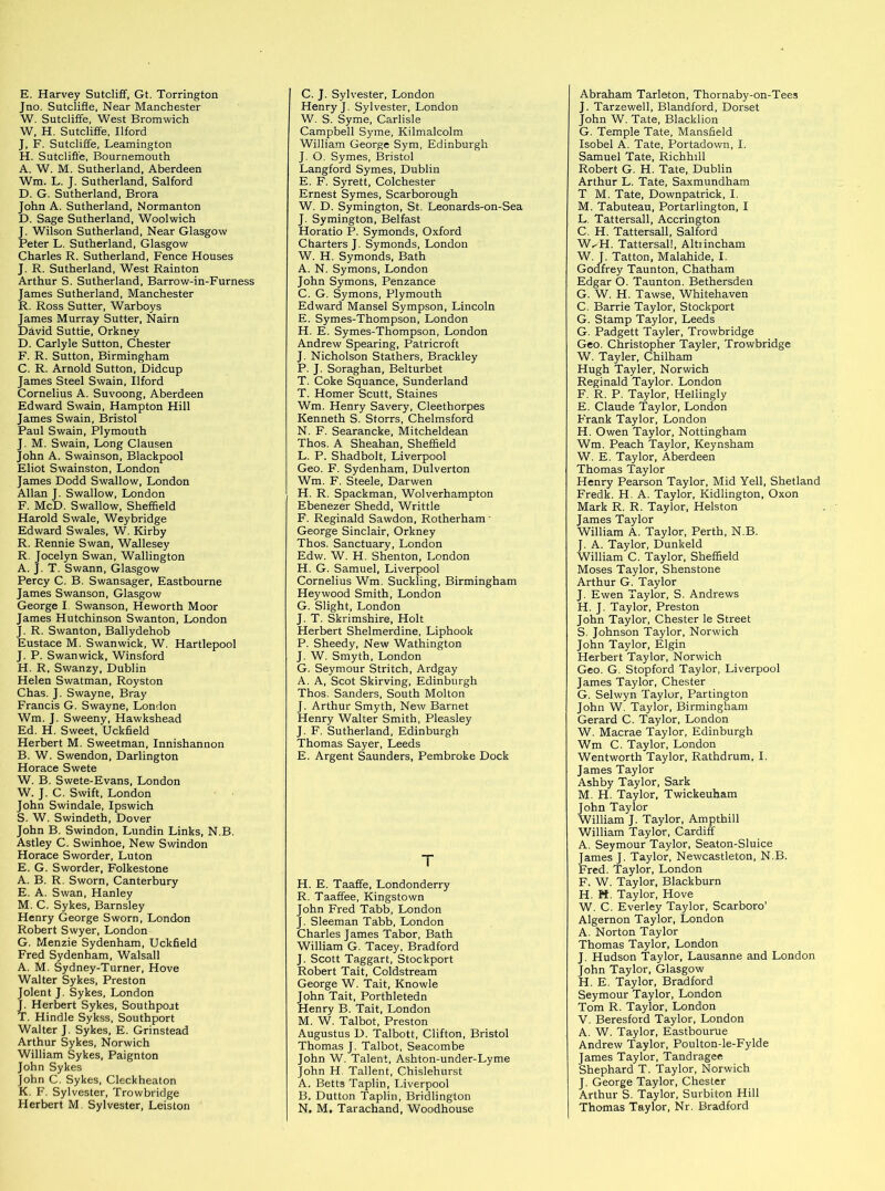 Jno. Sutcliffe, Near Manchester W. Sutcliffe, West Bromwich W, H. Sutcliffe, Ilford J, F. Sutcliffe, Leamington H. Sutcliffe, Bournemouth A. W. M. Sutherland, Aberdeen Wm. L. J. Sutherland, Salford D. G. Sutherland, Brora John A. Sutherland, Normanton D. Sage Sutherland, Woolwich J. Wilson Sutherland, Near Glasgow Peter L. Sutherland, Glasgow Charles R. Sutherland, Fence Houses J. R. Sutherland, West Rainton Arthur S. Sutherland, Barrow-in-Furness James Sutherland, Manchester R. Ross Sutter, Warboys James Murray Sutter, Nairn David Suttie, Orkney D. Carlyle Sutton, Chester F. R. Sutton, Birmingham C. R. Arnold Sutton, Didcup James Steel Swain, Ilford Cornelius A. Suvoong, Aberdeen Edward Swain, Hampton Hill James Swain, Bristol Paul Swain, Plymouth J. M. Swain, Long Clausen John A. Swainson, Blackpool Eliot Swainston, London James Dodd Swallow, London Allan J. Swallow, London F. McD. Swallow, Sheffield Harold Swale, Weybridge Edward Swales, W. Kirby R. Rennie Swan, Wallesey R. Jocelyn Swan, Wallington A. J. T. Swann, Glasgow Percy C. B. Swansager, Eastbourne James Swanson, Glasgow George I. Swanson, Heworth Moor James Hutchinson Swanton, London J. R. Swanton, Ballydehob Eustace M. Swanwick, W. Hartlepool J. P. Swanwick, Winsford H. R, Swanzy, Dublin Helen Swatman, Royston Chas. J. Swayne, Bray Francis G. Swayne, London Wm. J. Sweeny, Hawkshead Ed. H. Sweet, Uckfield Herbert M. Sweetman, Innishannon B. W. Swendon, Darlington Horace Swete W. B. Swete-Evans, London W. J. C. Swift, London John Swindale, Ipswich S. W. Swindeth, Dover John B. Swindon, Lundin Links, N.B. Astley C. Swinhoe, New Swindon Horace Sworder, Luton E. G. Sworder, Folkestone A. B. R. Sworn, Canterbury E. A. Swan, Hanley M. C. Sykes, Barnsley Henry George Sworn, London Robert Swyer, London G. Menzie Sydenham, Uckfield Fred Sydenham, Walsall A. M. Sydney-Turner, Hove Walter Sykes, Preston Jolent J. Sykes, London J. Herbert Sykes, Southport T. Hindle Sykss, Southport Walter J. Sykes, E. Grinstead Arthur Sykes, Norwich William Sykes, Paignton John Sykes John C. Sykes, Cleckheaton K. F. Sylvester, Trowbridge Herbert M Sylvester, Leiston Henry J. Sylvester, London W. S. Syme, Carlisle Campbell Syme, Kilmalcolm William George Sym, Edinburgh J. O. Symes, Bristol Langford Symes, Dublin E. F. Syrett, Colchester Ernest Symes, Scarborough W. D. Symington, St. Leonards-on-Sea J. Symington, Belfast Horatio P. Symonds, Oxford Charters J. Symonds, London W. H. Symonds, Bath A. N. Symons, London John Symons, Penzance C. G. Symons, Plymouth Edward Mansel Sympson, Lincoln E. Symes-Thompson, London H. E. Symes-Thompson, London Andrew Spearing, Patricroft J. Nicholson Stathers, Brackley P. J. Soraghan, Belturbet T. Coke Squance, Sunderland T. Homer Scutt, Staines Wm. Henry Savery, Cleethorpes Kenneth S. Storrs, Chelmsford N. F. Searancke, Mitcheldean Thos. A Sheahan, Sheffield L. P. Shadbolt, Liverpool Geo. F. Sydenham, Dulverton Wm. F. Steele, Darwen H. R. Spackman, Wolverhampton Ebenezer Shedd, Writtle F. Reginald Sawdon, Rotherham' George Sinclair, Orkney Thos. Sanctuary, London Edw. W. H. Shenton, London H. G. Samuel, Liverpool Cornelius Wm. Suckling, Birmingham Heywood Smith, London G. Slight, London J. T. Skrimshire, Holt Herbert Shelmerdine, Liphook P. Sheedy, New Wathington J. W. Smyth, London G. Seymour Stritch, Ardgay A. A, Scot Skirving, Edinburgh Thos. Sanders, South Molton J. Arthur Smyth, New Barnet Henry Walter Smith, Pleasley J. F. Sutherland, Edinburgh Thomas Sayer, Leeds E. Argent Saunders, Pembroke Dock T H. E. Taaffe, Londonderry R. Taaffee, Kingstown John Fred Tabb, London J. Sleeman Tabb, London Charles James Tabor, Bath William G. Tacey, Bradford J. Scott Taggart, Stockport Robert Tait, Coldstream George W. Tait, Knowle John Tait, Porthletedn Henry B. Tait, London M. W. Talbot, Preston Augustus D. Talbott, Clifton, Bristol Thomas J. Talbot, Seacombe John W. Talent, Ashton-under-Lyme John H. Tallent, Chislehurst A. Betts Taplin, Liverpool B. Dutton Taplin, Bridlington N. M. Tarachand, Woodhouse J. Tarzewell, Blandford, Dorset John W. Tate, Blacklion G. Temple Tate, Mansfield Isobel A. Tate, Portadown, I. Samuel Tate, Richhill Robert G. H. Tate, Dublin Arthur L. Tate, Saxmundham T M. Tate, Downpatrick, I. M. Tabuteau, Portarlington, I L. Tattersall, Accrington C. H. Tattersall, Salford W^H. Tattersall, Altrincham W. J. Tatton, Malahide, I. Godfrey Taunton, Chatham Edgar O. Taunton. Bethersden G. W. H. Tawse, Whitehaven C. Barrie Taylor, Stockport G. Stamp Taylor, Leeds G. Padgett Tayler, Trowbridge Geo. Christopher Tayler, Trowbridge W. Tayler, Chilham Hugh Tayler, Norwich Reginald Taylor. London F. R. P. Taylor, Heliingly E. Claude Taylor, London F'rank Taylor, London H. Owen Taylor, Nottingham Wm. Peach Taylor, Keynsham W. E. Taylor, Aberdeen Thomas Taylor Henry Pearson Taylor, Mid Yell, Shetland Fredk. H. A. Taylor, Kidlington, Oxon Mark R. R. Taylor, Helston James Taylor William A. Taylor, Perth, N.B. J. A. Taylor, Dunkeld William C. Taylor, Sheffield Moses Taylor, Shenstone Arthur G. Taylor J. Ewen Taylor, S. Andrews H. J. Taylor, Preston John Taylor, Chester le Street S. Johnson Taylor, Norwich John Taylor, Elgin Herbert Taylor, Norwich Geo. G. Stopford Taylor, Liverpool James Taylor, Chester G. Selwyn Taylor, Partington John W. Taylor, Birmingham Gerard C. Taylor, London W. Macrae Taylor, Edinburgh Wm C. Taylor, London Wentworth Taylor, Rathdrum, I. James Taylor Ashby Taylor, Sark M. H. Taylor, Twickeuham John Taylor William J. Taylor, Ampthill William Taylor, Cardiff A. Seymour Taylor, Seaton-Sluice James J. Taylor, Newcastleton, N.B. Fred. Taylor, London F. W. Taylor, Blackburn H. H. Taylor, Hove W. C. Everley Taylor, Scarboro’ Algernon Taylor, London A. Norton Taylor Thomas Taylor, London J. Hudson Taylor, Lausanne and London John Taylor, Glasgow H. E. Taylor, Bradford Seymour Taylor, London Tom R. Taylor, London V. Beresford Taylor, London A. W. Taylor, Eastbourue Andrew Taylor, Poulton-le-Fylde James Taylor, Tandragee Shephard T. Taylor, Norwich J. George Taylor, Chester Arthur S. Taylor, Surbiton Hill Thomas Taylor, Nr. Bradford