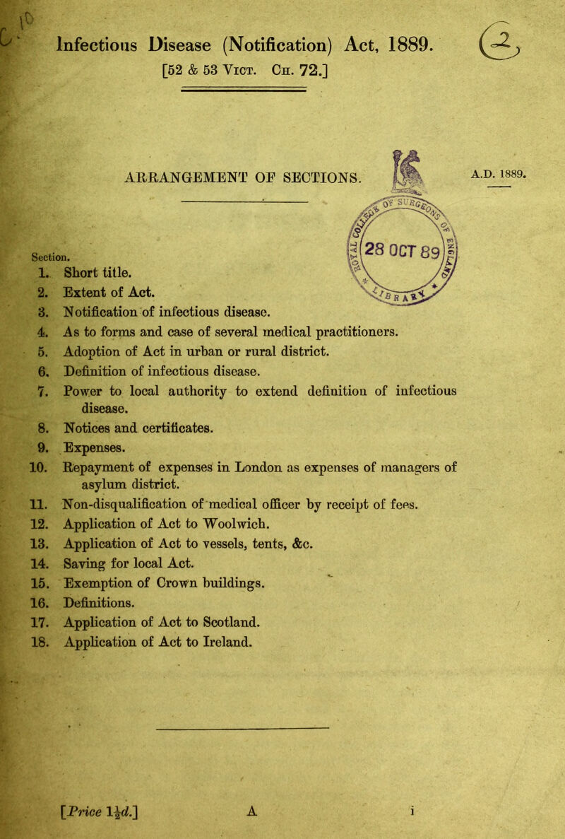 Infectious Disease (Notification) Act, 1889. [52 & 53 Vict. Oh. 72.] ARRANGEMENT OF SECTIONS. A Section. 1. Short title. 2. Extent of Act. 3. Notification of infectious disease. 4. As to forms and case of several medical practitioners. 5. Adoption of Act in urban or rural district. 6. Definition of infectious disease. 7. Power to local authority to extend definition of infectious disease. 8. Notices and certificates. 9. Expenses. 10. Repayment of expenses in London as expenses of managers of asylum district. 11. Non-disqualification of medical officer by receipt of fees. 12. Application of Act to Woolwich. 13. Application of Act to vessels, tents, &c. 14. Saving for local Act. 15. Exemption of Crown buildings. 16. Definitions. 17. Application of Act to Scotland. 18. Application of Act to Ireland. [Price 1 \d.~\ A