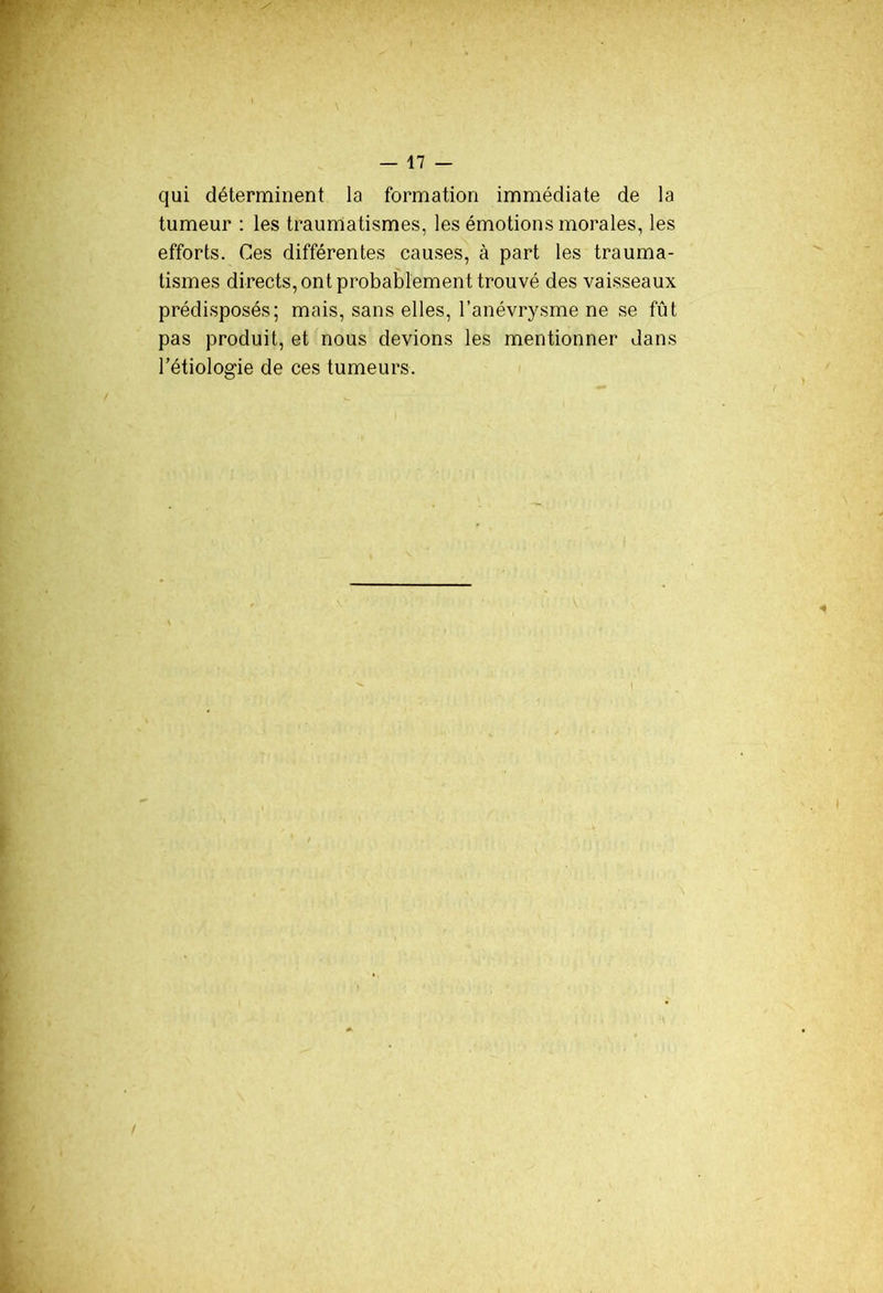 qui déterminent la formation immédiate de la tumeur : les traumatismes, les émotions morales, les efforts. Ces différentes causes, à part les trauma- tismes directs, ont probablement trouvé des vaisseaux prédisposés; mais, sans elles, l’anévrysme ne se fût pas produit, et nous devions les mentionner dans l’étiologie de ces tumeurs.