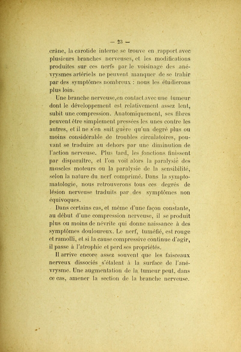 crâne, la carotide interne se trouve en rapport avec plusieurs branches nerveuses, et les modifications produites sur ces nerfs par le voisinage des ané- vrysmes artériels ne peuvent manquer de se trahir par des symptômes nombreux : nous les étudierons plus loin. Une branche nerveuse,en contact avec une tumeur dont le développement est relativement assez lent, subit une compression. Anatomiquement, ses fibres peuvent être simplement pressées les unes contre les autres, et il ne s’en suit guère qu’un degré plus ou moins considérable de troubles circulatoires, pou- vant se traduire au dehors par une diminution de l’action nerveuse. Plus tard, les fonctions finissent par disparaître, et l’on voit alors la paralysie des muscles moteurs ou la paralysie de la sensibilité, selon la nature du nerf comprimé. Dans la sympto- matologie, nous retrouverons tous ces degrés de lésion nerveuse traduits par des symptômes non équivoques. Dans certains cas, et même d’une façon constante, au début d’une compression nerveuse, il se produit plus ou moins de névrite qui donne naissance à des symptômes douloureux. Le nerf, tuméfié, est rouge et ramolli, et si la cause compressive continue d’agir, il passe à l’atrophie et perd ses propriétés. Il arrive encore assez souvent que les faisceaux nerveux dissociés s’étalent à la surface de l’ané- vrysme. Une augmentation de la tumeur peut, dans ce cas, amener la section de la branche nerveuse.
