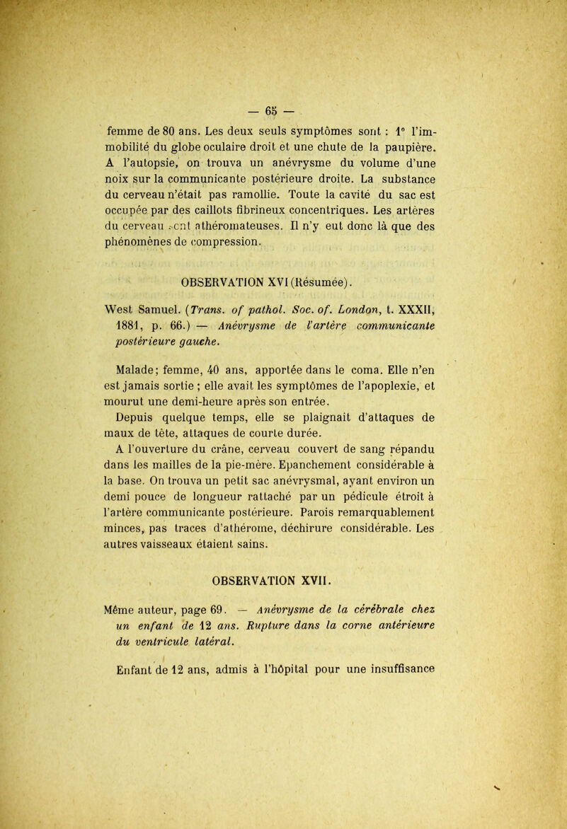 femme de 80 ans. Les deux seuls symptômes sont : 1° l’im- mobilité du globe oculaire droit et une chute de la paupière. A l’autopsie, on trouva un anévrysme du volume d’une noix sur la communicante postérieure droite. La substance du cerveau n’était pas ramollie. Toute la cavité du sac est occupée par des caillots fibrineux concentriques. Les artères du cerveau .-ont athéromateuses. Il n’y eut donc là que des phénomènes de compression. OBSERVATION XVI(Résumée). West Samuel. (Trans. of pathol. Soc. of. London, t. XXXII, 1881, p. 66.) — Anévrysme de l’artère communicante postérieure gauche. Malade; femme, 40 ans, apportée dans le coma. Elle n’en est jamais sortie ; elle avait les symptômes de l’apoplexie, et mourut une demi-heure après son entrée. Depuis quelque temps, elle se plaignait d’attaques de maux de tète, attaques de courte durée. A l’ouverture du crâne, cerveau couvert de sang répandu dans les mailles de la pie-mère. Epanchement considérable à la base. On trouva un petit sac anévrysmal, ayant environ un demi pouce de longueur rattaché par un pédicule étroit à l’artère communicante postérieure. Parois remarquablement minces, pas traces d’athéroine, déchirure considérable. Les autres vaisseaux étaient sains. OBSERVATION XVII. Même auteur, page 69. — Anévrysme de la cérébrale chez un enfant de 12 ans. Rupture dans la corne antérieure du ventricule latéral. Enfant de 12 ans, admis à l’hôpital pour une insuffisance