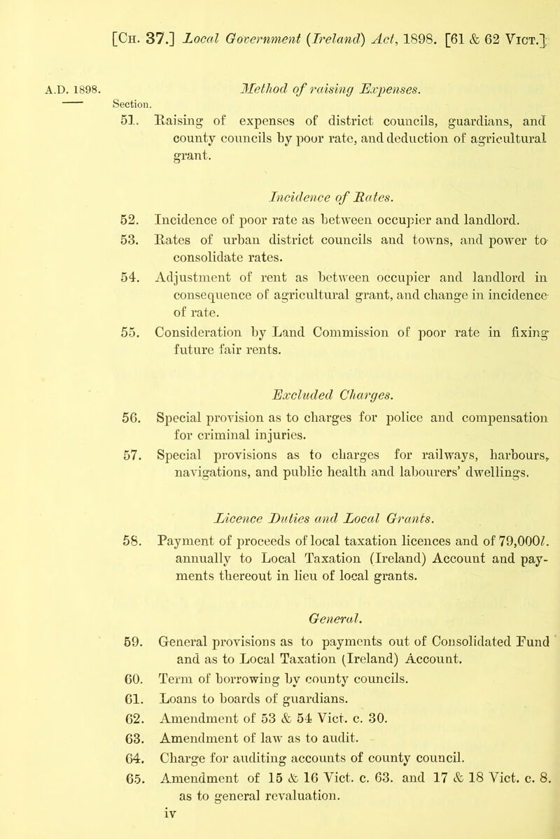 A.D. 1898. Method of raising Expenses. Section. 51. Raising of expenses of district councils, guardians, and county councils l)y poor rate, and deduction of agricultural grant. Incidence of Rates. 52. Incidence of poor rate as between occupier and landlord. 53. Rates of urban district councils and towns, and power to consolidate rates. 54. Adjustment of rent as between occupier and landlord in consequence of agricultural grant, and change in incidence of rate. 55. Consideration by Land Commission of poor rate in fixing future fair rents. Excluded Charges. 56. Special provision as to charges for police and compensation for criminal injuries. 57. Special provisions as to charges for railways, harbours, navigations, and public health and labourers’ dwellings. Licence Duties and Local Grants. 58. Payment of proceeds of local taxation licences and of 79,00(R. annually to Local Taxation (Ireland) Account and pay- ments thereout in lieu of local grants. General. 59. General provisions as to payments out of Consolidated Pund and as to Local Taxation (Ireland) Account. 60. Term of borrowing by county councils. 61. Loans to boards of guardians. 62. Amendment of 53 & 54 Viet. c. 30. 63. Amendment of law as to audit. 64. Charge for auditing accounts of county council. 65. Amendment of 15 & 16 Viet. c. 63. and 17 & 18 Vict. c. 8. as to general revaluation.