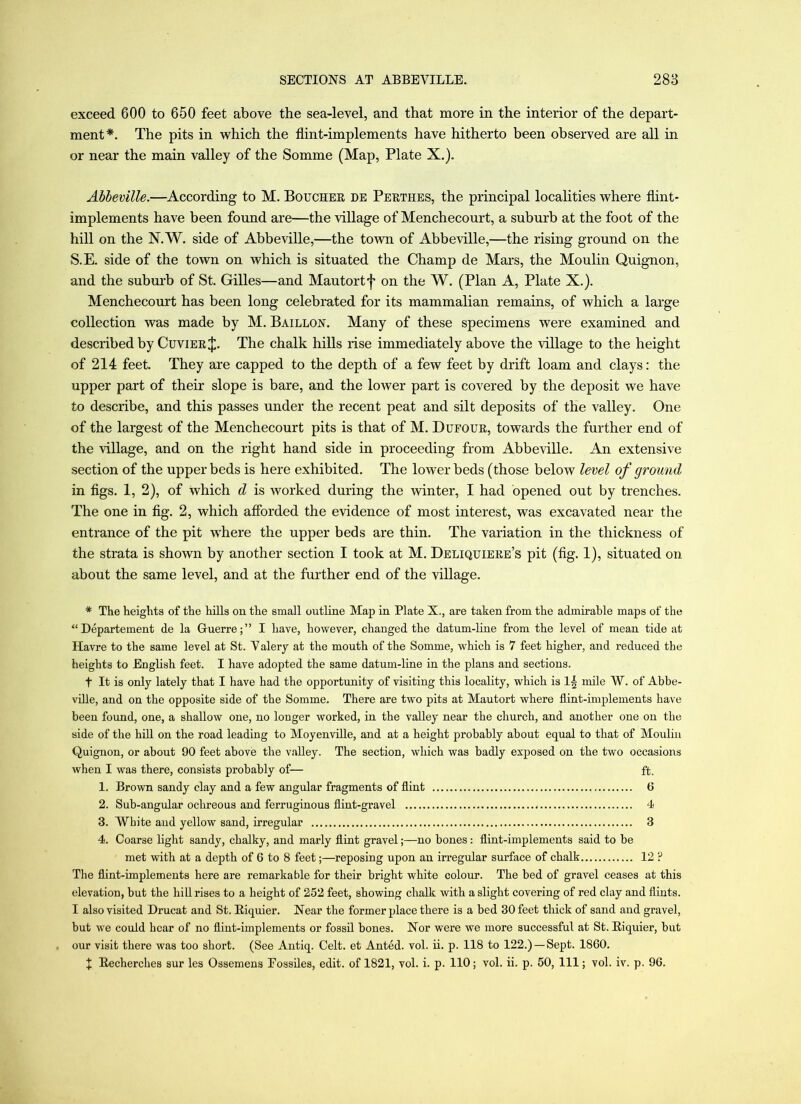 exceed 600 to 650 feet above the sea-level, and that more in the interior of the depart- ment*. The pits in which the flint-implements have hitherto been observed are all in or near the main valley of the Somme (Map, Plate X.). Abbeville.—According to M. Bouchee de Peethes, the principal localities where flint- implements have been found are—the village of Menchecourt, a suburb at the foot of the hill on the N.W. side of Abbeville,—the town of Abbeville,—the rising ground on the S.E. side of the town on which is situated the Champ de Mars, the Moulin Quignon, and the suburb of St. Gilles—and Mautortf on the W. (Plan A, Plate X.). Menchecourt has been long celebrated for its mammalian remains, of which a large collection was made by M. Baillon. Many of these specimens were examined and described by CuviEElfl. The chalk hills rise immediately above the village to the height of 214 feet. They are capped to the depth of a few feet by drift loam and clays: the upper part of their slope is bare, and the lower part is covered by the deposit we have to describe, and this passes under the recent peat and silt deposits of the valley. One of the largest of the Menchecourt pits is that of M. Dufoue, towards the further end of the village, and on the right hand side in proceeding from Abbeville. An extensive section of the upper beds is here exhibited. The lower beds (those below level of ground in figs. 1, 2), of which d is worked during the winter, I had opened out by trenches. The one in fig. 2, which aflbrded the evidence of most interest, was excavated near the entrance of the pit where the upper beds are thin. The variation in the thickness of the strata is shown by another section I took at M. Deliquieee’s pit (fig. 1), situated on about the same level, and at the further end of the village. * The heights of the hills on the small outline Map in Plate X., are taken from the admii-able maps of the “Departement de la Guerre;” I have, however, changed the datum-line from the level of mean tide at Havre to the same level at St. A alery at the mouth of the Somme, which is 7 feet higher, and reduced the heights to English feet. I have adopted the same datum-line in the plans and sections. t It is only lately that I have had the opportunity of visiting this locality, which is mile W. of Ahhe- ville, and on the opposite side of the Somme. There are two pits at Mautort where Hint-implements have been found, one, a shallow one, no longer worked, in the valley near the church, and another one on the side of the hill on the road leading to MoyenviHe, and at a height probably about equal to that of Moulin Quignon, or about 90 feet above the valley. The section, which was badly exposed on the two occasions when I was there, consists probably of— ft. 1. Brown sandy clay and a few angular fragments of flint 6 2. Sub-angular ochreous and ferruginous flint-gravel 4 3. White and yellow sand, irregular 3 4. Coarse light sandy, chalky, and marly flint gravel;—no bones : flint-implements said to be met with at a depth of 6 to 8 feet;—reposing upon an irregular surface of chalk 12 ? The flint-implements here are remarkable for their bright white colour. The bed of gravel ceases at this elevation, but the hill rises to a height of 252 feet, showing chalk with a slight covering of red clay and flints. I also visited Drucat and St. Eiquier. Near the former place there is a bed 30 feet thick of sand and gravel, but we could hear of no flint-implements or fossil bones. Nor were we more successful at St. Eiquier, but our visit there was too short. (See Autiq. Celt, et Anted, vol. ii. p. 118 to 122.) —Sept. 1860.