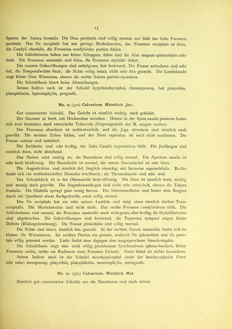 Spuren der Sutura frontalis. Die Ossa parietalia sind völlig normal, nur fehlt das linke Foramen parietale. Das Os occipitale hat nur geringe Muskelansätze, das Foramen occipitale ist klein, die Condyli ebenfalls, die Foramina condyloidea postica fehlen. Die Schläfenbeine haben nur kleine Schuppen, daher sind die Alae magnae sphenoidales sehr breit. Die Processus mastoidei sind klein, die Processus styloidei defect. Die äussern Gehöröffnungen sind mittelgross, fast kreisrund. Die Fossae articulares sind sehr tief, die Temporalwülste flach; die Nähte völlig intact, nicht sehr fein gezackt. Die Lambdanaht zeigt kleine Ossa Wormiana, ebenso die rechte Sutura parieto-squamosa. Die Schädelbasis bietet keine Abweichungen. Seinen Indices nach ist der Schädel hypsibrachycephal, chamaeprosop, fast platyrrhin, platophthalm, leptostaphylin, prognath. No. 11. (370) Calvarium. Männlich. Juv. Gut conservierter Schädel. Das Gesicht ist ziemlich niedrig, stark gebildet. Der Gaumen ist breit, mit Höckerchen versehen. Hinten in der Spina nasalis posterior finden sich zwei besonders stark entwickelte Tubercula (Ursprungsstelle des M. azygos uvulae). Der Processus alveolaris ist wohlentwickelt, und die Juga alveolaria sind ziemlich stark gewölbt. Die meisten Zähne fehlen, und der Dens sapientiae ist noch nicht erschienen. Die Fossae caninae sind mitteltief. Die Jochbeine sind sehr kräftig, der linke Canalis zygomaticus fehlt. Die Jochbogen sind ziemlich dünn, nicht abstehend. Das Nasion setzt niedrig an, die Nasenbeine sind völlig normal. Die Apertura nasalis ist sehr breit bimförmig. Die Nasenhöhle ist normal, der untere Nasenstachel ist sehr klein. Die Augenhöhlen sind ziemlich tief, länglich viereckig, mit Incisurae supraorbitalis. Rechts findet sich ein wohlentwickelter Hamulus trochlearis; die Thränenkanäle sind sehr weit. Das Schädeldach ist in der Oberansicht breit eiförmig. Die Stirn ist ziemlich breit, niedrig und massig stark gewölbt. Die Augenbrauenbogen sind nicht sehr entwickelt, ebenso die Tubera frontalia. Die Glabella springt ganz wenig hervor. Die Seitenwandbeine sind hinter dem Bregma durch ein Querband etwas flachgedrückt, sonst völlig normal. Das Os occipitale hat ein sehr spitzes Lambda und zeigt einen ziemlich starken Torus occipitalis. Die Muskelansätze sind nicht stark. Das rechte Foramen condyloideum fehlt. Die Schläfenbeine sind normal, die Processus mastoidei noch nicht gross, aber kräftig, die Styloidfortsätze sind abgebrochen. Die Gehöröffnungen sind kreisrund, die Tegmenta tympani zeigen kleine Defecte (Bildungshemmung). Die Fossae glenoidales sind völlig normal. Die Nähte sind intact, ziemlich fein gezackt. In der rechten Sutura mastoidea findet sich ein kleines Os Wormianum. Im rechten Pterion ein grosses, wodurch Os sphenoidale und Os parie- tale völlig getrennt werden. Links findet man dagegen eine ausgesprochene Stenokrotaphie. Die Schädelbasis zeigt eine nicht völlig geschlossene Synchondrosis spheno-basilaris, kleine Foramina ovalia, rechts ein Rudiment eines Foramen Civinini. Sonst bietet sie nichts besonderes. Seinen Indices nach ist der Schädel mesohypsicephal (steht der brachycephalen Form sehr nahe) mesoprosop, platyrrhin, platophthalm, mesostaphylin, mesognath. No. 12. (369) Calvarium. Weiblich. Mat. Ziemlich gut conservierter Schädel, nur die Nasenbeine sind stark defect.