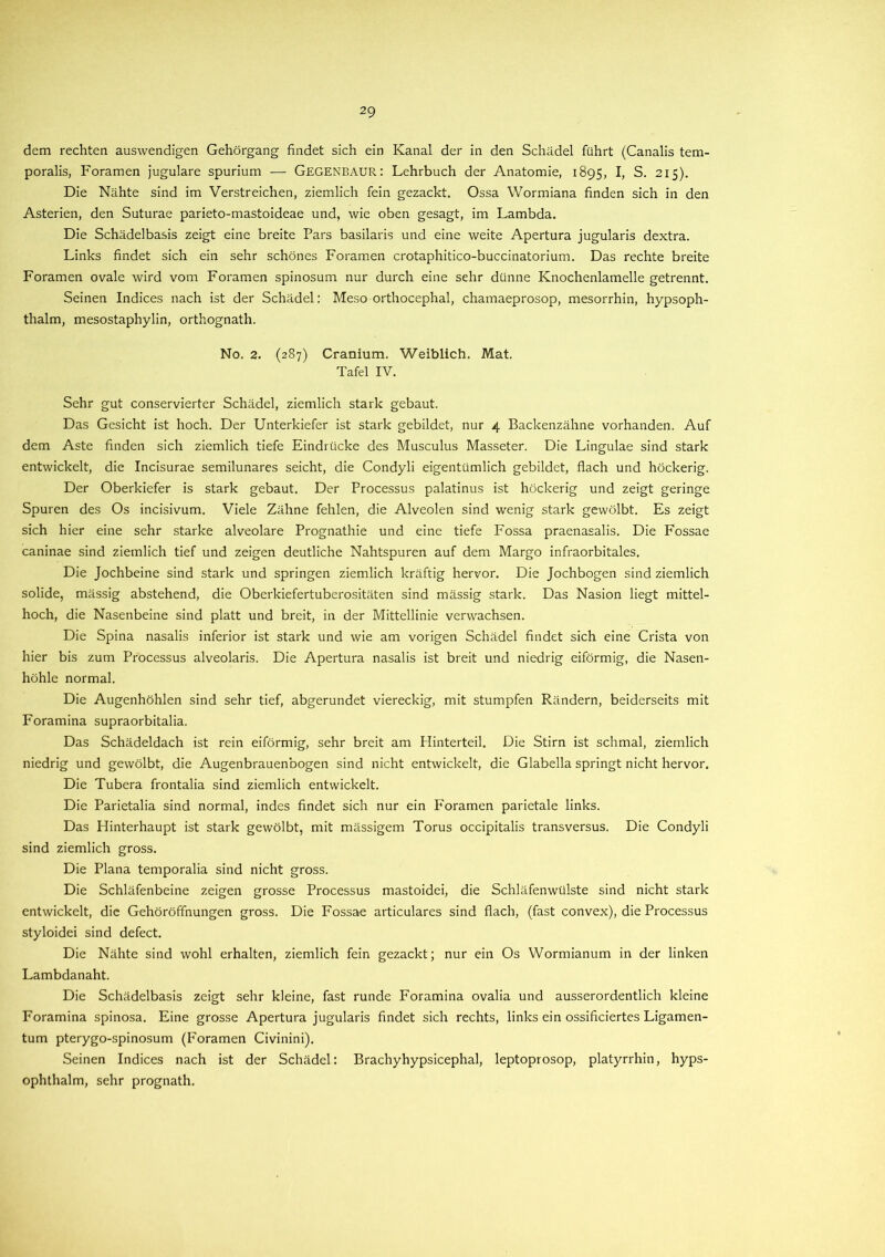 dem rechten auswendigen Gehörgang findet sich ein Kanal der in den Schädel führt (Canalis tem- poralis, Foramen jugulare spurium — GEGENBAUR: Lehrbuch der Anatomie, 1895, I, S. 215). Die Nähte sind im Verstreichen, ziemlich fein gezackt. Ossa Wormiana finden sich in den Asterien, den Suturae parieto-mastoideae und, wie oben gesagt, im Lambda. Die Schädelbasis zeigt eine breite Pars basilaris und eine weite Apertura jugularis dextra. Links findet sich ein sehr schönes Foramen crotaphitico-buccinatorium. Das rechte breite Foramen ovale wird vom Foramen spinosum nur durch eine sehr dünne Knochenlamelle getrennt. Seinen Indices nach ist der Schädel: Meso orthocephal, chamaeprosop, mesorrhin, hypsoph- thalm, mesostaphylin, orthognath. No. 2. (287) Cranium. Weiblich. Mat. Tafel IV. Sehr gut conservierter Schädel, ziemlich stark gebaut. Das Gesicht ist hoch. Der Unterkiefer ist stark gebildet, nur 4 Backenzähne vorhanden. Auf dem Aste finden sich ziemlich tiefe Eindrücke des Musculus Masseter. Die Lingulae sind stark entwickelt, die Incisurae semilunares seicht, die Condyli eigentümlich gebildet, flach und höckerig. Der Oberkiefer is stark gebaut. Der Processus palatinus ist höckerig und zeigt geringe Spuren des Os incisivum. Viele Zähne fehlen, die Alveolen sind wenig stark gewölbt. Es zeigt sich hier eine sehr starke alveolare Prognathie und eine tiefe Fossa praenasalis. Die Fossae caninae sind ziemlich tief und zeigen deutliche Nahtspuren auf dem Margo infraorbitales. Die Jochbeine sind stark und springen ziemlich kräftig hervor. Die Jochbogen sind ziemlich solide, mässig abstehend, die Oberkiefertuberositäten sind mässig stark. Das Nasion liegt mittel- hoch, die Nasenbeine sind platt und breit, in der Mittellinie verwachsen. Die Spina nasalis inferior ist stark und wie am vorigen Schädel findet sich eine Crista von hier bis zum Processus alveolaris. Die Apertura nasalis ist breit und niedrig eiförmig, die Nasen- höhle normal. Die Augenhöhlen sind sehr tief, abgerundet viereckig, mit stumpfen Rändern, beiderseits mit Foramina supraorbitalia. Das Schädeldach ist rein eiförmig, sehr breit am Hinterteil. Die Stirn ist schmal, ziemlich niedrig und gewölbt, die Augenbrauenbogen sind nicht entwickelt, die Glabella springt nicht hervor. Die Tubera frontalia sind ziemlich entwickelt. Die Parietalia sind normal, indes findet sich nur ein Foramen parietale links. Das Hinterhaupt ist stark gewölbt, mit massigem Torus occipitalis transversus. Die Condyli sind ziemlich gross. Die Plana temporalia sind nicht gross. Die Schläfenbeine zeigen grosse Processus mastoidei, die Schläfenwiilste sind nicht stark entwickelt, die Gehöröffnungen gross. Die Fossae articulares sind flach, (fast convex), die Processus styloidei sind defect. Die Nähte sind wohl erhalten, ziemlich fein gezackt; nur ein Os Wormianum in der linken Lambdanaht. Die Schädelbasis zeigt sehr kleine, fast runde Foramina ovalia und ausserordentlich kleine Foramina spinosa. Eine grosse Apertura jugularis findet sich rechts, links ein ossificiertes Ligamen- tum pterygo-spinosum (Foramen Civinini). Seinen Indices nach ist der Schädel: Brachyhypsicephal, leptoprosop, platyrrhin, hyps- ophthalm, sehr prognath.