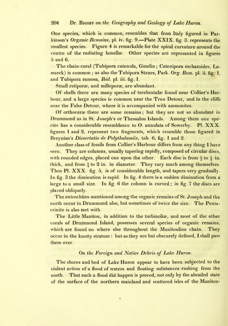 One species, which is common, resembles that from Italy figured in Par- kinson’s Organic Remains, pi. iv. fig. 9.—Plate XXIX. fig. 3. represents the smallest species. Figure 4 is remarkable for the spiral curvature around the centre of the radiating lamellae. Other species are represented in figures 5 and 6. The chain-coral (Tubipora catenula, Gmelin; Catenipora escharoides, La- marck) is common ; as also the Tubipora Strues, Park. Org. Rem. pi. ii. fig. 1, and Tubipora ramosa. Ibid. pi. iii. fig. 1. Small retiporae, and milleporae, are abundant. Of shells there are many species of terebratulae found near Collier’s Har- bour, and a large species is common near the True Detour, and in the cliffs near the False Detour, where it is accompanied with ammonites. Of orthocerae there are some remains; but they are not so abundant in Drummond as in St. Joseph’s or Thessalon Islands. Among them one spe- cies has a considerable resemblance to O. annulata of Sowerby. PI. XXX. figures 1 and 2, represent two fragments, which resemble those figured in Breynius’s Dissertatio de Polythalamiis, tab. 6, fig. 1 and 2. Another class of fossils from Collier’s Harbour differs from any thing I have seen. They are columns, usually tapering rapidly, composed of circular discs, with rounded edges, placed one upon the other. Each disc is from § to ^ in. thick, and from J to 2 in. in diameter. They vary much among themselves. Thus PI. XXX. fig. 5, is of considerable length, and tapers very gradually. In fig. 3 the diminution is rapid. In fig. 4 there is a sudden diminution from a large to a small size. In fig. 6 the column is curved; in fig. 7 the discs are placed obliquely. The entrochites mentioned among the organic remains of St. Joseph and the north occur in Drummond also, but sometimes of twice the size. The Penta- crinite is also met with. The Little Manitou, in addition to the turbinoliae, and most of the other corals of Drummond Island, possesses several species of organic remains, which are found no where else throughout the Manitouline chain. They occur in the knotty stratum : but as they are but obscurely defined, I shall pass them over. On the Foreign and Native Debris of Lake Huron. The shores and bed of Lake Huron appear to have been subjected to the violent action of a flood of waters and floating substances rushing from the north. That such a flood did happen is proved, not only by the abraded state of the surface of the northern mainland and scattered isles of the Manitou-