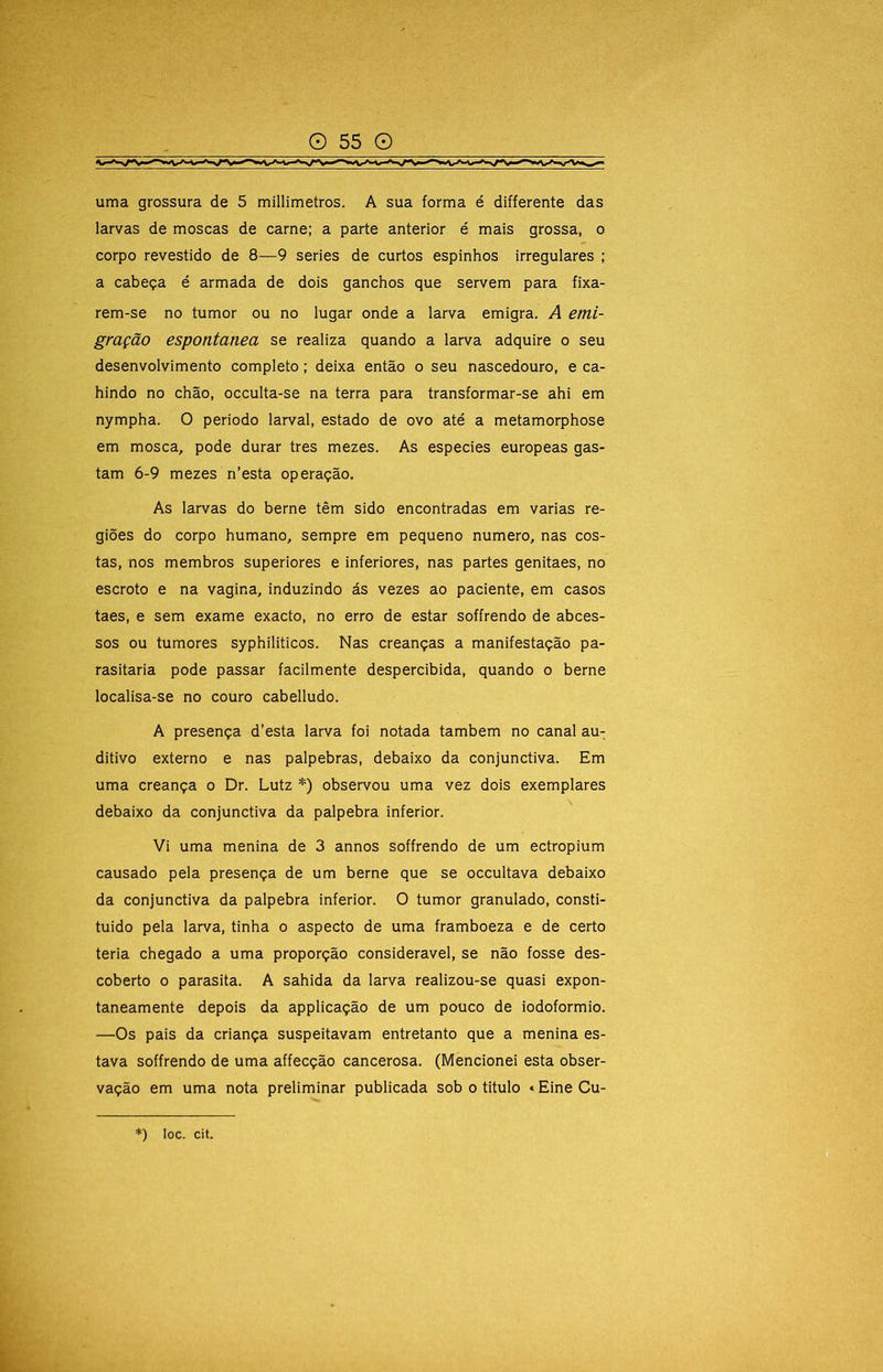uma grossura de 5 millimetros. A sua forma é differente das larvas de moscas de carne; a parte anterior é mais grossa, o corpo revestido de 8—9 series de curtos espinhos irregulares ; a cabeça é armada de dois ganchos que servem para fixa- rem-se no tumor ou no lugar onde a larva emigra. A emi- gração espontânea se realiza quando a larva adquire o seu desenvolvimento completo; deixa então o seu nascedouro, e ca- hindo no chão, occulta-se na terra para transformar-se ahi em nympha. O periodo larval, estado de ovo até a metamorphose em mosca, pode durar tres mezes. As especies europeas gas- tam 6-9 mezes n’esta operação. As larvas do berne têm sido encontradas em varias re- giões do corpo humano, sempre em pequeno numero, nas cos- tas, nos membros superiores e inferiores, nas partes genitaes, no escroto e na vagina, induzindo ás vezes ao paciente, em casos taes, e sem exame exacto, no erro de estar soffrendo de abces- sos ou tumores syphiliticos. Nas creanças a manifestação pa- rasitaria pode passar facilmente despercibida, quando o berne localisa-se no couro cabelludo. A presença d’esta larva foi notada também no canal au- ditivo externo e nas palpebras, debaixo da conjunctiva. Em uma creança o Dr. Lutz *) observou uma vez dois exemplares debaixo da conjunctiva da palpebra inferior. Vi uma menina de 3 annos soffrendo de um ectropium causado pela presença de um berne que se occultava debaixo da conjunctiva da palpebra inferior. O tumor granulado, consti- tuído pela larva, tinha o aspecto de uma framboeza e de certo teria chegado a uma proporção considerável, se não fosse des- coberto 0 parasita. A sahida da larva realizou-se quasi expon- taneamente depois da applicação de um pouco de iodoformio. —Os pais da criança suspeitavam entretanto que a menina es- tava soffrendo de uma affecção cancerosa. (Mencionei esta obser- vação em uma nota preliminar publicada sob o titulo «Eine Cu- *) loc. cit.