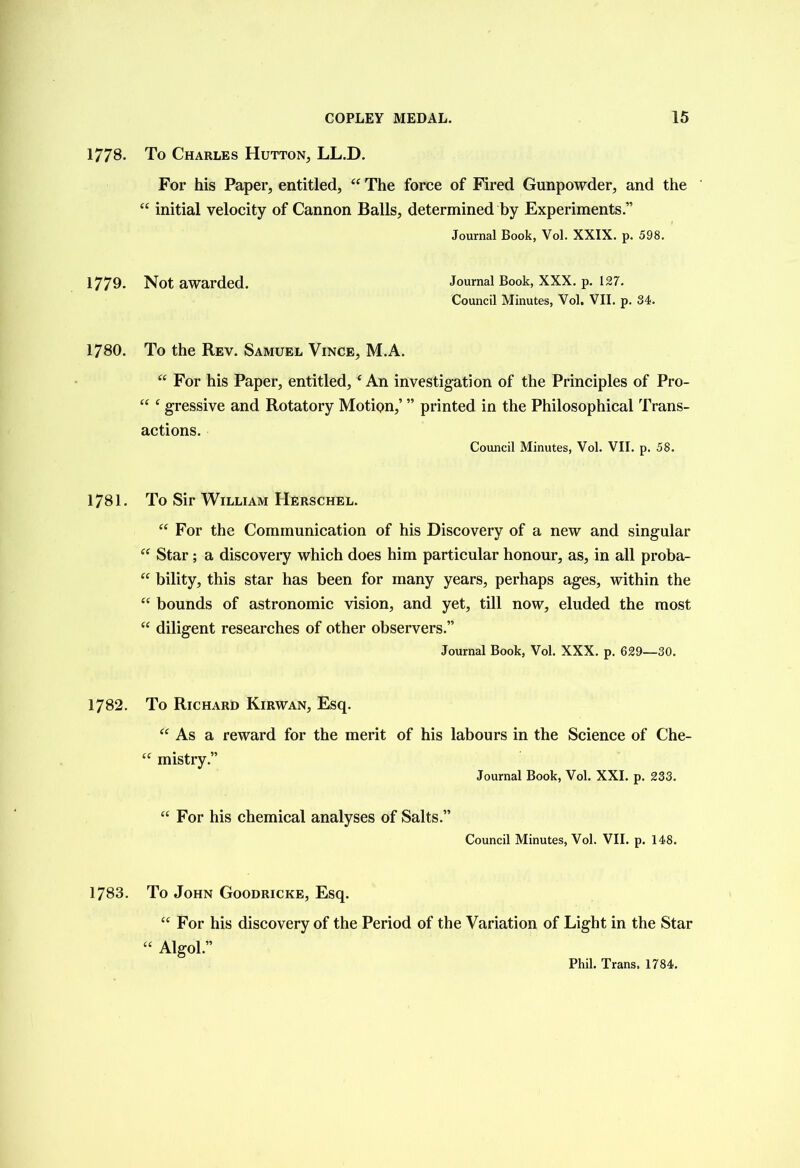 1778. To Charles Hutton, LL.D. For his Paper, entitled, “ The force of Fired Gunpowder, and the “ initial velocity of Cannon Balls, determined by Experiments.” Journal Book, Vol. XXIX. p. 598. 1779. Not awarded. Journal Book, XXX. p. 127. Council Minutes, Vol. VII. p. 34. 1780. To the Rev. Samuel Vince, M.A. “ For his Paper, entitled,4 An investigation of the Principles of Pro- “ ‘ gressive and Rotatory Motion,’ ” printed in the Philosophical Trans- actions. Council Minutes, Vol. VII. p. 58. 1781. To Sir William Herschel. “ For the Communication of his Discovery of a new and singular “ Star; a discovery which does him particular honour, as, in all proba- “ bility, this star has been for many years, perhaps ages, within the “ bounds of astronomic vision, and yet, till now, eluded the most “ diligent researches of other observers.” Journal Book, Vol. XXX. p. 629—30. 1782. To Richard Kirwan, Esq. “ As a reward for the merit of his labours in the Science of Che- “ mistry.” Journal Book, Vol. XXI. p. 233. “ For his chemical analyses of Salts.” Council Minutes, Vol. VII. p. 148. 1783. To John Goodricke, Esq. “ For his discovery of the Period of the Variation of Light in the Star “ Algol.”