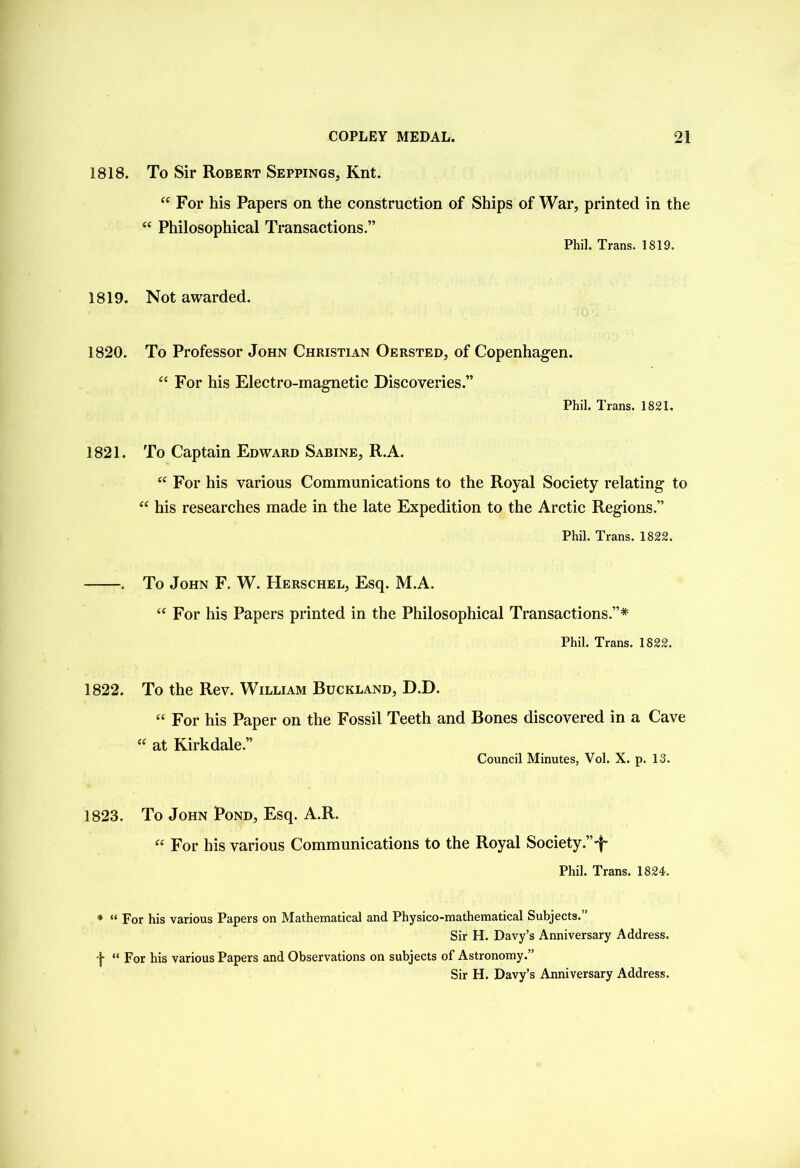 1818. To Sir Robert Seppings, Knt. “ For his Papers on the construction of Ships of War, printed in the “ Philosophical Transactions.” Phil. Trans. 1819. 1819. Not awarded. 1820. To Professor John Christian Oersted, of Copenhagen. “ For his Electro-magnetic Discoveries.” Phil. Trans. 1821. 1821. To Captain Edward Sabine, R.A. “ For his various Communications to the Royal Society relating to “ his researches made in the late Expedition to the Arctic Regions.” Phil. Trans. 1822. -. To John F. W. Herschel, Esq. M.A. “ For his Papers printed in the Philosophical Transactions.”* Phil. Trans. 1822. 1822. To the Rev. William Buckland, D.D. “ For his Paper on the Fossil Teeth and Bones discovered in a Cave “ at Kirkdale.” Council Minutes, Vol. X. p. 13. 1823. To John Pond, Esq. A.R. “ For his various Communications to the Royal Society.”-p Phil. Trans. 1824. * “ For his various Papers on Mathematical and Physico-mathematical Subjects.” Sir H. Davy’s Anniversary Address. f “ For his various Papers and Observations on subjects of Astronomy.” Sir H. Davy’s Anniversary Address.
