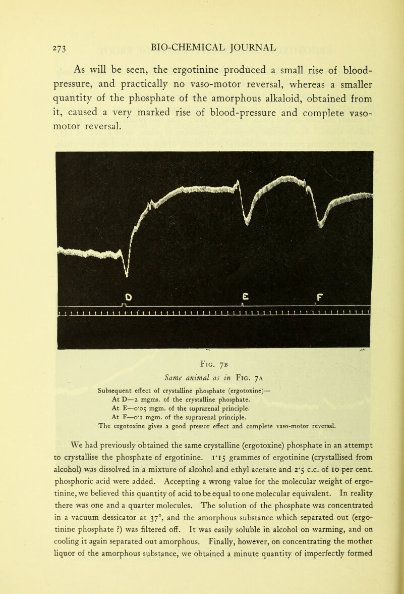 As will be seen, the ergotinine produced a small rise of blood- pressure, and practically no vaso-motor reversal, whereas a smaller quantity of the phosphate of the amorphous alkaloid, obtained from it, caused a very marked rise of blood-pressure and complete vaso- motor reversal. Fig. 7B Same animal as in Fig. 7A Subsequent effect of crystalline phosphate (ergotoxine)— At D—2 mgms. of the crystalline phosphate. At E—0^05 mgm. of t-he suprarenal principle. At F—o' 1 mgm. of the suprarenal principle. The ergotoxine gives a good pressor effect and complete vaso-motor reversal. We had previously obtained the same crystalline (ergotoxine) phosphate in an attempt to crystallise the phosphate of ergotinine. 1*15 grammes of ergotinine (crystallised from alcohol) was dissolved in a mixture of alcohol and ethyl acetate and 2'5 c.c. of 10 per cent, phosphoric acid were added. Accepting a wrong value for the molecular weight of ergo- tinine, we believed this quantity of acid to be equal to one molecular equivalent. In reality there was one and a quarter molecules. The solution of the phosphate was concentrated in a vacuum dessicator at 370, and the amorphous substance which separated out (ergo- tinine phosphate ?) was filtered off. It was easily soluble in alcohol on warming, and on cooling it again separated out amorphous. Finally, however, on concentrating the mother liquor of the amorphous substance, we obtained a minute quantity of imperfectly formed