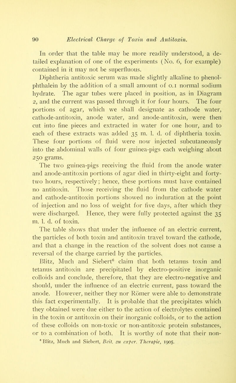 In order that the table may be more readily understood, a de- tailed explanation of one of the experiments (No. 6, for example) contained in it may not be superfluous. Diphtheria antitoxic serum was made slightly alkaline to phenol- phthalein by the addition of a small amount of o. i normal sodium hydrate. The agar tubes were placed in position, as in Diagram 2, and the current was passed through it for four hours. The four portions of agar, which we shall designate as cathode water, cathode-antitoxin, anode water, and anode-antitoxin, were then cut into fine pieces and extracted in water for one hour, and to each of these extracts was added 35 m. 1. d. of diphtheria toxin. These four portions of fluid were now injected subcutaneously into the abdominal walls of four guinea-pigs each weighing about 250 grams. The two guinea-pigs receiving the fluid from the anode water and anode-antitoxin portions of agar died in thirty-eight and forty- two hours, respectively; hence, these portions must have contained no antitoxin. Those receiving the fluid from the cathode water and cathode-antitoxin portions showed no induration at the point of injection and no loss of weight for five days, after which they were discharged. Hence, they were fully protected against the 35 m. 1. d. of toxin. The table shows that under the influence of an electric current, the particles of both toxin and antitoxin travel toward the cathode, and that a change in the reaction of the solvent does not cause a reversal of the charge carried by the particles. Blitz, Much and Siebert6 claim that both tetanus toxin and tetanus antitoxin are precipitated by electro-positive inorganic colloids and conclude, therefore, that they are electro-negative and should, under the influence of an electric current, pass toward the anode. However, neither they nor Romer were able to demonstrate this fact experimentally. It is probable that the precipitates which they obtained were due either to the action of electrolytes contained in the toxin or antitoxin on their inorganic colloids, or to the action of these colloids on non-toxic or non-antitoxic protein substances, or to a combination of both. It is worthy of note that their non- 6 Blitz, Much and Siebert, Beit, zu ex per. Therapie, 1905.