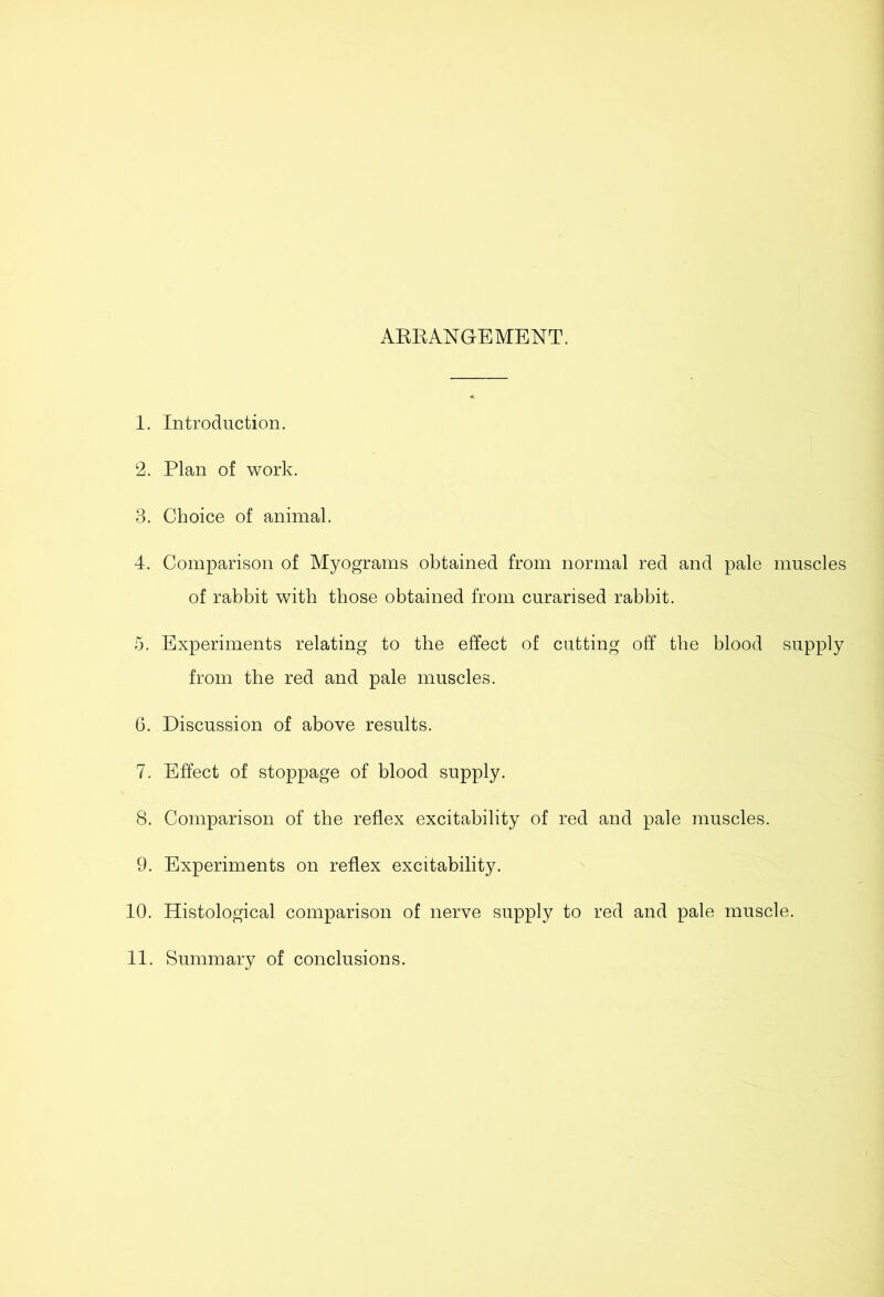 ARRANGEMENT. 1. Introduction. 2. Plan of work. 3. Choice of animal. 4. Comparison of Myograms obtained from normal red and pale muscles of rabbit with those obtained from curarised rabbit. 5. Experiments relating to the effect of cutting off the blood supply from the red and pale muscles. 6. Discussion of above results. 7. Effect of stoppage of blood supply. 8. Comparison of the reflex excitability of red and pale muscles. 9. Experiments on reflex excitability. 10. Histological comparison of nerve supply to red and pale muscle.