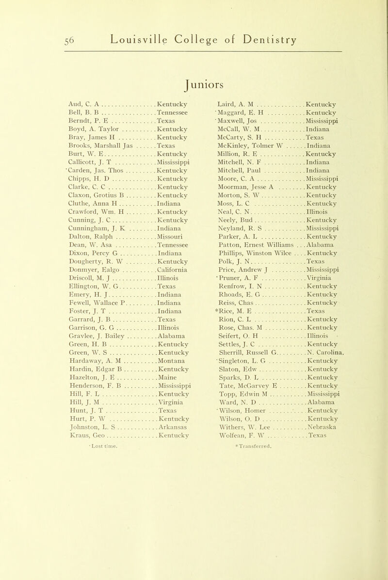 Juniors Aud, C. A Kentucky Bell, B. B Tennessee Berndt, P. E .Texas Boyd, A. Taylor Kentucky Bray, James H Kentucky Brooks, Marshall Jas Texas Burt, W. E Kentucky Callicott, J. T Mississippi Carden, Jas. Thos Kentucky Chipps, H. D Kentucky Clarke, C. C Kentucky Claxon, Grotius B Kentucky Cluthe, Anna H Indiana Crawford, Win. H Kentucky Cunning, J. C Kentucky Cunningham, J. K Indiana Dalton, Ralph Missouri Dean, W. Asa Tennessee Dixon, Percy G Indiana Dougherty, R. W Kentucky Donmyer, Ealgo California Driscoll, M. J Illinois Ellington, W. G Texas Emery, H. J Indiana Fewell, Wallace P Indiana Foster, J. T Indiana Garrard, J. B Texas Garrison, G. G Illinois Gravlee, J. Bailey Alabama Green, H. B Kentucky Green, W. S Kentucky Hardaway, A. M Montana Hardin, Edgar B Kentucky Hazelton, J. E Maine Henderson, E. B Mississippi Hill, F. L Kentucky Hill, J. M Virginia Hunt, J. T Texas Hurt, P. W Kentucky Johnston, E. S Arkansas Kraus, Geo Kentucky Eaird, A. M . .Kentucky 'Maggard, E. H . .Kentucky 'Maxwell, Jos . .Mississippi McCall, W. M .. Indiana McCarty, S. H . .Texas McKinley, Tolmer W ... . . .Indiana Million, R. E .. Kentucky Mitchell, N. F . .Indiana Mitchell, Paul . .Indiana Moore, C. A . . Mississippi Moorman, Jesse A . .Kentucky Morton, S. W . .Kentucky Moss, E. C . .Kentucky Neal, C. N . . Illinois Neely, Bud . . Kentucky Neyland, R. S . .Mississippi Parker, A. L .. Kentucky Patton, Ernest Williams . . .Alabama Phillips, Winston Wilce .. .. Kentucky Polk, J. N . . . .Texas Price, Andrew J . .Mississippi •Pruner, A. F . .Virginia Renfrow, I. N . . Kentucky Rhoads, E. G . .Kentucky Reiss, Chas . . Kentucky *Rice, M. E . .Texas Rion, C. E . .Kentucky Rose, Chas. M . . Kentucky Seifert, 0. H . . Illinois Settles, J. C . .Kentucky Sherrill, Russell G . . N. Carolina. 'Singleton, E. G .. Kentucky Slaton, Edw .. Kentucky Sparks, D. L . . Kentucky Tate, McGarvey E .. Kentucky Topp, Edwin M . .Mississippi Ward, N. D .. Alabama 'Wilson, Homer . . . Kentucky Wilson, 0. D . . . .Kentucky Withers, W. Eee . .Nebraska Wolfean, F. W ...Texas • Lost time. : Transferred.