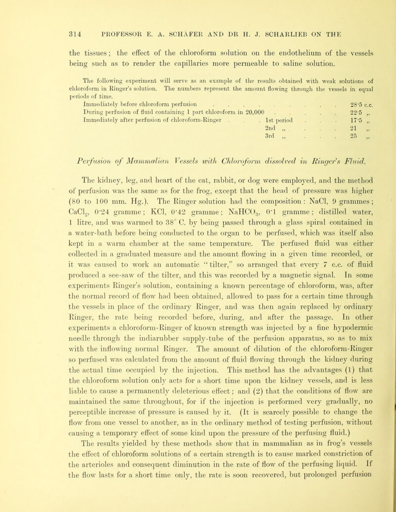 the tissues; the effect of the chloroform solution on the endothelium of the vessels being such as to render the capillaries more permeable to saline solution. The following experiment will serve as an example of the results obtained with weak solutions of chloroform in Ringer’s solution. The numbers represent the amount flowing through the vessels in equal periods of time. Immediately before chloroform perfusion ......... 28'5 c.c. During perfusion of fluid containing 1 part chloroform in 20,000 ..... 22'5 ,, Immediately after perfusion of chloroform-Ringer .1st period 17'5 ,, 2nd „ ... 21 „ 3rd „ ... 25 „ Perfusion of Mammalian Vessels with Chloroform dissolved in Ringer's Fluid. The kidney, leg, and heart of the cat, rabbit, or dog were employed, and the method of perfusion was the same as for the frog, except that the head of pressure was higher (80 to 100 mm. Hg.). The Ringer solution had the composition: NaCl, 9 grammes; CaCl2, 0‘24 gramme; KC1, 0’42 gramme; NaHCOs, 0T gramme; distilled water, 1 litre, and was warmed to 38° C. by being passed through a glass spiral contained in a water-bath before being conducted to the organ to be perfused, which was itself also kept in a warm chamber at the same temperature. The perfused fluid was either collected in a graduated measure and the amount flowing in a given time recorded, or it was caused to work an automatic “ tilter,” so arranged that every 7 c.c. of fluid produced a see-saw of the tilter, and this was recorded by a magnetic signal. In some experiments Ringer’s solution, containing a known percentage of chloroform, was, after the normal record of flow had been obtained, allowed to pass for a certain time through the vessels in place of the ordinary Ringer, and was then again replaced by ordinary Ringer, the rate being recorded before, during, and after the passage. In other experiments a chloroform-Ringer of known strength was injected by a fine hypodermic needle through the indiarubber supply-tube of the perfusion apparatus, so as to mix with the inflowing normal Ringer. The amount of dilution of the chloroform-Ringer so perfused was calculated from the amount of fluid flowing through the kidney during the actual time occupied by the injection. This method has the advantages (l) that the chloroform solution only acts for a short time upon the kidney vessels, and is less liable to cause a permanently deleterious effect; and (2) that the conditions of flow are maintained the same throughout, for if the injection is performed very gradually, no perceptible increase of pressure is caused by it. (It is scarcely possible to change the flow from one vessel to another, as in the ordinary method of testing perfusion, without causing a temporary effect of some kind upon the pressure of the perfusing fluid.) The results yielded by these methods show that in mammalian as in frog’s vessels the effect of chloroform solutions of a certain strength is to cause marked constriction of the arterioles and consequent diminution in the rate of flow of the perfusing liquid. If the flow lasts for a short time only, the rate is soon recovered, but prolonged perfusion