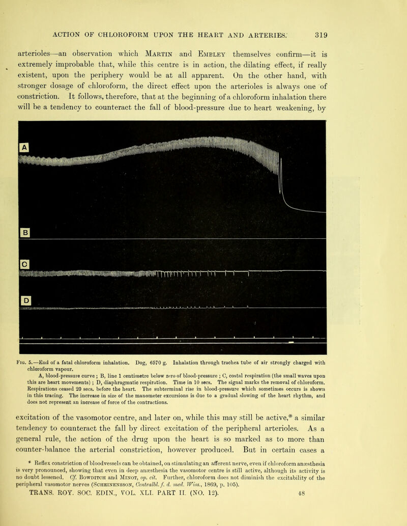 arterioles—an observation which Martin and Embley themselves confirm—it is extremely improbable that, while this centre is in action, the dilating effect, if really existent, upon the periphery would be at all apparent. On the other hand, with stronger dosage of chloroform, the direct effect upon the arterioles is always one of constriction. It follows, therefore, that at the beginning of a chloroform inhalation there will be a tendency to counteract the fall of blood-pressure due to heart weakening, by Fig. 5.—End of a fatal chloroform inhalation. Dog, 6570 g. Inhalation through trachea tube of air strongly charged with chloroform vapour. A, blood-pressure curve ; B, line 1 centimetre below zero of blood-pressure ; C, costal respiration (the small waves upon this are heart movements) ; D, diaphragmatic respiration. Time in 10 secs. The signal marks the removal of chloroform. Respirations ceased 20 secs, before the heart. The subterminal rise in blood-pressure which sometimes occurs is shown in this tracing. The increase in size of the manometer excursions is due to a gradual slowing of the heart rhythm, and does not represent an increase of force of the contractions. excitation of the vasomotor centre, and later on, while this may still be active,* a similar tendency to counteract the fall by direct excitation of the peripheral arterioles. As a general rule, the action of the drug upon the heart is so marked as to more than counter-balance the arterial constriction, however produced. But in certain cases a * Reflex constriction of bloodvessels can be obtained, on stimulating an afferent nerve, even if chloroform anaesthesia is very pronounced, showing that even in deep anaesthesia the vasomotor centre is still active, although its activity is no doubt lessened. Gf. Bowditch and Minot, op. cit. Further, chloroform does not diminish the excitability of the peripheral vasomotor nerves (Scheinensson, Centralbl.f. d. med. Wiss., 1869, p. 105). TRANS. ROY. SOC. EDIN., VOL. XLI. PART II. (NO. 12). 48