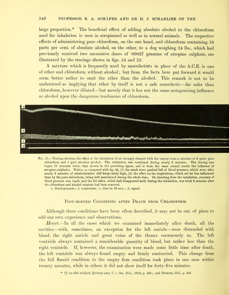 large proportion.* The beneficial effect of adding absolute alcohol to the chloroform used for inhalation is seen in atropinised as well as in normal animals. The respective effects of administering pure chloroform, on the one hand, and chloroform containing 10 parts per cent, of absolute alcohol, on the other, to a dog weighing 24 lbs., which had previously received two successive doses of ’00027 gramme of atropine sulphate, are illustrated by the tracings shown in figs. 24 and 25. A mixture which is frequently used by anaesthetists in place of the A.C.E. is one of ether and chloroform without alcohol; but from the facts here put forward it would seem better rather to omit the ether than the alcohol. This remark is not to be understood as implying that ether by itself is not a safe anaesthetic—far safer than chloroform, however diluted—but merely that it has not the same antagonising influence as alcohol upon the dangerous tendencies of chloroform. Fig. 25.—Tracing showing the effect of the inhalation of air strongly charged with the vapour irom a mixture of 9 parts pure chloroform and 1 part absolute alcohol. The inhalation was continued during nearly 5 minutes. The tracing was begun 10 minutes before that shown in the preceding figure, and is from the same animal (under the influence of atropine sulphate). Notice, as compared with fig. 24, (1) the much more gradual fall of blood-pressure, which even after nearly 5 minutes of administration still keeps fairly high, (2) the effect on the respirations, which are far less influenced than by the pure-chloroform, being well maintained during the whole time. On desisting from the inhalation, recovery of blood-pressure was rapid, and the lid reflex, which had disappeared early during the inhalation, was brisk 5 minutes after the chloroform and alcohol mixture had been removed. a, blood-pressure; b, respiration ; c, time in 10 secs. ; d, signal. Post-mortem Conditions after Death from Chloroform. Although these conditions have been often described, it may not be out of place to add our own experience and observations. Heart.—In all the cases which we examined immediately after death, all the cavities—with, sometimes, an exception for the left auricle—were distended with blood, the right auricle and great veins of the thorax enormously so. The left ventricle always contained a considerable quantity of blood, but rather less than the right ventricle. If, however, the examination were made some little time after death, the left ventricle was always found empty and firmly contracted. This change from the full flaccid condition to the empty firm condition took place in one case within twenty minutes, while in others it did not show itself for forty-five minutes. * Gf. on this subject, Quinquard, C. r. Soc. Biol., 1883, p. 425 ; and Dubois, ibid., p. 441.
