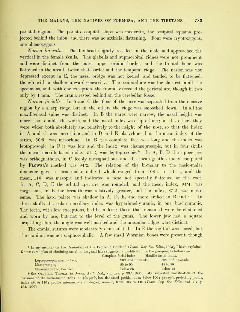 parietal region. The parieto-occipital slope was moderate, the occipital squama pro- jected behind the inion, and there was no artificial flattening. Four were cryptozygous, one phsenozygous. Norma lateralis.—The forehead slightly receded in the male and approached the vertical in the female skulls. The glabella and supraorbital ridges were not prominent and were distinct from the outer upper orbital border, and the frontal bone was flattened in the area between that border and the temporal ridge. The nasion was not depressed except in E, the nasal bridge was not keeled, and tended to be flattened, though with a shallow upward concavity. The occipital arc was the shortest in all the specimens, and, with one exception, the frontal exceeded the parietal arc, though in two only by 1 mm. The crania rested behind on the cerebellar fossae. Norma facialis.—In A and C the floor of the nose was separated from the incisive region by a sharp ridge, but in the others the ridge was smoothed down. In all the maxillo-nasal spine was distinct. In B the nares were narrow, the nasal height was more than double the width, and the nasal index was leptorhine; in the others they were wider both absolutely and relatively to the height of the nose, so that the index in A and 0 was mesorhine and in D and E platyrhine, but the mean index of the series, 50-5, was mesorhine. In B the complete face was long and the index was leptoprosopic, in C it was low and the index was chamseprosopic, but in four skulls the mean maxillo-facial index, 51 ‘2, was leptoprosopic.* In A, B, D the upper jaw was orthognathous, in C feebly mesognathous, and the mean gnathic index computed by Flower’s method was 94*2. The relation of the bi-malar to the nasio-malar diameter gave a nasio-malar index f which ranged from 108‘4 to 111 '4, and the mean, 110, was mesopic and indicated a nose not specially flattened at the root. In A, C, D, E the orbital aperture was rounded, and the mean index, 9 4 '4, was megaseme, in B the breadth was relatively greater, and the index, 87'2, was meso- seme. The hard palate was shallow in A, D, E, and more arched in B and C. In three skulls the palato-maxillary index was hyperbrachyuranic, in one brachyuranic. The teeth, with few exceptions, had been lost; those that remained were betel-stained and worn by use, but not to the level of the gums. The lower jaw had a square projecting chin, the angle was well marked and the muscular ridges were distinct. The cranial sutures were moderately denticulated. In E the sagittal was closed, but the cranium was not scaphocephalic. A few small Wormian bones were present, though * In my memoir on the Craniology of the People of Scotland (Trans. Roy. Sue. Edin., 1903), I have explained Kollmann’s plan of obtaining facial indices, and have suggested a modification in the grouping as follows Complete facial index. Maxillo-facial index. Leptoprosopic, narrow face,.... 90'1 and upwards 50’1 and upwards Mesoprosopic, . . . 85 to 90 45 to 50 Chamseprosopic, low face, .... below 85 below 45 t See Oldfield Thomas in Journ. Anth. Inst., vol. xiv. p. 332, 1885. My suggested modification of the divisions of the nasio-malar index is: platyopic, low flat-faced profile, index below 106; pro-opic, projecting profile, index above 110; profile intermediate in degree, mesopic, from 106 to 110 (Trans. Roy. Soc. Edin., vol. xlv. p. 263, 1906).