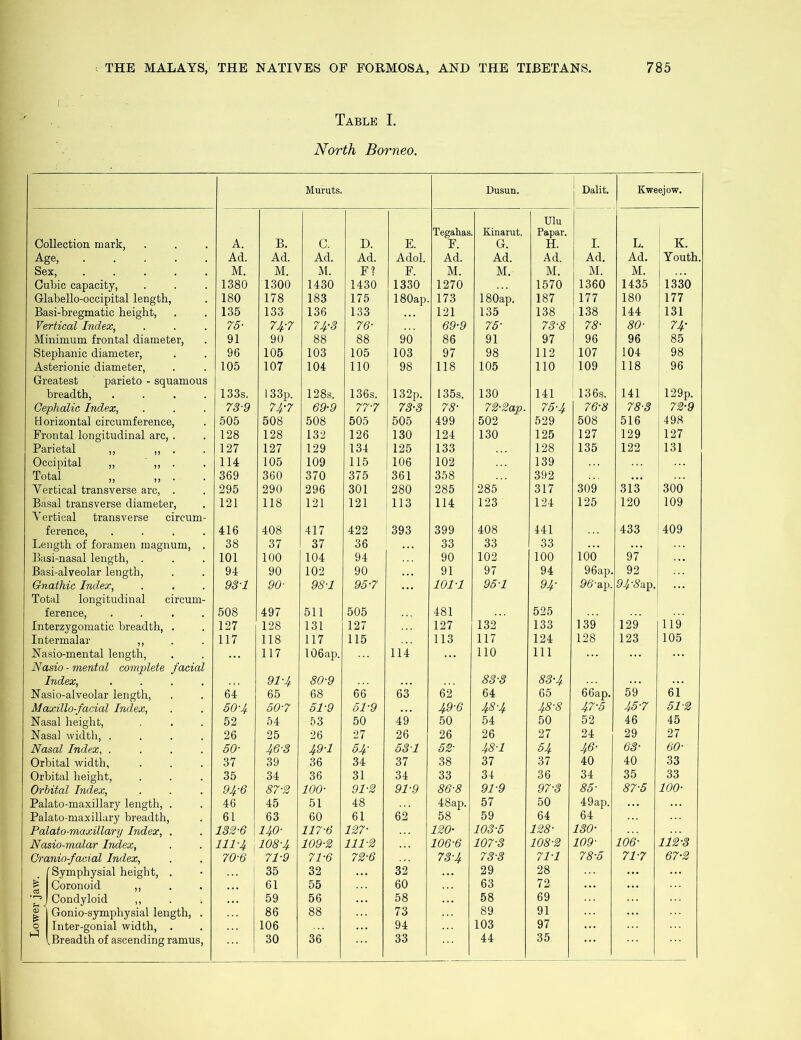Table I. North Borneo. Muruts. Dusun. Dalit. Kweejow. Collection mark, A. B. c. D. E. Tegahas. F. Kinarut, G. Ulu Papar. H. I. L. K. Age, Ad. Ad. Ad. Ad. Adol. Ad. Ad. Ad. Ad. Ad. Youth. Sex, ..... M. M. M. F1 F. M. M. M. M. M. Cubic capacity, 1380 1300 1430 1430 1330 1270 1570 1360 1435 1330 Glabello-occipital length, 180 178 183 175 180ap. 173 180ap. 187 177 180 177 Basi-bregmatic height, 135 133 136 133 121 135 138 138 144 131 Vertical Index, 75- 74-7 74-3 76- 69-9 75- 73-8 78- 80- 74- Minimum frontal diameter, 91 90 88 88 90 86 91 97 96 96 85 Stephanie diameter, 96 105 103 105 103 97 98 112 107 104 1 98 Asterionic diameter, 105 107 104 110 98 118 105 110 109 118 ! 96 Greatest parieto - squamous breadth, .... 133s. 133p. 128s. 136s. 132p. 135s. 130 141 136s. 141 129p. Cephalic Index, 73-9 74-7 69-9 77-7 73-3 78- 72-2ap. 75-4 76-8 78-3 72-9 Horizontal circumference, 505 508 508 505 505 499 502 529 508 516 498 Frontal longitudinal arc, . 128 128 132 126 130 124 130 125 127 129 127 Parietal ,, „ . . 127 127 129 134 125 133 128 135 122 131 Occipital ,, „ . 114 105 109 115 106 102 139 Total „ ,, . 369 360 370 375 361 358 392 Vertical transverse arc, . 295 290 296 301 280 285 285 317 309 313 300 Basal transverse diameter, 121 118 121 121 113 114 123 124 125 120 109 V ertical transverse circum- ference, .... 416 408 417 422 393 399 408 441 433 | 409 Length of foramen magnum, . 38 37 37 36 33 33 33 Basi-nasal length, . 101 100 104 94 90 102 100 lOo' 97 Basi-alveolar length, 94 90 102 90 91 97 94 96ap. 92 Gnathic Index, 93-1 90- 98-1 95-7 101-1 95-1 94- 96-ap. 94‘8-a.p. Total longitudinal circum- ference, .... 508 497 511 505 481 525 Interzygomatic breadth, . 127 128 131 127 127 132 133 139 129- 119 Intermalar ,, 117 118 117 115 113 117 124 128 123 105 Nasio-mental length, 117 106ap. 114 110 111 Nasio - mental complete facial Index, .... 91-4 80-9 83-3 83-4 Nasio-alveolar length, 64 65 68 66 63 62 64 65 66ap. 59 61 Maxillo-facial Index, 50-4 50-7 51-9 51-9 49-6 48-4 48-8 47-5 45-7 51-2 Nasal height, 52 54 53 50 49 50 54 50 52 46 45 Nasal width, .... 26 25 26 27 26 26 26 27 24 29 27 Nasal Index, .... 50- 46-3 49-1 54- 531 52- 48-1 54 46- 63- 60- Orbital width, 37 39 36 34 37 38 37 37 40 40 33 Orbital height, 35 34 36 31 34 33 34 36 34 35 33 Orbital Index, Palato-maxillary length, . 9f-6 87-2 100- 91-2 91-9 86-8 91-9 97-3 85- 87-5 100- 46 45 51 48 48ap. 57 50 49ap. Palato-maxillary breadth, 61 63 60 61 62 58 59 64 64 Palato-maxillary Index, . 132-6 140- 117-6 127- 120- 103-5 128- iso- Nasio-malar Index, 111-4 j 108-4 109-2 111-2 106-6 107-3 108-2 109- 106- 112-3 Craniofacial Index, 70-6 71-9 71-6 72-6 73-4 73-3 71-1 78-5 71-7 67-2 . 1 ( Symphysial height, . 35 32 32 29 28 Coronoid „ 61 55 60 63 72 rJ Condyloid ,, 59 56 58 58 69 js | Gonio-symphysial length, . 86 88 73 89 91 j Inter-gonial width, . 106 94 103 97 ^Breadth of ascending ramus, 30 36 33 44 35