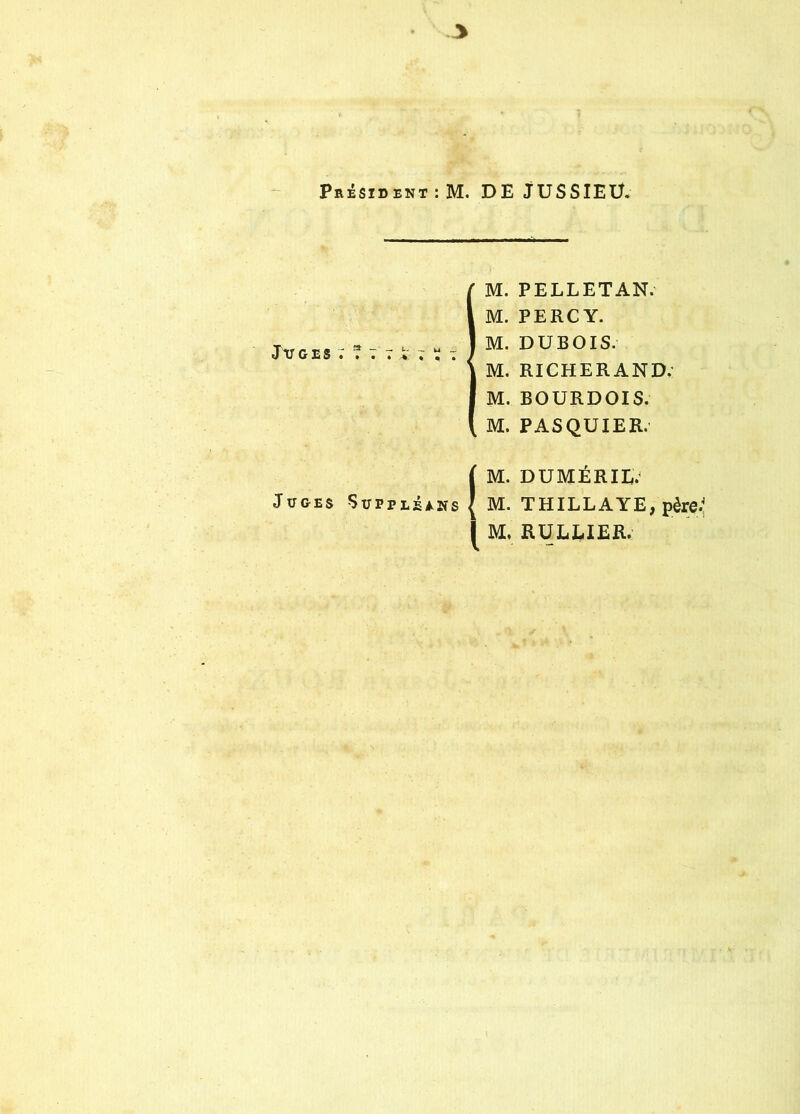 y Président : M. DE JUSSIEU. J v g e s ; ? t IM. PELLETAN. M. PERCY. M. DUBOIS. M. RICHERAND, M. B O UR DOIS. M. PASQUIER. IM. DUMÉRIE. M. THILLAYE, père.'