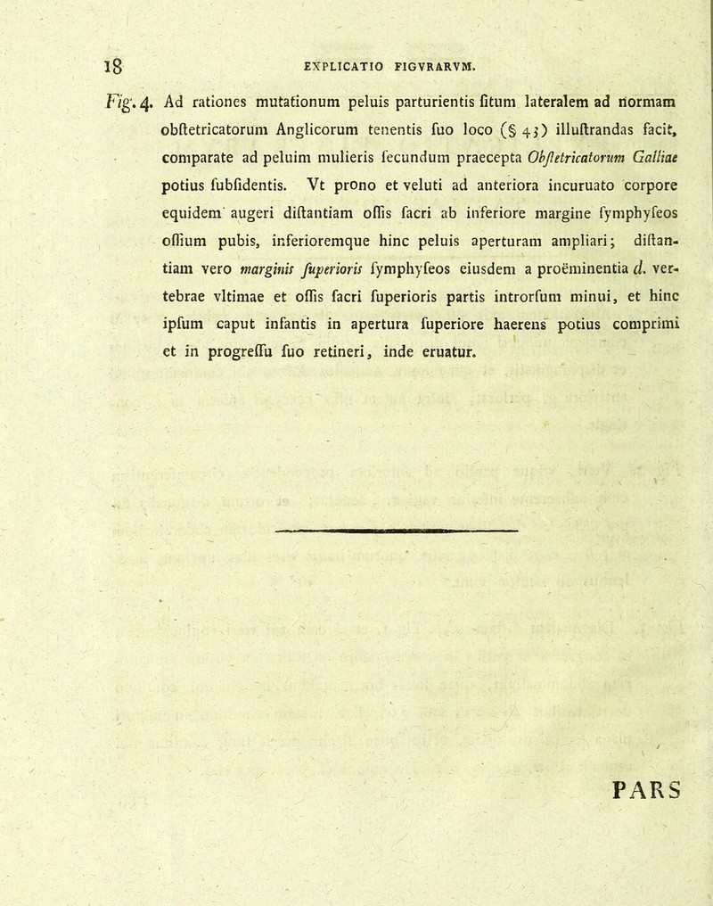 ig EXPLICATIO FIGVRARVM. Fig. 4. Ad rationes mutationum peluis parturientis fitum lateralem ad normam obftetricatorum Anglicorum tenentis fuo loco (§ 43) illuftrandas facit, comparate ad peluim mulieris fecundum praecepta Objletricaiorum Galliae potius lubfidentis. Vt prono et veluti ad anteriora incuruato corpore equidem' augeri diftantiam ollis facri ab inferiore margine fymphyfeos oflium pubis, inferioremque hinc peluis aperturam ampliari; diftan- tiam vero marginis fuperioris fymphyfeos eiusdem a proeminentia d. ver- tebrae vltimae et ollis facri fuperioris partis introrfum minui, et hinc ipfum caput infantis in apertura fuperiore haerens potius comprimi et in progrelfu fuo retineri, inde eruatur. PARS