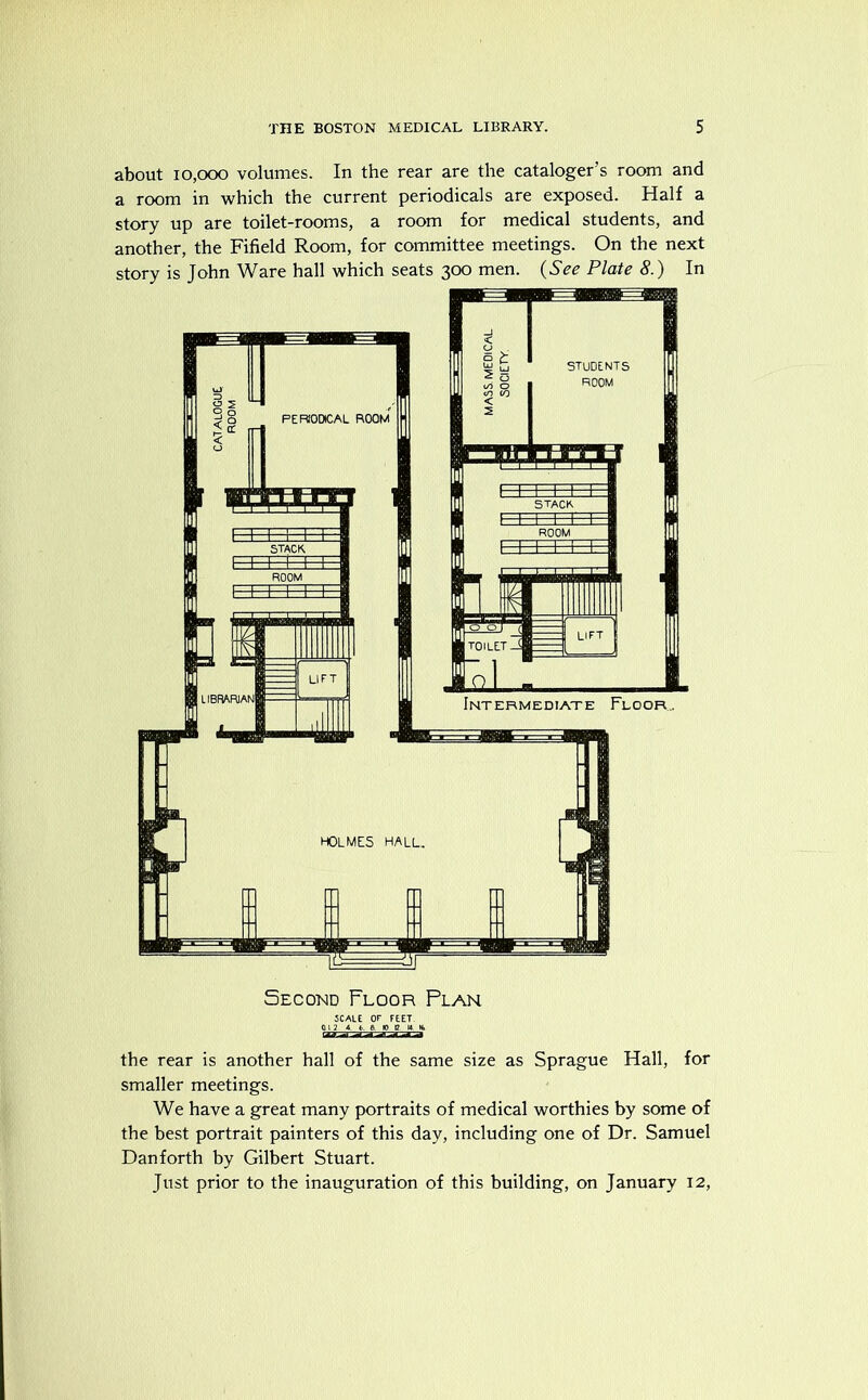 about 10,000 volumes. In the rear are the cataloger’s room and a room in which the current periodicals are exposed. Half a story up are toilet-rooms, a room for medical students, and another, the Fifield Room, for committee meetings. On the next story is John Ware hall which seats 300 men. {See Plate 8.) In Second Floor Plan SCALE OF FEET 01 2 4. fc. 8. jO C M jfc the rear is another hall of the same size as Sprague Hall, for smaller meetings. We have a great many portraits of medical worthies by some of the best portrait painters of this day, including one of Dr. Samuel Danforth by Gilbert Stuart. Just prior to the inauguration of this building, on January 12,