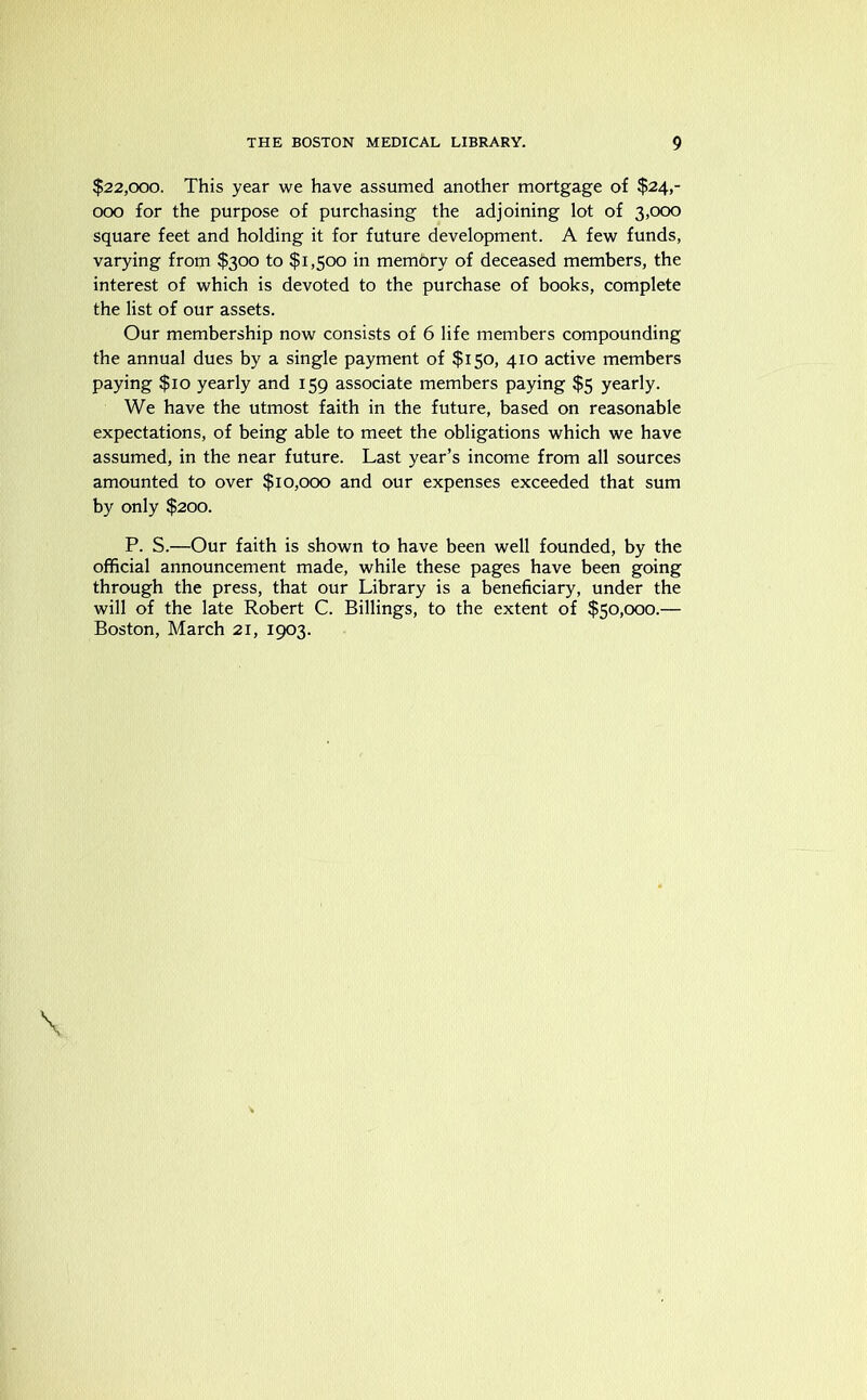 $22,000. This year we have assumed another mortgage of $24,- 000 for the purpose of purchasing the adjoining lot of 3,000 square feet and holding it for future development. A few funds, varying from $300 to $1,500 in memory of deceased members, the interest of which is devoted to the purchase of books, complete the list of our assets. Our membership now consists of 6 life members compounding the annual dues by a single payment of $150, 410 active members paying $10 yearly and 159 associate members paying $5 yearly. We have the utmost faith in the future, based on reasonable expectations, of being able to meet the obligations which we have assumed, in the near future. Last year’s income from all sources amounted to over $10,000 and our expenses exceeded that sum by only $200. P. S.—Our faith is shown to have been well founded, by the official announcement made, while these pages have been going through the press, that our Library is a beneficiary, under the will of the late Robert C. Billings, to the extent of $50,000.— Boston, March 21, 1903.