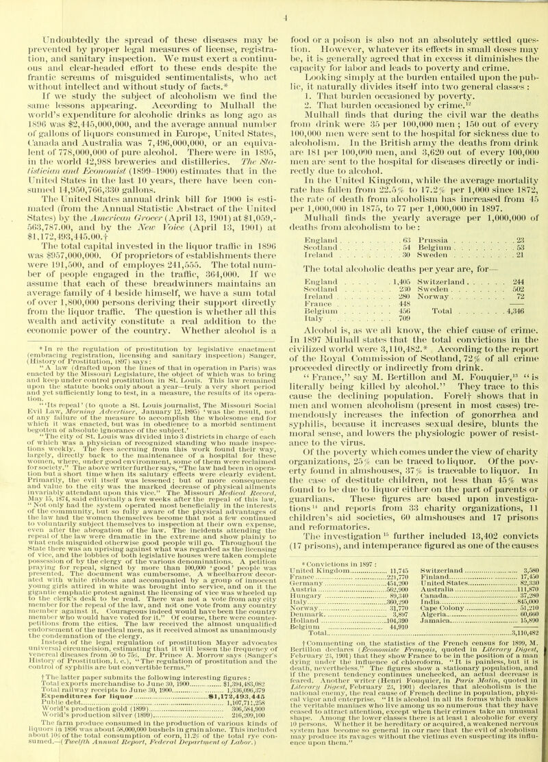 Undoubtedly the spread of these diseases may be prevented by proper legal measures of license, registra- tion, and sanitary inspection. We must exert a continu- ous and clear-headed effort to these ends despite the frantic screams of misguided sentimentalists, who act without intellect and without study of facts.* If we study the subject of alcoholism we find the same lessons appearing. According to Mulliall the world’s expenditure for alcoholic drinks as long ago as 1896 was $2,445,000,000, and the average annual number of gallons of liquors consumed in Europe, United States, Canada and Australia was 7,496,000,000, or an equiva- lent of 778,000,000 of pure alcohol. There were in 1895, in the world 42,988 breweries and distilleries. The Sta- tistician and Economist (1899-1900) estimates that in the United States in the last 10 years, there have been con- sumed 14,950,766,330 gallons. The United States annual drink hill for 1900 is esti- mated (from the Annual Statistic Abstract of the United States) by the American Grocer (April 13, 1901) at $1,059,- 563,787.00, and by the New Voice (April 13, 1901) at $1,172,493,445.00.f The total capital invested in the liquor traffic in 1896 was $957,000,000. Of proprietors of establishments there were 191,500, and of employes 241,555. The total num- ber of people engaged in the traffic, 364,000. If we assume that each of these breadwinners maintains an average family of 4 beside himself, we have a sum total of over 1,800,000 persons deriving their support directly from the liquor traffic. The question is whether all this wealth and activity constitute a real addition to the economic power of the country. Whether alcohol is a * In re the regulation of prostitution by legislative enactment (embracing registration, licensing and sanitary inspection) Sanger, (History of Prostitution, 1897) says: “A law (drafted upon the lines of that in operation in Paris) was enacted by the Missouri Legislature, the object of which was to bring and keep under control prostitution in St. Louis. This law remained upon the statute books only about a year—truly a very short period and yet sufficiently long to test, in a measure, the results of its opera- tion. “ ‘Its repeal ’ (to quote a St. Louis journalist, The Missouri Social Evil Law, Morning Advertiser, January 12,1895) ‘was the result, not of any failure of the measure to accomplish the wholesome end for which it was enacted, but was in obedience to a morbid sentiment begotten of absolute ignorance of the subject.’ “ The city of St. Louis was divided into 3 districts in charge of each of which was a physician of recognized standing who made inspec- tions weekly. The fees accruing from this work found their way, largely, directly back to the maintenance of a hospital for these women, where, under good environment, some of them were reclaimed forsoeiety.” The above writer further says, “The law had been in opera- tion but a short time when its salutary effects were clearly evident. Primarily, the evil itself was lessened; but of more consequence and value to the city was the marked decrease of physical ailments invariably attendant, upon this vice.” The Missouri Medical Record, May 15, 1874, said editorially a few weeks after the repeal of this law, “ Not only had the system operated most beneficially in the Interests of the community, but so fully aware of the physical advantages of the law had the women themselves become that not a few continued to voluntarily subject themselves to inspection at their own expense, even after the abrogation of the law. The incidents attending the repeal of the law were dramatic in the extreme and show plainly to what ends misguided otherwise good people will go. Throughout the State there was an uprising against what was regarded as the licensing of vice, and the lobbies of both legislative houses were taken complete possession of by the clergy of the various denominations. A petition praying for repeal, signed by more than 100,000 ‘ good ’ people was presented. The document was cumbersome. A wheelbarrow decor- ated with white ribbons and accompanied by a group of innocent young girls attired in white was brought into service, and on it the gigantic emphatic protest against the licensing of vice was wheeled up to the clerk’s desk to be read. There was not a vote from any city member for the repeal of the law, and not one vote from any country member against it. Courageous indeed would have been the country member who would have voted for it.” Of course, there were counter- petitions from the cities. The law received the almost unqualified endorsement of the medical men, as it received almost as unanimously the condemnation of the clergy. Instead of the legal regulation of prostitution Mayer advocates universal circumcision, estimating that it will lessen the frequency of venereal diseases from 50 to 757. Dr. Prince A. Morrow says (Sanger’s History of Prostitution,!, c.), “The regulation of prostitution and the control of syphilis are but convertible terms.” The,latter paper submits the following interesting figures: Total exports merchandise to June 30, 1900 81,394,483,082 Total railway receipts to June 30, 1900 1,336,090,379 Expenditures for liquor *1,172,403,445 Public debt 1,107,711,258 World’s production gold (1899) 306,584,900 World’s production silver (1899) 216,209,100 The farm produce consumed in the production of various kinds of liquors in 1896 was about 58,000,000 bushels in grain alone. This included about 10fi of the total consumption of corn, 11.27 of the total rye con- sumed.—( Twelfth Annual Report, Federal Department of Labor.) food or a poison is also not an absolutely settled ques- tion. However, whatever its effects in small doses may be, it is generally agreed that in excess it diminishes the capacity for labor and leads to poverty and crime. Looking simply at the burden entailed upon the pub- lic, it naturally divides itself into two general classes : 1. That burden occasioned by poverty. 2. That burden occasioned by crime.12 Mulliall linds that during the civil war the deaths from drink were 35 per 100,000 men ; 150 out of every 100,000 men were sent to the hospital for sickness due to alcoholism. In the British army the deaths from drink are 181 per 100,000 men, and 3,620 out of every 100,000 men are sent to the hospital for diseases directly or indi- rectly due to alcohol. In the United Kingdom, while the average mortality rate has fallen from 22.5 °/o to 17.2^ per 1,000 since 1872, the rate of death from alcoholism has increased from 45 per 1,000,000 in 1875, to 77 per 1,000,000 in 1897. Mulliall finds the yearly average per 1,000,000 of deaths from alcoholism to be: England . . . Prussia . . . 23 Scotland . . . 54 Belgium . . . 53 Ireland . . . 30 Sweden . . . 21 The total alc< iliolic deaths per year are , for— England . . . . . . 1,405 Switzerland . 244 Scotland . . 230 Sweden . . . 502 Ireland . . . . .... 280 Norway . . . 72 France . . . . .... 448 — Belgium . . . .... 450 Total . . 4,346 Italy .... 709 Alcohol is, as i we all know, the chief cause of crime. In 1897 Mulliall states that the total convictions in the civilized world were 3,110,482.* According to the report of the Royal Commission of Scotland, 72/<> of all crime proceeded directly or indirectly from drink. “France,” say M. Bertillon and M. Fouquier,13 “is literally being killed by alcohol.” They trace to this cause the declining population. Forelf shows that in men and women alcoholism (present in most cases) tre- mendously increases the infection of gonorrhea and syphilis, because it increases sexual desire, blunts the moral sense, and lowers the physiologic power of resist- ance to the virus. Of the poverty which comes under the view of charity organizations, 25 /o can be traced to liquor. Of the pov- erty found in almshouses, 37/o is traceable to liquor. In the case of destitute children, not less than 45ft> was found to be due to liquor either on the part of parents or guardians. These figures are based upon investiga- tions11 and reports from 33 charity organizations, 11 children’s aid societies, 60 almshouses and 17 prisons and reformatories. The investigation 15 further included 13,402 convicts (17 prisons), and intemperance figured as one of the causes * Convictions in 1897 : United Kingdom 11,745 Switzerland 3,.580 France 221,770 Finland 17,450 Germany 454,200 United States 82,330 Austria 562,900 Australia 111,870 Hungary 89,340 Canada 37,280 Italy I ndia 845,000 Norway 31,770 Cape Colony 51,210 Denmark 3,897 Algeria 60,660 Holland Belgium Total 104,390 44,910 •Jamaica 15,890 tCommenting on the statistics of the French census for 1899, M. Bertillon declares (jSconomiste Fraripais, quoted in Literary Digest, February 23, 1901) that they show France to be in the position of a man dying under the influence of chloroform. “It is painless, but it is death, nevertheless.” The figures show a stationary population, and if the present tendency continues unchecked, an actual decrease is feared. Another writer (Henri Fouquier, in Paris Matin, quoted in Literary Digest, February 23, 1901) declares that alcoholism is the national enemy, the real cause of French decline in population, physi- cal vigor and enterprise. “It is alcohol in all its forms which makes the veritable maniacs who live among us so numerous that they have ceased to attract attention, except when their crimes take an unusual shape. Among the lower classes there is at least 1 alcoholic for every 10 persons. Whether it be hereditary or acquired, a weakened nervous system has become so general in our race that the evil of alcoholism may produce its ravages without the victims even suspecting its influ- ence upon them.”