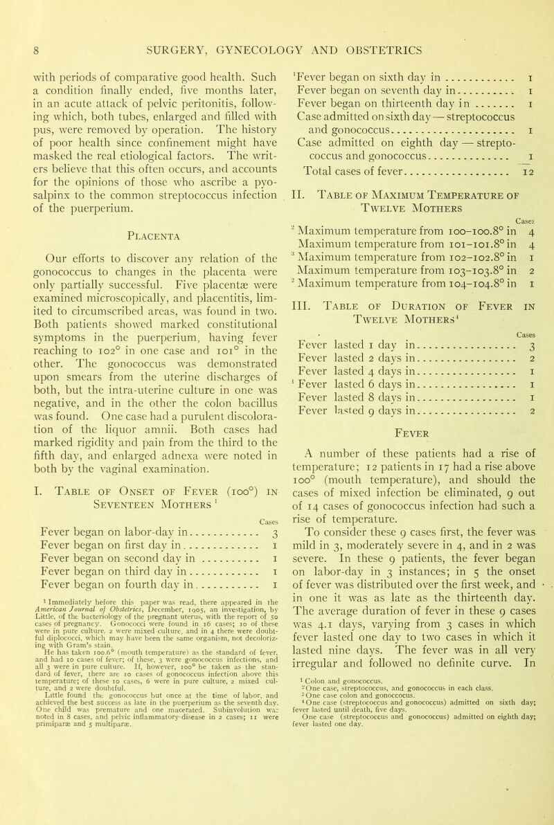 with periods of comparative good health. Such a condition finally ended, five months later, in an acute attack of pelvic peritonitis, follow- ing which, both tubes, enlarged and filled with pus, were removed by operation. The history of poor health since confinement might have masked the real etiological factors. The writ- ers believe that this often occurs, and accounts for the opinions of those who ascribe a pyo- salpinx to the common streptococcus infection of the puerperium. Placenta Our efforts to discover any relation of the gonococcus to changes in the placenta were only partially successful. Five placentas were examined microscopically, and placentitis, lim- ited to circumscribed areas, was found in two. Both patients showed marked constitutional symptoms in the puerperium, having fever reaching to 102° in one case and ioi° in the other. The gonococcus was demonstrated upon smears from the uterine discharges of both, but the intra-uterine culture in one was negative, and in the other the colon bacillus was found. One case had a purulent discolora- tion of the liquor amnii. Both cases had marked rigidity and pain from the third to the fifth day, and enlarged adnexa were noted in both by the vaginal examination. I. Table of Onset of Fever (ioo°) in Seventeen Mothers 1 * * Cases Fever began on labor-day in 3 Fever began on first day in 1 Fever began on second day in 1 Fever began on third day in 1 Fever began on fourth day in 1 1 Immediately before this paper was read, there appeared in the American Journal of Obstetrics, December, 1905, an investigation, by Little, of the bacteriology of the pregnant uterus, with the report of 50 cases of pregnancy. Gonococci were found in 16 cases; 10 of these were in pure culture, 2 were mixed culture, and in 4 there were doubt- ful diplococci, which may have been the same organism, not decoloriz- ing with Gram’s stain. He has taken 100.6° (mouth temperature) as the standard of fever, and had 10 cases of fever; of these, 3 were gonococcus infections, and all 3 were in pure culture. If, however, ioo° be taken as the stan- dard of fever, there are xo cases of gonococcus infection above this temperature; of these to cases, 6 were in pure culture, 2 mixed cul- ture, and 2 were doubtful. Little found the gonococcus but once at the time of labor, and achieved the best success as late in the puerperium as the seventh day. One child was premature and one macerated. Subinvolution war noted in 8 cases, and pelvic inflammatory-disease in 2 cases; 11 were primiparae and 5 multiparae. ‘Fever began on sixth day in i Fever began on seventh day in i Fever began on thirteenth day in i Case admitted on sixth day — streptococcus and gonococcus i Case admitted on eighth day — strepto- coccus and gonococcus 1 Total cases of fever 12 II. Table of Maximum Temperature of Twelve Mothers Cases 2 Maximum temperature from 100-100.8° in 4 Maximum temperature from ioi-ioi.8°in 4 3 Maximum temperature from 102-102.8° in 1 Maximum temperature from 103-103.8° in 2 2 Maximum temperature from 104-104.8° in 1 III. Table of Duration of Fever in Twelve Mothers4 • Cases Fever lasted 1 day in 3 Fever lasted 2 days in 2 Fever lasted 4 days in 1 1 Fever lasted 6 days in. 1 Fever lasted 8 days in 1 Fever lasted 9 days in 2 Fever A number of these patients had a rise of temperature; 12 patients in 17 had a rise above ioo° (mouth temperature), and should the cases of mixed infection be eliminated, 9 out of 14 cases of gonococcus infection had such a rise of temperature. To consider these 9 cases first, the fever was mild in 3, moderately severe in 4, and in 2 was severe. In these 9 patients, the fever began on labor-day in 3 instances; in 5 the onset of fever was distributed over the first week, and in one it was as late as the thirteenth day. The average duration of fever in these 9 cases was 4.1 days, varying from 3 cases in which fever lasted one day to two cases in which it lasted nine days. The fever was in all very irregular and followed no definite curve. In 1 Colon and gonococcus. 2One case, streptococcus, and gonococcus in each class. 3 One case colon and gonoccocus. 4 One case (streptococcus and gonococcus) admitted on sixth day; fever lasted until death, five days. One case (streptococcus and gonococcus) admitted on eighth day; fever lasted one day.