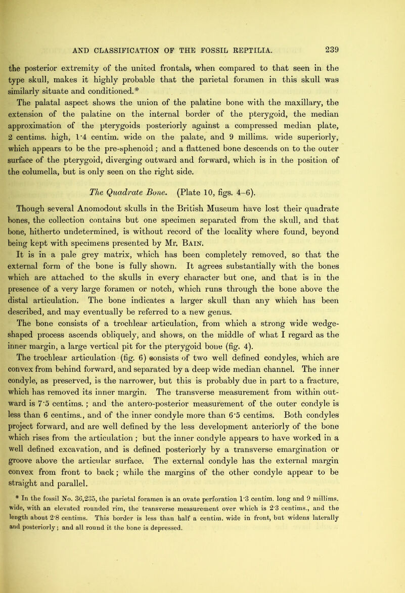 the posterior extremity of the united frontals, when compared to that seen in the type skull, makes it highly probable that the parietal foramen in this skull was similarly situate and conditioned.^ The palatal aspect shows the union of the palatine bone with the maxillary, the extension of the palatine on the internal border of the pterygoid, the median approximation of the pterygoids posteriorly against a compressed median plate, 2 centims. high, 1’4 centim. wide on the palate, and 9 millims. wide superiorly, which appears to be the pre-sphenoid; and a flattened bone descends on to the outer surface of the pterygoid, diverging outward and forward, w^hich is in the position of the columella, but is only seen on the right side. The Quadrate Bone. (Plate 10, figs. 4-6). Though several Anomodont skulls in the British Museum have lost their quadrate bones, the collection contains but one specimen separated from the skull, and that bone, hitherto undetermined, is without record of the locality where found, beyond being kept with specimens presented by Mr. Bain. It is in a pale grey matrix, which has been completely removed, so that the external form of the bone is fully shown. It agrees substantially with the bones which are attached to the skulls in eYery character but one, and that is in the presence of a very large foramen or notch, which runs through the bone above the distal articulation. The bone indicates a larger skull than any which has been described, and may eventually be referred to a new genus. The bone consists of a trochlear articulation, from which a strong wide wedge- shaped process ascends obliquely, and shows, on the middle of what I regard as the inner margin, a large vertical pit for the pterygoid bone (fig. 4). The trochlear articulation (fig. 6) eonsists of two well defined condyles, which are convex from behind forward, and separated by a deep wide median channel. The inner condyle, as preserved, is the narrower, but this is probably due in part to a fracture, which has removed its inner margin. The transverse measurement from within out- ward is 7’5 centims. ; and the antero-posterior measurement of the outer condyle is less than 6 centims., and of the inner condyle more than 6'5 centims. Both condyles project forward, and are well defined by the less development anteriorly of the bone which rises from the articulation ; but the inner condyle appears to have worked in a well defined excavation, and is defined posteriorly by a transverse emargination or groove above the articular surface. The external condyle has the external margin convex from front to back; while the margins of the other condyle appear to be straight and parallel. * In tlie fossil No. 30,235, the parietal foramen is an ovate perforation 1'3 centim. long and 9 millims. wide, with an elevated rounded rim, the transverse measurement over which is 2'3 centims., and the length about 2'8 centims. This border is less than half a centim. wide in front, but widens laterally and posteriorly; and all round it the bone is depressed.