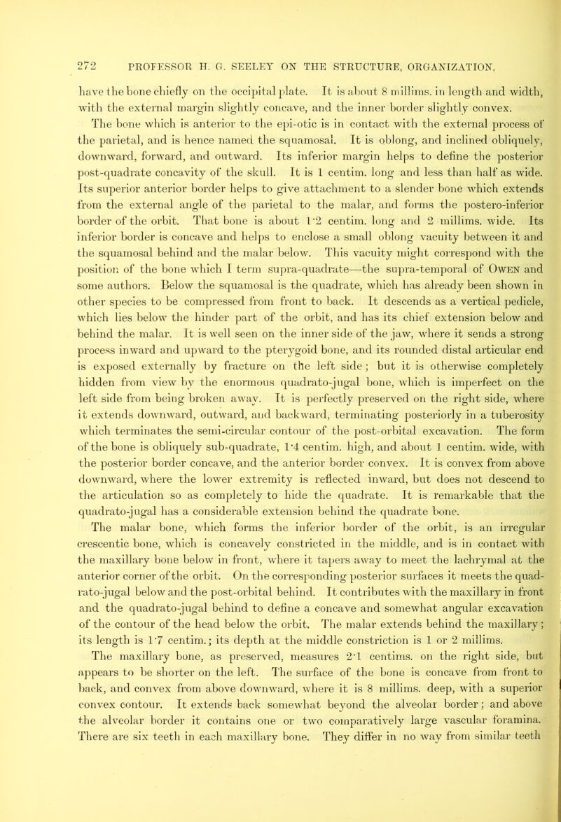 have the bone chiefly on the occipital plate. It is about 8 milliins. in length and width, with the external margin slightly concave, and the inner border slightly convex. The bone which is anterior to the epi-otic is in contact with the external process of the parietal, and is hence named the squamosal. It is oblong, and inclined obliquely, downward, forward, and outward. Its inferior margin helps to define the posterior post-c[uadrate concavity of the skull. It is 1 centim. long and less than half as wide. Its superior anterior border helps to give attachment to a slender bone which extends from the external angle of the parietal to the malar, and forms the postero-inferior border of the orbit. That bone is about 1'2 centim. long and 2 millims. wide. Its inferior border is concave and helps to enclose a small oblong vacuity between it and the squamosal behind and the malar below. This vacuity might correspond with the position of the bone which I term supra-quadrate—the supra-temporal of Owen and some authors. Below the squamosal is the quadrate, which has already been shown in other species to be compressed from front to back. It descends as a vertical pedicle, which lies below the hinder part of the orbit, and has its chief extension below and behind the malar. It is well seen on the inner side of the jaw, where it sends a strong process inward and upward to the pterygoid bone, and its rounded distal articular end is exposed externally by fracture on the left side ; but it is otherwise completely hidden from view by the enormous quadrato-jugal bone, which is imperfect on the left side from being broken away. It is perfectly preserved on the right side, where it extends downward, outward, and backward, terminating posteriorly in a tuberosity which terminates the semi-circular contour of the post-orbital excavation. The form of the bone is obliquely sub-quadrate, 1’4 centim. high, and about 1 centim. wide, with the posterior border concave, and the anterior border convex. It is convex from above downward, where the lower extremity is reflected inward, but does not descend to the articulation so as completely to hide the quadrate. It is remarkable that the quadrato-jugal has a considerable extension behind the quadrate bone. The malar bonej which forms the inferior border of the orbit, is an irregular crescentic bone, which is concavely constricted in the middle, and is in contact with the maxillary bone below in front, where it tapers away to meet the lachrymal at the anterior corner of the orbit. On the corresponding posterior surfaces it meets the quad- rato-jugal below and the post-orbital behind. It contributes with the maxillary in front and the quadrato-jugal behind to define a concave and somewhat angular excavation of the contour of the head below the orbit. The malar extends behind the maxillary ; its length is 1'7 centim.; its depth at the middle constriction is 1 or 2 millims. The maxillary bone, as preserved, measures 2T centims. on the right side, but appears to be shorter on the left. The surface of the bone is concave from front to back, and convex from above downward, where it is 8 millims. deep, with a superior convex contour. It extends back somewhat beyond the alveolar border; and above the alveolar border it contains one or two comparatively large vascular foramina. There are six teeth in each maxillary bone. They dilfer in no way from similar teeth